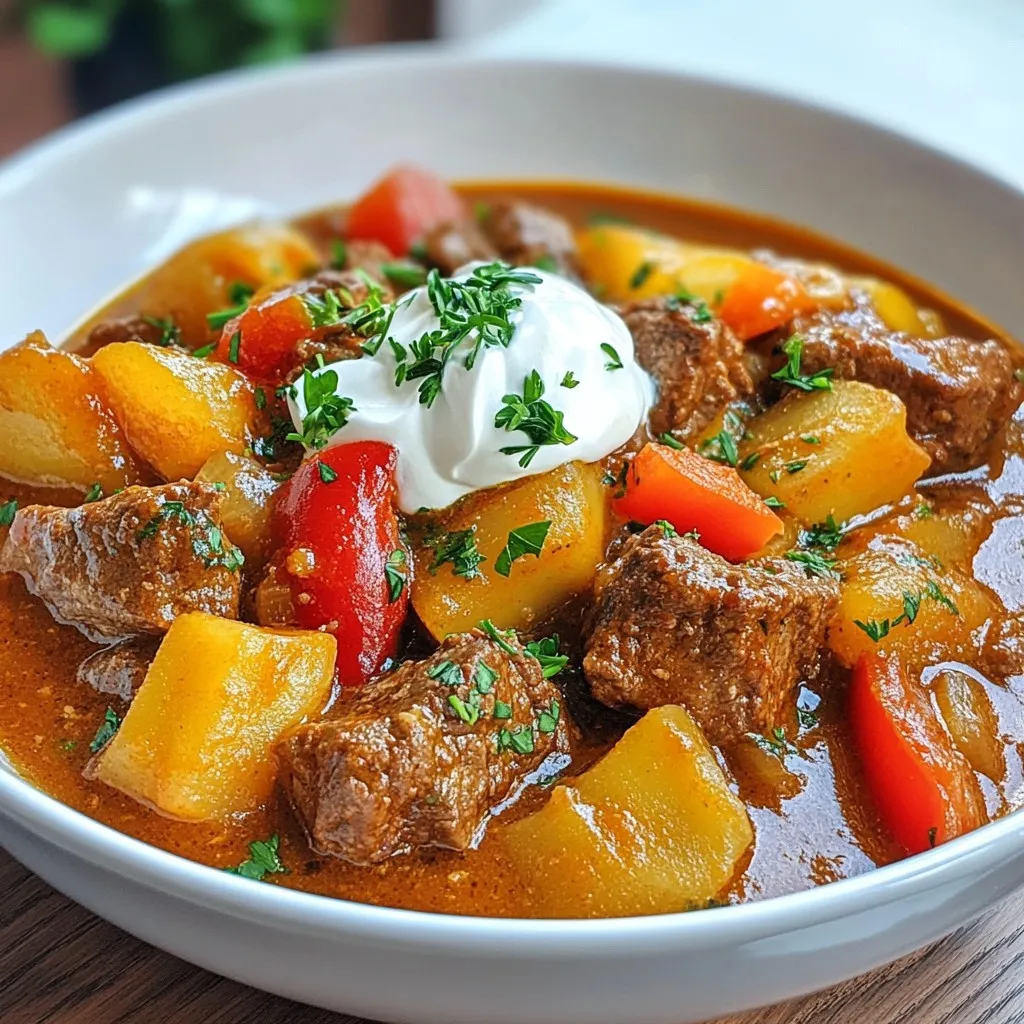 - 1 kg beef shoulder, cut into 2.5 cm cubes - 2 tablespoons vegetable oil - 2 large onions, finely chopped - 3 garlic cloves, minced - 2 tablespoons sweet paprika - 1 teaspoon caraway seeds - 1 teaspoon dried thyme - 1 red bell pepper, diced - 500 ml beef broth - 200 ml sour cream - 2 tablespoons all-purpose flour - Salt and pepper to taste - Fresh parsley for garnish For this recipe, you can swap beef shoulder with chuck or brisket. These cuts work well in stews. If you prefer a lighter touch, chicken can also be used. Use boneless thighs or breasts. For the sour cream, you can try Greek yogurt as a substitute. It adds a nice tang. If you want to skip the flour, cornstarch can thicken the sauce, too. Mix one tablespoon of cornstarch with cold water before stirring it in. High-quality ingredients truly make a difference in Rahmgulasch. Fresh beef adds rich flavor and tenderness. Using good paprika enhances the dish's color and taste. Fresh garlic and onions bring depth and aroma. Always choose ingredients you trust. They will elevate your cooking and make your meal shine. Investing in quality ingredients is essential for authentic taste. {{ingredient_image_2}} Start with 1 kg of beef shoulder. Cut it into 2.5 cm cubes. This size helps the meat cook evenly. Next, gather your vegetables. You’ll need 2 large onions and 3 garlic cloves. Chop them finely. Also, cut 1 red pepper into small cubes. These flavors will make your dish shine. In a heavy pot, heat 2 tablespoons of vegetable oil. Use medium to high heat. Add the beef cubes in batches. Brown them on all sides. This step adds flavor. Once browned, take the beef out and set it aside. In the same pot, add the chopped onions. Cook them for about 5 minutes until they look glassy. Then, add the garlic and cook for another minute. The aroma will fill your kitchen. Now, sprinkle in 2 tablespoons of sweet paprika, 1 teaspoon of cumin seeds, and 1 teaspoon of dried thyme. Stir the mixture for about 30 seconds. This helps release the spices' full flavors. Add the beef back into the pot along with the red pepper. Stir everything together well. Pour in 500 ml of beef broth. Make sure the meat is fully covered. Bring the mixture to a boil. Once boiling, reduce the heat. Cover the pot and let it simmer for 1.5 to 2 hours. This slow cooking will make the meat tender and juicy. After the meat is cooked, mix 200 ml of sour cream with 2 tablespoons of all-purpose flour in a small bowl. Create a smooth paste. Slowly add this paste to the pot, stirring gently to avoid curdling. Let it simmer for another 5 to 10 minutes. The sauce will thicken nicely. Finally, season with salt and pepper to taste. Your Rahmgulasch is now ready to serve! To make your beef tender, start with good cuts like shoulder. Cut the meat into even cubes. This helps it cook evenly. Browning the meat first adds flavor and locks in juices. After that, simmering it slowly in broth breaks down tough fibers. Cook it low and slow for about 1.5 to 2 hours. You will enjoy melt-in-your-mouth beef. Spices make this dish shine! Sweet paprika gives a rich color and taste. Cumin seeds add an earthy note. Don't forget the dried thyme; it brings warmth to the dish. I also love adding a diced red pepper. It adds sweetness and color. Stir these spices into the onion and garlic mix. This helps release their full flavor before adding the beef. Many home cooks rush the browning step. Take your time; good color means good flavor. Also, don’t skip simmering. It’s key for tender meat. Adding sour cream too fast can curdle it. Mix it with flour first for a smooth sauce. Finally, taste and adjust your seasonings. A little salt or pepper can make a big difference! Pro Tips Choose the Right Cut: For a tender and flavorful goulash, use cuts like beef shoulder or chuck, which become succulent when slow-cooked. Brown the Meat Properly: Ensure the meat is well-browned before simmering; this step enhances the flavor of the dish significantly. Gently Incorporate Sour Cream: When adding sour cream, do so gradually and stir gently to prevent curdling in the hot sauce. Let it Rest: Allow the goulash to rest for a few minutes after cooking; this helps the flavors meld together for a more delicious result. {{image_4}} If you want to switch the meat, try pork or chicken. Both work great in this dish. Pork shoulder gives a nice flavor, while chicken thighs stay tender. You can even use turkey for a leaner choice. Just adjust the cooking time based on the meat you choose. Pork may take a little longer, while chicken cooks faster. For a vegetarian or vegan version, swap the beef for hearty mushrooms or jackfruit. Both give a rich texture. Use vegetable broth in place of beef broth. Replace sour cream with a vegan option made from cashews or coconut. You can also add more veggies like carrots and peas for extra flavor and color. Follow the same steps as the original recipe for a delicious twist. This dish shines when served with sides. Try it with crusty bread for sopping up the sauce. Egg noodles are also a favorite and add a nice touch. For a lighter option, serve it over mashed potatoes or rice. Garnish with fresh parsley for a bright look. Consider a side salad to balance the richness of the goulash. Each option enhances your meal experience and makes it more enjoyable. To keep your Rahmgulasch fresh, cool it down quickly. Transfer it to an airtight container. Store it in the fridge for up to three days. Make sure to label the container with the date. Keep it away from strong-smelling foods to avoid flavor mixing. When you're ready to enjoy leftovers, reheat them on the stovetop. Use low to medium heat. Stir often to prevent sticking. If the sauce seems thick, add a splash of beef broth or water. You can also reheat in the microwave. Use a microwave-safe bowl and cover it loosely. Heat in short bursts and stir in between. Freezing Rahmgulasch is a great option for meal prep. Allow it to cool completely before freezing. Use freezer-safe containers or heavy-duty bags. Remove as much air as possible to prevent freezer burn. Label the bags with the date and contents. You can freeze it for up to three months. When ready to eat, thaw it in the fridge overnight before reheating. Rahmgulasch is a creamy beef stew from Germany. It features tender beef, onions, and spices. The dish gets its rich flavor from sweet paprika and sour cream. It's perfect for cold days and pairs well with bread or noodles. You can store Rahmgulasch in the fridge for up to three days. Make sure to let it cool first. For longer storage, you can freeze it for up to three months. Just remember to use an airtight container. Yes, you can make Rahmgulasch in a slow cooker. Start by browning the beef on the stove. Then, add all ingredients to the slow cooker. Cook on low for six to eight hours. This method will make the meat very tender. Rahmgulasch pairs well with various sides. Here are a few ideas: - Crusty bread - Egg noodles - Mashed potatoes - Rice These sides soak up the delicious sauce. To adjust spice levels, you can add more or less paprika. If you want it mild, use less paprika. For more heat, consider adding a pinch of cayenne pepper. Always taste as you go to find your perfect balance. In this article, we explored how to make authentic German Rahmgulasch. We covered essential ingredients, preparation steps, tips for tenderizing beef, and variations you can try. Quality ingredients truly make a difference, so choose wisely. Remember to avoid common mistakes for the best flavor. Also, be creative with protein options and serving methods. With proper storage and reheating, your leftovers can stay delicious. Enjoy this comforting dish, and don’t hesitate to experiment with your favorite flavors!