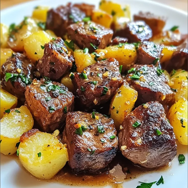Here’s what you need for Garlic Butter Beef Bites with Potatoes: - 1 lb (450g) beef sirloin, cut into bite-sized cubes - 2 cups baby potatoes, halved - 4 tablespoons unsalted butter - 5 cloves garlic, minced - 1 teaspoon fresh rosemary, finely chopped - 1 teaspoon fresh thyme, finely chopped - Salt and pepper to taste - 1 tablespoon olive oil - Fresh parsley, chopped, for garnish This list packs a punch of flavor! The beef sirloin gives a tender bite, while baby potatoes add a comforting base. Unsalted butter and garlic bring richness and aroma. Fresh herbs like rosemary and thyme enhance the dish's taste. Olive oil helps the potatoes roast perfectly. Finally, salt and pepper are key for seasoning, and fresh parsley adds the finishing touch. With these ingredients, you can create a dish that is both hearty and delicious. Feel free to explore and adjust the herbs or seasoning to match your taste. Enjoy cooking! {{ingredient_image_2}} Set your oven to 400°F (200°C). This heat helps the potatoes roast well and become crispy. In a big bowl, mix the halved baby potatoes with olive oil. Add a pinch of salt and pepper. Toss in the fresh chopped rosemary and thyme. Mix everything until the potatoes are covered in seasoning. Spread the seasoned potatoes on a baking sheet in a single layer. Roast them in the oven for 20-25 minutes. Flip them halfway to ensure even browning. They should be golden and tender when done. While the potatoes roast, season your beef cubes with salt and pepper. Make sure to coat them well for the best flavor. In a large skillet, melt the butter over medium heat. Add minced garlic and sauté for about one minute until it smells great. Increase the heat to high and add the beef cubes. Sear them for 2-3 minutes on each side. Look for a nice brown crust and cook them to your liking. Once the beef is cooked, remove it from heat. Toss the beef cubes in the garlic butter, making sure they are well coated. Take the roasted potatoes out of the oven. Optionally, you can add a little extra salt to the potatoes. Serve the beef bites alongside the potatoes. Garnish with fresh chopped parsley for a colorful touch. Enjoy your meal! For this dish, I recommend using beef sirloin. It has great flavor and tenderness. Look for a cut with some marbling. This adds juiciness to the beef bites. Trim off any excess fat before cutting it into cubes. This makes cooking easier and keeps the dish healthy. Use baby potatoes for a soft and creamy texture. Halve them for even cooking. Toss the potatoes with olive oil, salt, and herbs. This gives them a tasty flavor. Spread them on a baking sheet in a single layer. Flip them halfway through cooking. This helps them brown evenly and prevents sticking. When seasoning, taste as you go. Start with salt and pepper, then add herbs. Fresh rosemary and thyme work well in this dish. If you want a kick, try adding red pepper flakes. For a richer taste, consider adding garlic powder or onion powder. This way, you can find the perfect balance for your palate. Pro Tips Rest the Beef: Allow the seared beef to rest for a few minutes before serving. This helps retain the juices, resulting in a more tender and flavorful bite. Use High Heat: For a perfect sear on the beef, make sure your skillet is hot enough. This creates a nice crust while keeping the inside juicy. Experiment with Herbs: Feel free to mix and match herbs according to your preference. Thyme, oregano, or tarragon can all bring a unique flavor to the dish. Garnish Strategically: When garnishing with parsley, consider using a mix of parsley and other fresh herbs to add color and complexity to your dish. {{image_4}} You can swap baby potatoes for other veggies. Try carrots, green beans, or bell peppers. Cut them to a similar size for even cooking. The flavors will change but stay delicious. Each vegetable brings a new taste and texture to the dish. Add unique spices to your beef bites. Consider smoked paprika, cumin, or chili powder. These spices can give your dish a bold twist. You can also try sauces like teriyaki or barbecue. Brush them on the beef while cooking for extra flavor. Serve garlic butter beef bites with a fresh salad or steamed vegetables. Rice or crusty bread also works well. Each side will complement the rich flavors of the beef and potatoes. Create a balanced meal with a mix of textures and tastes. Store any leftovers in the fridge for up to three days. You can make a tasty sandwich with the beef bites. Just add some cheese and veggies. Or, toss the beef and potatoes into a stir-fry for a quick meal. The options are endless! To keep your garlic butter beef bites with potatoes fresh, store them in an airtight container. Place the beef and potatoes together if you can. They taste best within three days. Make sure to let them cool down before sealing the container. This helps keep their flavor intact. When you're ready to enjoy leftovers, use a skillet or microwave. If using a skillet, add a bit of butter over medium heat. Heat until warm, stirring occasionally. If you prefer a microwave, place the beef and potatoes on a microwave-safe plate. Cover with a damp paper towel and heat in 30-second bursts until hot. Be careful not to overheat, or the beef may dry out. You can freeze the beef bites and potatoes if you want to save them for later. Place them in a freezer-safe bag or container. Make sure to remove as much air as possible. They can stay fresh for up to three months. To thaw, move them to the fridge a day before you plan to eat them. Reheat as mentioned above for the best results. Yes, you can prepare the beef and potatoes ahead. Cook the beef bites and roast the potatoes. Let them cool and store them in the fridge. When you're ready to eat, just reheat in the oven. This keeps the flavors fresh. If you want to swap out beef sirloin, try using tender cuts like filet mignon or ribeye. You can also use chicken or pork for a different taste. Just make sure to adjust cooking times based on the meat. To keep the beef tender, do not overcook it. Sear it quickly at high heat. Let the beef rest for a few minutes after cooking. This helps the juices stay inside, making it juicy and tender. Absolutely! You can add carrots, bell peppers, or broccoli. Toss them in with the potatoes. Just cut them into similar sizes for even cooking. This adds color and nutrition to the meal. This recipe is naturally gluten-free! All the ingredients are safe for gluten-sensitive diets. Just double-check any store-bought items, like butter, to ensure they are gluten-free. Enjoy this dish worry-free! This blog post showed you how to make a tasty beef and potato dish. We covered all the ingredients, from beef sirloin to fresh herbs. The step-by-step guide made the cooking easy. You learned tips for choosing beef and getting perfect potatoes. We also shared fun ways to change the recipe and store leftovers. Cooking can be simple and satisfying with the right steps. Enjoy creating this dish and making it your own!