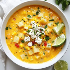 To make Mexican Street Corn Chowder, you will need: - 4 cups fresh corn kernels (or frozen corn if fresh is not available) - 1 medium onion, finely diced - 2 cloves garlic, minced - 1 medium red bell pepper, diced - 2 medium potatoes, peeled and cubed into bite-sized pieces - 4 cups vegetable broth - 1 cup coconut milk (for a creamy texture) or heavy cream for a richer flavor - 1 teaspoon smoked paprika - 1 teaspoon ground cumin - Salt and pepper to taste - 1/2 cup fresh cilantro, chopped (plus extra for garnish) - 1/2 cup queso fresco, crumbled (for topping) - Lime wedges (for serving) You can make swaps to fit your taste or pantry. Use: - Canned corn instead of fresh or frozen. - Any onion type, such as yellow or sweet. - Swap potatoes for sweet potatoes for a sweeter taste. - Use almond milk or oat milk instead of coconut milk for a lighter chowder. - If you want it dairy-free, skip the queso fresco or use a dairy-free cheese. Fresh ingredients make a huge difference. Here are some tips: - Visit local farmers' markets for fresh corn and herbs. - Check for seasonal produce at your grocery store. - Choose corn with bright kernels and husks that are moist. - Look for firm, unblemished potatoes and vibrant bell peppers. - Always smell your herbs; they should smell fresh and strong. These tips help you find the best ingredients for a delicious chowder. {{ingredient_image_2}} First, you need a large pot to start your chowder. Heat 1 tablespoon of olive oil over medium heat. Once the oil shimmers, add 1 medium onion that you have diced. Saut&eacute; the onion for about 5 minutes until it turns soft and clear. Then, add 2 cloves of minced garlic and 1 diced red bell pepper. Cook this mix for another 2 to 3 minutes. Stir it often until the bell pepper softens and gives off a nice scent. Next, it&rsquo;s time to add the main ingredients. Toss in 4 cups of fresh corn kernels, or frozen if needed, along with 2 cubed potatoes. Season this mix with 1 teaspoon of smoked paprika and 1 teaspoon of ground cumin. Don&rsquo;t forget to add a good pinch of salt and pepper. Stir everything well to combine. Now, pour in 4 cups of vegetable broth. Turn the heat up until it all comes to a boil. Once it&rsquo;s bubbling, lower the heat and let it simmer for about 20 minutes. This is when the potatoes cook through. Check them with a fork; they should be tender. After the potatoes are ready, carefully take out half of the chowder and blend it until smooth. You can use a regular blender or an immersion blender for this. Once blended, put the smooth mixture back into the pot with the remaining chowder. To finish, stir in 1 cup of coconut milk for a nice creamy texture. Add 1/2 cup of chopped cilantro and let the chowder cook for another 5 minutes. This lets all the flavors mix well. Now, taste your chowder. Adjust the seasoning with more salt, pepper, or a splash of lime juice for extra flavor. When ready to serve, ladle the chowder into bowls. Top each bowl with crumbled queso fresco and extra cilantro. Don&rsquo;t forget the lime wedges on the side for a fresh kick! To make Mexican street corn chowder pop, you can add more spices. Try adding cayenne pepper for some heat. It gives a nice kick to the chowder. You can also mix in chili powder for a smoky flavor. A dash of coriander can add a fresh taste as well. Don't be shy to play with spices! The way you present your chowder matters. Use colorful bowls to make the dish stand out. Top each bowl with crumbled queso fresco and fresh cilantro. This adds color and texture. You can also serve lime wedges on the side. Guests can squeeze lime juice over their chowder for added flavor. It brightens the dish and makes it more refreshing. When cooking chowder, watch out for overcooking the potatoes. They should be tender but not mushy. If you blend too much of the chowder, it can become too thick. Aim for a balance of creamy and chunky. Lastly, don&rsquo;t forget to taste as you cook. This helps you adjust salt and spices. Enjoy the journey of flavor! Pro Tips Use Fresh Corn: For the best flavor, use fresh corn kernels when in season. They add a natural sweetness and vibrant texture to the chowder. Customize the Creaminess: Adjust the creaminess of the chowder to your liking by varying the amount of coconut milk or heavy cream. For a lighter version, use more vegetable broth. Add a Kick: If you enjoy a bit of heat, consider adding diced jalape&ntilde;os or a pinch of cayenne pepper to the chowder for an extra kick of flavor. Leftovers Make Great Fritters: Transform any leftover chowder into delicious corn fritters by mixing it with flour and frying small patties until golden brown. {{image_4}} You can easily make this chowder vegan. Use coconut milk instead of heavy cream. It gives a rich texture without dairy. For added creaminess, blend in soaked cashews. They blend smoothly and add healthy fats. You can even skip the cheese or use a vegan cheese alternative. This way, everyone can enjoy the dish. Want to boost the nutrition? Add protein like black beans or chickpeas. They mix well and add fiber. For more veggies, toss in chopped zucchini or spinach. These options make the chowder heartier. You can also add cooked chicken or shrimp for a meatier dish. Feel free to play with flavors and textures. If you love spice, add diced jalape&ntilde;os when cooking. You can also sprinkle in cayenne pepper for more heat. Start with a little, then taste it. You can always add more. For a smoky flavor, consider chipotle peppers. They give a nice kick and depth to the chowder. Adjust the heat to match your taste and enjoy! To keep your chowder fresh, let it cool first. Once cool, transfer it to an airtight container. This helps keep the flavors intact. Store the container in the fridge. You can enjoy it for up to four days. When you&rsquo;re ready to eat, just reheat it on the stove or in the microwave. You can also freeze this chowder for later. Use a freezer-safe container or a zip-top bag. Be sure to leave some space for the chowder to expand. It can last up to three months in the freezer. To reheat, thaw it overnight in the fridge. Warm it gently on the stove, stirring often. This keeps it creamy and delicious. Most of the ingredients in this chowder have a good shelf life. Fresh corn lasts about a week in the fridge. Potatoes can stay fresh for weeks if stored in a cool, dark place. Coconut milk can last for a few months if unopened. Once opened, use it within a week. Always check for spoilage before using any ingredient. Mexican Street Corn Chowder takes inspiration from elote, a popular street food in Mexico. Elote features grilled corn on the cob, slathered in creamy toppings and spices. This chowder captures those flavors and transforms them into a warm, comforting dish. It combines fresh corn with spices like smoked paprika and cumin, offering a taste of Mexico in every spoonful. This chowder is perfect for chilly nights or gatherings, bringing a festive vibe to your table. Yes, you can use canned corn! Canned corn makes this dish quicker. Just drain and rinse the corn before adding it to the pot. You will need about 3 cups of canned corn to match the 4 cups of fresh corn. While fresh corn gives a sweet crunch, canned corn still works well. It will save you time and effort while still allowing you to enjoy delicious chowder. To spice up your chowder, you have a few options. Try adding diced jalape&ntilde;os or serrano peppers during the saut&eacute; step. You can also mix in cayenne pepper or crushed red pepper flakes for a kick. If you prefer heat without altering the main flavors, add a dash of hot sauce when serving. Adjust to your taste, and remember, you can always start with a little heat and add more as needed. Enjoy experimenting with different spice levels! We covered a lot about making delicious chowder. You now know the best ingredients, with tips on sourcing fresh items. I showed you step-by-step instructions for a smooth cooking process. Remember to avoid common mistakes and try different variations. Storing may seem tricky, but it's easy with these guidelines. Now, it&rsquo;s time to enjoy your homemade chowder. Feel free to get creative with flavors and ingredients. Cooking can be fun!