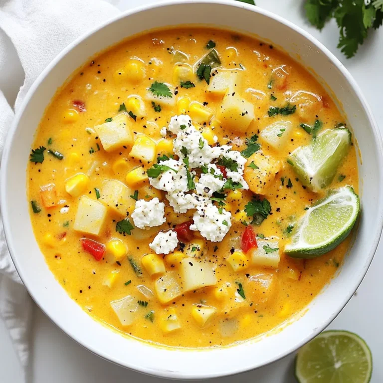 To make Mexican Street Corn Chowder, you will need: - 4 cups fresh corn kernels (or frozen corn if fresh is not available) - 1 medium onion, finely diced - 2 cloves garlic, minced - 1 medium red bell pepper, diced - 2 medium potatoes, peeled and cubed into bite-sized pieces - 4 cups vegetable broth - 1 cup coconut milk (for a creamy texture) or heavy cream for a richer flavor - 1 teaspoon smoked paprika - 1 teaspoon ground cumin - Salt and pepper to taste - 1/2 cup fresh cilantro, chopped (plus extra for garnish) - 1/2 cup queso fresco, crumbled (for topping) - Lime wedges (for serving) You can make swaps to fit your taste or pantry. Use: - Canned corn instead of fresh or frozen. - Any onion type, such as yellow or sweet. - Swap potatoes for sweet potatoes for a sweeter taste. - Use almond milk or oat milk instead of coconut milk for a lighter chowder. - If you want it dairy-free, skip the queso fresco or use a dairy-free cheese. Fresh ingredients make a huge difference. Here are some tips: - Visit local farmers' markets for fresh corn and herbs. - Check for seasonal produce at your grocery store. - Choose corn with bright kernels and husks that are moist. - Look for firm, unblemished potatoes and vibrant bell peppers. - Always smell your herbs; they should smell fresh and strong. These tips help you find the best ingredients for a delicious chowder. {{ingredient_image_2}} First, you need a large pot to start your chowder. Heat 1 tablespoon of olive oil over medium heat. Once the oil shimmers, add 1 medium onion that you have diced. Sauté the onion for about 5 minutes until it turns soft and clear. Then, add 2 cloves of minced garlic and 1 diced red bell pepper. Cook this mix for another 2 to 3 minutes. Stir it often until the bell pepper softens and gives off a nice scent. Next, it’s time to add the main ingredients. Toss in 4 cups of fresh corn kernels, or frozen if needed, along with 2 cubed potatoes. Season this mix with 1 teaspoon of smoked paprika and 1 teaspoon of ground cumin. Don’t forget to add a good pinch of salt and pepper. Stir everything well to combine. Now, pour in 4 cups of vegetable broth. Turn the heat up until it all comes to a boil. Once it’s bubbling, lower the heat and let it simmer for about 20 minutes. This is when the potatoes cook through. Check them with a fork; they should be tender. After the potatoes are ready, carefully take out half of the chowder and blend it until smooth. You can use a regular blender or an immersion blender for this. Once blended, put the smooth mixture back into the pot with the remaining chowder. To finish, stir in 1 cup of coconut milk for a nice creamy texture. Add 1/2 cup of chopped cilantro and let the chowder cook for another 5 minutes. This lets all the flavors mix well. Now, taste your chowder. Adjust the seasoning with more salt, pepper, or a splash of lime juice for extra flavor. When ready to serve, ladle the chowder into bowls. Top each bowl with crumbled queso fresco and extra cilantro. Don’t forget the lime wedges on the side for a fresh kick! To make Mexican street corn chowder pop, you can add more spices. Try adding cayenne pepper for some heat. It gives a nice kick to the chowder. You can also mix in chili powder for a smoky flavor. A dash of coriander can add a fresh taste as well. Don't be shy to play with spices! The way you present your chowder matters. Use colorful bowls to make the dish stand out. Top each bowl with crumbled queso fresco and fresh cilantro. This adds color and texture. You can also serve lime wedges on the side. Guests can squeeze lime juice over their chowder for added flavor. It brightens the dish and makes it more refreshing. When cooking chowder, watch out for overcooking the potatoes. They should be tender but not mushy. If you blend too much of the chowder, it can become too thick. Aim for a balance of creamy and chunky. Lastly, don’t forget to taste as you cook. This helps you adjust salt and spices. Enjoy the journey of flavor! Pro Tips Use Fresh Corn: For the best flavor, use fresh corn kernels when in season. They add a natural sweetness and vibrant texture to the chowder. Customize the Creaminess: Adjust the creaminess of the chowder to your liking by varying the amount of coconut milk or heavy cream. For a lighter version, use more vegetable broth. Add a Kick: If you enjoy a bit of heat, consider adding diced jalapeños or a pinch of cayenne pepper to the chowder for an extra kick of flavor. Leftovers Make Great Fritters: Transform any leftover chowder into delicious corn fritters by mixing it with flour and frying small patties until golden brown. {{image_4}} You can easily make this chowder vegan. Use coconut milk instead of heavy cream. It gives a rich texture without dairy. For added creaminess, blend in soaked cashews. They blend smoothly and add healthy fats. You can even skip the cheese or use a vegan cheese alternative. This way, everyone can enjoy the dish. Want to boost the nutrition? Add protein like black beans or chickpeas. They mix well and add fiber. For more veggies, toss in chopped zucchini or spinach. These options make the chowder heartier. You can also add cooked chicken or shrimp for a meatier dish. Feel free to play with flavors and textures. If you love spice, add diced jalapeños when cooking. You can also sprinkle in cayenne pepper for more heat. Start with a little, then taste it. You can always add more. For a smoky flavor, consider chipotle peppers. They give a nice kick and depth to the chowder. Adjust the heat to match your taste and enjoy! To keep your chowder fresh, let it cool first. Once cool, transfer it to an airtight container. This helps keep the flavors intact. Store the container in the fridge. You can enjoy it for up to four days. When you’re ready to eat, just reheat it on the stove or in the microwave. You can also freeze this chowder for later. Use a freezer-safe container or a zip-top bag. Be sure to leave some space for the chowder to expand. It can last up to three months in the freezer. To reheat, thaw it overnight in the fridge. Warm it gently on the stove, stirring often. This keeps it creamy and delicious. Most of the ingredients in this chowder have a good shelf life. Fresh corn lasts about a week in the fridge. Potatoes can stay fresh for weeks if stored in a cool, dark place. Coconut milk can last for a few months if unopened. Once opened, use it within a week. Always check for spoilage before using any ingredient. Mexican Street Corn Chowder takes inspiration from elote, a popular street food in Mexico. Elote features grilled corn on the cob, slathered in creamy toppings and spices. This chowder captures those flavors and transforms them into a warm, comforting dish. It combines fresh corn with spices like smoked paprika and cumin, offering a taste of Mexico in every spoonful. This chowder is perfect for chilly nights or gatherings, bringing a festive vibe to your table. Yes, you can use canned corn! Canned corn makes this dish quicker. Just drain and rinse the corn before adding it to the pot. You will need about 3 cups of canned corn to match the 4 cups of fresh corn. While fresh corn gives a sweet crunch, canned corn still works well. It will save you time and effort while still allowing you to enjoy delicious chowder. To spice up your chowder, you have a few options. Try adding diced jalapeños or serrano peppers during the sauté step. You can also mix in cayenne pepper or crushed red pepper flakes for a kick. If you prefer heat without altering the main flavors, add a dash of hot sauce when serving. Adjust to your taste, and remember, you can always start with a little heat and add more as needed. Enjoy experimenting with different spice levels! We covered a lot about making delicious chowder. You now know the best ingredients, with tips on sourcing fresh items. I showed you step-by-step instructions for a smooth cooking process. Remember to avoid common mistakes and try different variations. Storing may seem tricky, but it's easy with these guidelines. Now, it’s time to enjoy your homemade chowder. Feel free to get creative with flavors and ingredients. Cooking can be fun!