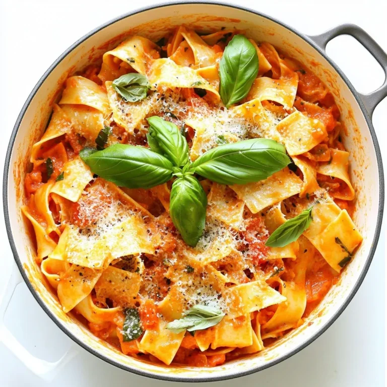 For the One-Pot Creamy Tomato Pasta, you will need these ingredients: - 12 ounces of pasta (penne or fusilli works great) - 1 can (14 ounces) crushed tomatoes - 1 cup vegetable broth - 1 cup heavy cream (use coconut cream for dairy-free) - 1 medium onion, diced finely - 3 cloves garlic, minced - 1 tablespoon olive oil - 1 teaspoon dried basil - 1 teaspoon dried oregano - Salt and freshly ground black pepper to taste - Fresh basil leaves for garnish - Grated Parmesan cheese for serving (optional) You can easily swap some ingredients based on your needs: - Pasta: Use gluten-free pasta if needed. - Crushed tomatoes: Pureed tomatoes or tomato sauce can work too. - Vegetable broth: Chicken broth can be used for a different flavor. - Heavy cream: Coconut cream is a great dairy-free choice. - Onion: Shallots can replace onions if you prefer. To make this dish, gather these tools: - Large, heavy-bottomed pot - Wooden spoon for stirring - Measuring cups and spoons - Knife and cutting board for chopping - Ladle for serving With these ingredients and tools, you are ready to create a tasty meal! {{ingredient_image_2}} Start by gathering your ingredients. You will need: - 12 ounces of pasta (penne or fusilli works well) - 1 can (14 ounces) crushed tomatoes - 1 cup vegetable broth - 1 cup heavy cream (or coconut cream for a dairy-free option) - 1 medium onion, diced finely - 3 cloves garlic, minced - 1 tablespoon olive oil - 1 teaspoon dried basil - 1 teaspoon dried oregano - Salt and black pepper to taste - Fresh basil leaves for garnish - Grated Parmesan cheese (optional) Make sure to have everything measured and ready. This helps the cooking go smoothly. 1. Heat the olive oil in a large pot over medium heat. 2. Add the diced onion and cook for about 5 minutes. Stir it until soft and clear. 3. Add the minced garlic next. Cook this for 1 minute until you smell the garlic. 4. Pour in the crushed tomatoes, vegetable broth, and heavy cream. Stir everything together well. 5. Add in the dried basil and oregano. Season with salt and black pepper to your taste. 6. Let the sauce simmer gently. This allows the flavors to blend nicely. 7. Once the sauce simmers, add the uncooked pasta. Make sure it is fully covered with the sauce. 8. Cover the pot with a lid. Cook for about 10-12 minutes. Stir gently every few minutes. 9. Check the pasta for doneness. It should be firm but cooked. 10. Remove the pot from heat. Let it sit for a couple of minutes to thicken. 11. If the dish is too thick, add a splash of vegetable broth to adjust the texture. Serve the pasta warm. Add fresh basil leaves on top for a beautiful look. You can also sprinkle grated Parmesan cheese if you like. For a nice touch, use pasta bowls for serving. Enjoy your meal! To get a super creamy sauce, use heavy cream. If you want a dairy-free version, coconut cream works great. Both options give the sauce a rich texture. Mix the cream in slowly. This helps it blend well with the crushed tomatoes. Always taste as you go. Adjust the salt and pepper to get the best flavor. When cooking pasta, choose a shape that holds sauce well, like penne or fusilli. Add the pasta to the pot once the sauce simmers. Stir it in well so that every piece is coated. Cover the pot to trap steam. This helps the pasta cook evenly. Stir every few minutes to avoid sticking. Check for al dente doneness after about 10 minutes. You can add more flavor to your pasta by including fresh herbs. Basil adds a nice touch. You might also try a pinch of red pepper flakes for heat. If you like a savory bite, consider adding cooked sausage or mushrooms. For extra nutrition, toss in spinach or kale. These additions make the dish more colorful and tasty. Pro Tips Perfect Pasta Texture: Always cook the pasta al dente as it will continue to absorb sauce while resting, ensuring it doesn't become mushy. Flavor Enhancer: For an extra depth of flavor, consider adding a splash of balsamic vinegar or a pinch of red pepper flakes to the sauce. Cheese Alternatives: If you're avoiding dairy, nutritional yeast can be a great substitute to sprinkle on top for a cheesy flavor. Veggie Boost: Feel free to add in some sautéed vegetables like spinach, bell peppers, or zucchini for a nutritious twist! {{image_4}} You can make this dish dairy-free easily. Simply swap the heavy cream for coconut cream. Coconut cream provides a rich, creamy texture without any dairy. It adds a subtle sweetness, which pairs well with the tomatoes. This change makes the dish suitable for those who are lactose intolerant or follow a vegan diet. Want to boost the protein in your pasta? There are many options to consider. You can add cooked chicken, shrimp, or ground turkey. If you prefer plant-based proteins, try chickpeas or lentils. Simply stir in your choice of protein when you add the pasta. This way, the protein heats through while the pasta cooks. Adding vegetables is a great way to enhance nutrition. You can toss in spinach, kale, or zucchini for a pop of color and vitamins. These vegetables cook quickly and add flavor. You can also use bell peppers or mushrooms for added texture. Just chop them up and add them to the pot along with the onions. This makes the dish not only tastier but also healthier. To keep your One-Pot Creamy Tomato Pasta fresh, store it in an airtight container. Make sure the pasta cools down first. You can keep it in the fridge for up to three days. If you want to enjoy it later, this method works great. Reheat the pasta gently. You can use a microwave or a stovetop. If using the microwave, cover the dish and heat in short bursts. Stir in between to ensure even heating. For stovetop, add a splash of vegetable broth to keep it creamy. Warm it over low heat until hot. To freeze leftover pasta, let it cool completely first. Store it in freezer-safe containers. You can freeze it for up to three months. When ready to eat, thaw it overnight in the fridge. Reheat as mentioned above for the best taste. Yes, you can use any pasta shape you like. Penne, fusilli, or even spaghetti all work well. I often choose what I have on hand. Each shape brings its own charm to the dish. For example, fusilli holds more sauce in its spirals. To add some heat, try red pepper flakes or a pinch of cayenne. You can also use spicy sausage or add chopped jalapeños. Adjust the amount based on your taste. Start small and add more as you go. This way, you control the spice level perfectly. Pair this pasta with a fresh green salad or garlic bread. A simple arugula salad adds a nice crunch. You can also serve it with roasted vegetables for a colorful plate. For a lighter touch, a side of steamed broccoli works well too. You learned about making a delicious one-pot creamy tomato pasta. We covered key ingredients, useful substitutes, and the best tools for cooking. Detailed steps showed you how to prepare and serve this meal. Helpful tips ensured your pasta would turn out creamy and flavorful. You also discovered variations and storage methods for leftovers. In the end, this dish is easy to customize and fun to make. Enjoy your cooking adventure!