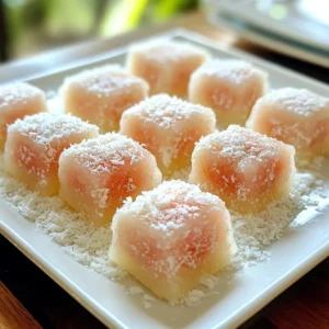To make Watermelon Mochi Bites, you need a few key ingredients: - 2 cups sweet rice flour (mochi flour) - 1 cup water - 1/4 cup granulated sugar - 1/2 teaspoon salt - 1 cup watermelon juice (freshly blended and strained) - Cornstarch or potato starch (for dusting) - Small pieces of fresh watermelon (for filling) These ingredients work together to create a soft, chewy, and flavorful treat. If you can't find sweet rice flour, you have options. You can use: - Glutinous rice flour: This is very similar and often used in mochi. - Tapioca flour: It gives a chewy texture but may change the flavor slightly. Both options can work well, but sweet rice flour gives the best taste and texture. You can also add some extra flair to your mochi bites. Consider these options: - Shredded coconut: Roll the mochi bites in coconut for a tropical twist. - A hint of vanilla extract: Add this to the batter for a sweet aroma. - Matcha powder: Mixing this in can give a nice green color and unique flavor. These optional ingredients let you customize your mochi bites and make them even more delightful! {{ingredient_image_2}} To make fresh watermelon juice, start by cutting a ripe watermelon into small chunks. Place these chunks in a blender. Blend until it is completely smooth. Next, use a fine mesh sieve to strain the juice. This gives you one cup of clear watermelon juice. Discard any pulp left in the sieve. Set this juice aside for later. In a large mixing bowl, combine two cups of sweet rice flour, a quarter cup of granulated sugar, and half a teaspoon of salt. Gradually add in one cup of water and the freshly strained watermelon juice. Stir this mixture continuously. Keep mixing until it becomes a smooth, lump-free batter. Once your batter is ready, transfer it to a heatproof dish. Spread it out evenly in the dish. Cover the top with parchment paper to keep moisture in during steaming. Place the dish in a steamer over medium heat. Steam the mixture for 20 to 25 minutes. It should turn into a translucent, slightly sticky dough. After steaming, carefully remove the dish from the steamer. Let the mochi cool for about 10 minutes. This cooling time makes the dough easier to handle. Once cool, generously dust your work surface with cornstarch. Transfer the mochi dough to this surface and cut it into 2-inch squares using a sharp knife. Take a square of mochi dough in your hand. Gently flatten it using your palm. Place a small piece of fresh watermelon in the center of the square. Bring the edges of the mochi up around the filling. Pinch the edges to seal the watermelon inside the dough. Roll each sealed mochi bite in cornstarch or potato starch. This helps prevent them from sticking together. If you want, you can also roll them in shredded coconut. To store, place the mochi bites in an airtight container. You can enjoy them right away or chill them in the refrigerator for a refreshing dessert. When making watermelon mochi bites, avoid these common mistakes: - Using Too Much Water: Too much water makes the dough too sticky. Stick to the recipe for best results. - Not Straining Watermelon Juice: Always strain the juice. Pulp can ruin the mochi's smooth texture. - Oversteaming the Dough: Keep an eye on the steaming time. Overcooked mochi can become tough. To get the best mochi texture: - Use Sweet Rice Flour: This flour is key for a chewy bite. Regular flour won't work. - Mix Well: Stir the batter until it&rsquo;s completely smooth. This helps the dough cook evenly. - Steam Just Right: Steam until it&rsquo;s translucent. This shows the mochi is ready. Dusting and storing are important for keeping mochi fresh: - Dust Generously: Use cornstarch or potato starch to dust the work surface and the mochi. This helps prevent sticking. - Use Airtight Containers: Store mochi bites in airtight containers. This keeps them soft and fresh. - Chill for Refreshing Treats: Refrigerate mochi bites for a cool dessert. They taste great when chilled. Pro Tips Choose Ripe Watermelon: Select a watermelon that is ripe and sweet for the best flavor in your mochi. Look for a uniform shape and a yellow spot where it rested on the ground, indicating ripeness. Adjust Sweetness: If you prefer a sweeter mochi, feel free to increase the amount of sugar slightly. Taste the watermelon juice before adding sugar to ensure it meets your preference. Dust Generously: Always use enough cornstarch or potato starch when handling mochi to prevent sticking. It makes shaping and storing the bites much easier. Experiment with Fillings: While fresh watermelon is delicious, consider trying other fillings like red bean paste or fresh fruit combinations for a creative twist on these mochi bites. {{image_4}} You can add fun flavors to your mochi bites. Try mixing in some matcha powder for a green tea twist. You can also add cocoa powder for a chocolatey taste. Another great option is to use fruit purees like mango or strawberry. These flavors pair well with the watermelon juice. Each variation brings a new taste to your bites. While fresh watermelon is delightful, you can explore other fillings. Add a dollop of sweet red bean paste for a classic Asian treat. Creamy coconut filling can also add a tropical vibe. For a surprise, include a small piece of dark chocolate inside. The melting chocolate will complement the chewy mochi well. Mix and match to find your favorite combo! Making mochi bites gluten-free is easy. Sweet rice flour is naturally gluten-free, so you&rsquo;re already set! For a vegan version, ensure you use plant-based sugar. Avoid any animal-based fillings, like dairy. You can use almond or coconut milk for added flavor. These options let everyone enjoy these tasty bites without worry. To keep your watermelon mochi bites fresh, place them in an airtight container. This will help prevent them from drying out. Make sure to layer parchment paper between the bites. This will stop them from sticking together. You can store them in the fridge for up to three days. If you want to enjoy them later, freezing is a great option. To maintain the best texture, avoid leaving mochi at room temperature for too long. The heat can make them too soft. If you notice them getting sticky, dust with cornstarch or potato starch. This will keep them from clumping. For extra freshness, try to consume them within a day or two. For long-term storage, freeze your watermelon mochi bites. First, place them on a baking sheet in a single layer. Freeze them for about two hours until solid. Then, transfer the bites to a freezer bag or container. This method keeps them fresh for up to three months. When you're ready to eat them, let them thaw in the fridge or at room temperature. Yes, you can. If you cannot find sweet rice flour, use all-purpose flour or glutinous rice flour. You can also swap watermelon juice with other fruit juices like strawberry or mango. Just make sure the juice is fresh and sweet. Watermelon Mochi Bites last about three days when stored properly. Keep them in an airtight container. If you want to keep them longer, refrigerate them. They taste great cold! You can find ready-made Watermelon Mochi Bites at Asian grocery stores or specialty dessert shops. Some online retailers may also sell them. Check your local markets for fresh options. Yes, mochi is often gluten-free. It uses sweet rice flour, which does not contain gluten. Always check labels to ensure no gluten is present, especially in pre-made options. Watermelon Mochi Bites pair well with green tea or coconut milk. You can also enjoy them with sweet sauces like chocolate or caramel. Fresh fruits like berries or mangoes make great sides too. Making watermelon mochi is fun and easy. We covered the key ingredients and their alternatives. You learned the step-by-step process, from making fresh watermelon juice to shaping your mochi bites. I shared tips to avoid mistakes and achieve the right texture. Exploring different flavors and fillings adds creativity. Finally, storage tips ensure your mochi stays fresh. Now, you can enjoy delicious watermelon mochi at home. With practice, you'll perfect your technique. Enjoy sharing your tasty treats with friends and family.