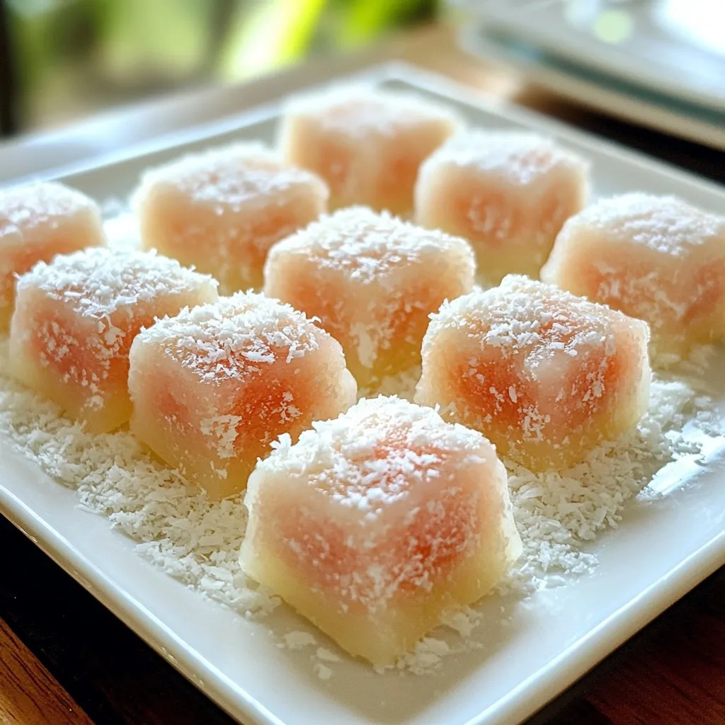 To make Watermelon Mochi Bites, you need a few key ingredients: - 2 cups sweet rice flour (mochi flour) - 1 cup water - 1/4 cup granulated sugar - 1/2 teaspoon salt - 1 cup watermelon juice (freshly blended and strained) - Cornstarch or potato starch (for dusting) - Small pieces of fresh watermelon (for filling) These ingredients work together to create a soft, chewy, and flavorful treat. If you can't find sweet rice flour, you have options. You can use: - Glutinous rice flour: This is very similar and often used in mochi. - Tapioca flour: It gives a chewy texture but may change the flavor slightly. Both options can work well, but sweet rice flour gives the best taste and texture. You can also add some extra flair to your mochi bites. Consider these options: - Shredded coconut: Roll the mochi bites in coconut for a tropical twist. - A hint of vanilla extract: Add this to the batter for a sweet aroma. - Matcha powder: Mixing this in can give a nice green color and unique flavor. These optional ingredients let you customize your mochi bites and make them even more delightful! {{ingredient_image_2}} To make fresh watermelon juice, start by cutting a ripe watermelon into small chunks. Place these chunks in a blender. Blend until it is completely smooth. Next, use a fine mesh sieve to strain the juice. This gives you one cup of clear watermelon juice. Discard any pulp left in the sieve. Set this juice aside for later. In a large mixing bowl, combine two cups of sweet rice flour, a quarter cup of granulated sugar, and half a teaspoon of salt. Gradually add in one cup of water and the freshly strained watermelon juice. Stir this mixture continuously. Keep mixing until it becomes a smooth, lump-free batter. Once your batter is ready, transfer it to a heatproof dish. Spread it out evenly in the dish. Cover the top with parchment paper to keep moisture in during steaming. Place the dish in a steamer over medium heat. Steam the mixture for 20 to 25 minutes. It should turn into a translucent, slightly sticky dough. After steaming, carefully remove the dish from the steamer. Let the mochi cool for about 10 minutes. This cooling time makes the dough easier to handle. Once cool, generously dust your work surface with cornstarch. Transfer the mochi dough to this surface and cut it into 2-inch squares using a sharp knife. Take a square of mochi dough in your hand. Gently flatten it using your palm. Place a small piece of fresh watermelon in the center of the square. Bring the edges of the mochi up around the filling. Pinch the edges to seal the watermelon inside the dough. Roll each sealed mochi bite in cornstarch or potato starch. This helps prevent them from sticking together. If you want, you can also roll them in shredded coconut. To store, place the mochi bites in an airtight container. You can enjoy them right away or chill them in the refrigerator for a refreshing dessert. When making watermelon mochi bites, avoid these common mistakes: - Using Too Much Water: Too much water makes the dough too sticky. Stick to the recipe for best results. - Not Straining Watermelon Juice: Always strain the juice. Pulp can ruin the mochi's smooth texture. - Oversteaming the Dough: Keep an eye on the steaming time. Overcooked mochi can become tough. To get the best mochi texture: - Use Sweet Rice Flour: This flour is key for a chewy bite. Regular flour won't work. - Mix Well: Stir the batter until it’s completely smooth. This helps the dough cook evenly. - Steam Just Right: Steam until it’s translucent. This shows the mochi is ready. Dusting and storing are important for keeping mochi fresh: - Dust Generously: Use cornstarch or potato starch to dust the work surface and the mochi. This helps prevent sticking. - Use Airtight Containers: Store mochi bites in airtight containers. This keeps them soft and fresh. - Chill for Refreshing Treats: Refrigerate mochi bites for a cool dessert. They taste great when chilled. Pro Tips Choose Ripe Watermelon: Select a watermelon that is ripe and sweet for the best flavor in your mochi. Look for a uniform shape and a yellow spot where it rested on the ground, indicating ripeness. Adjust Sweetness: If you prefer a sweeter mochi, feel free to increase the amount of sugar slightly. Taste the watermelon juice before adding sugar to ensure it meets your preference. Dust Generously: Always use enough cornstarch or potato starch when handling mochi to prevent sticking. It makes shaping and storing the bites much easier. Experiment with Fillings: While fresh watermelon is delicious, consider trying other fillings like red bean paste or fresh fruit combinations for a creative twist on these mochi bites. {{image_4}} You can add fun flavors to your mochi bites. Try mixing in some matcha powder for a green tea twist. You can also add cocoa powder for a chocolatey taste. Another great option is to use fruit purees like mango or strawberry. These flavors pair well with the watermelon juice. Each variation brings a new taste to your bites. While fresh watermelon is delightful, you can explore other fillings. Add a dollop of sweet red bean paste for a classic Asian treat. Creamy coconut filling can also add a tropical vibe. For a surprise, include a small piece of dark chocolate inside. The melting chocolate will complement the chewy mochi well. Mix and match to find your favorite combo! Making mochi bites gluten-free is easy. Sweet rice flour is naturally gluten-free, so you’re already set! For a vegan version, ensure you use plant-based sugar. Avoid any animal-based fillings, like dairy. You can use almond or coconut milk for added flavor. These options let everyone enjoy these tasty bites without worry. To keep your watermelon mochi bites fresh, place them in an airtight container. This will help prevent them from drying out. Make sure to layer parchment paper between the bites. This will stop them from sticking together. You can store them in the fridge for up to three days. If you want to enjoy them later, freezing is a great option. To maintain the best texture, avoid leaving mochi at room temperature for too long. The heat can make them too soft. If you notice them getting sticky, dust with cornstarch or potato starch. This will keep them from clumping. For extra freshness, try to consume them within a day or two. For long-term storage, freeze your watermelon mochi bites. First, place them on a baking sheet in a single layer. Freeze them for about two hours until solid. Then, transfer the bites to a freezer bag or container. This method keeps them fresh for up to three months. When you're ready to eat them, let them thaw in the fridge or at room temperature. Yes, you can. If you cannot find sweet rice flour, use all-purpose flour or glutinous rice flour. You can also swap watermelon juice with other fruit juices like strawberry or mango. Just make sure the juice is fresh and sweet. Watermelon Mochi Bites last about three days when stored properly. Keep them in an airtight container. If you want to keep them longer, refrigerate them. They taste great cold! You can find ready-made Watermelon Mochi Bites at Asian grocery stores or specialty dessert shops. Some online retailers may also sell them. Check your local markets for fresh options. Yes, mochi is often gluten-free. It uses sweet rice flour, which does not contain gluten. Always check labels to ensure no gluten is present, especially in pre-made options. Watermelon Mochi Bites pair well with green tea or coconut milk. You can also enjoy them with sweet sauces like chocolate or caramel. Fresh fruits like berries or mangoes make great sides too. Making watermelon mochi is fun and easy. We covered the key ingredients and their alternatives. You learned the step-by-step process, from making fresh watermelon juice to shaping your mochi bites. I shared tips to avoid mistakes and achieve the right texture. Exploring different flavors and fillings adds creativity. Finally, storage tips ensure your mochi stays fresh. Now, you can enjoy delicious watermelon mochi at home. With practice, you'll perfect your technique. Enjoy sharing your tasty treats with friends and family.