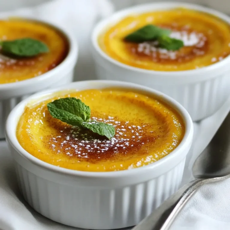 - 2 cups heavy cream - 1 cup pure pumpkin puree - ½ cup granulated sugar - 4 large egg yolks - 1 teaspoon vanilla extract The main ingredients form the base of your crème brûlée. Heavy cream gives it a rich texture. Pure pumpkin puree adds flavor and color. Granulated sugar sweetens it perfectly. Egg yolks create a creamy custard, and vanilla extract brings warmth to the dish. - ½ teaspoon ground cinnamon - ¼ teaspoon ground nutmeg - ¼ teaspoon salt These spices elevate the dish. Ground cinnamon gives warmth, while nutmeg adds depth. A little salt balances the sweetness and enhances the flavors. - Granulated sugar for caramelizing This sugar creates a crunchy top. It adds a delightful contrast to the smooth custard. When you caramelize it, it turns golden brown and crispy. This step is key for that classic crème brûlée finish. {{ingredient_image_2}} - Preheat your oven to 325°F (160°C). This step is key for even baking. - In a medium saucepan over medium heat, pour in 2 cups of heavy cream. - Add 1 cup of pure pumpkin puree, ½ cup of granulated sugar, ½ teaspoon of ground cinnamon, ¼ teaspoon of ground nutmeg, and ¼ teaspoon of salt. - Whisk this mixture constantly. Keep it smooth and avoid simmering. - Heat until it feels hot and the sugar dissolves. Then, remove the pan from heat. - In a separate bowl, whisk 4 large egg yolks and 1 teaspoon of vanilla extract together. - Gradually pour the warm cream mixture into the egg yolks. Keep whisking as you pour. This helps prevent scrambling. - Strain the custard. Pour it through a fine-mesh sieve into a large bowl. This removes lumps and gives you silky custard. - Evenly fill 4 to 6 ramekins with the custard. - Place the ramekins in a baking dish. Add hot water to the dish until it reaches halfway up the sides of the ramekins. - Carefully put the baking dish into the preheated oven. Bake for 30-35 minutes. - Check for doneness. The edges should be set, but the centers will be a bit jiggly. To get the best custard, mix slowly. If you whisk too fast, the eggs may scramble. You want a creamy blend that feels rich. Straining the mixture is also key. Use a fine-mesh sieve to catch any lumps. This makes your custard smooth and velvety. You can use a kitchen torch or an oven broiler. I prefer the torch for more control. Move the flame in small circles. This helps avoid burnt sugar. If using the broiler, keep a close watch. Just a minute or two can turn sugar from white to burnt. Presentation matters! Serve the crème brûlée in the ramekins. Add a fresh mint leaf on top for color. It looks fancy and inviting. Don’t forget a small spoon for your guests. They will love cracking through the crispy sugar layer. Pro Tips Use Fresh Pumpkin Purée: For the best flavor and texture, roast and purée fresh pumpkin instead of using canned. This will elevate your dessert with a more vibrant taste. Perfect the Caramelization: When caramelizing the sugar, ensure that the sugar is evenly spread for consistent melting. Move the torch or broiler in small circles to avoid burning. Chill Thoroughly: Allow the crème brûlée to chill for at least 4 hours, but overnight is ideal. This resting time helps the flavors to meld and the custard to set perfectly. Experiment with Flavors: Feel free to add spices like ginger or cloves, or even a splash of maple syrup to the custard for a unique twist on the classic pumpkin flavor. {{image_4}} You can make your pumpkin crème brûlée even more exciting! Add spices like ginger for a warm kick. You can also mix in chocolate or caramel to create a rich twist. A touch of ginger adds a nice zing. Chocolate gives it that classic dessert feel. Caramel adds a sweet layer that melts in your mouth. Not everyone can enjoy the same dessert. You can make this recipe gluten-free by ensuring all ingredients are certified gluten-free. For a dairy-free option, use coconut cream instead of heavy cream. This keeps the flavor rich and creamy while catering to different diets. This dessert shines during the holidays! You can spice it up with flavors like nutmeg or cloves. Pair it with seasonal fruits like apples or pears for a fresh touch. These fruits add a nice contrast to the creamy texture of the crème brûlée. Enjoying this dessert with seasonal fruits makes it even more special for your gatherings. Store your pumpkin crème brûlée in the fridge. Cover each ramekin with plastic wrap. This keeps the custard fresh and prevents it from absorbing other smells. Keep them upright to avoid spills. Avoid stacking them to protect the crispy sugar layer on top. Can you freeze crème brûlée? Yes, but it’s not ideal. Freezing can change the texture. If you must freeze, wrap each ramekin tightly in plastic wrap, then place in a freezer bag. When you're ready to eat, thaw them in the fridge overnight before serving. In the fridge, your crème brûlée lasts about four days. Look for signs of spoilage, like an off smell or a watery texture. If the sugar layer is sticky or soft, it’s best to toss it. Always trust your senses to judge freshness. How do you know when crème brûlée is done? You can tell crème brûlée is done when the edges are set. The center should still jiggle a bit. This means it is creamy inside. Check it after baking for 30-35 minutes. Can I use pumpkin pie filling instead of puree? You can use pumpkin pie filling. However, it has added spices and sugar. This may change the taste of your dessert. Pure pumpkin puree gives a cleaner flavor. Can I use half-and-half instead of heavy cream? Yes, you can use half-and-half. It will make a lighter custard. Heavy cream gives a richer texture. If you want a creamier taste, stick with heavy cream. What can I use to caramelize sugar if I don't have a torch? If you don’t have a torch, use an oven broiler. Place the ramekins under the broiler for a minute. Watch closely to avoid burning. You want a nice amber color on the sugar. What to serve with crème brûlée? Crème brûlée pairs well with fresh fruit. Berries are a great choice. A dollop of whipped cream also adds a nice touch. Best drinks to pair with pumpkin crème brûlée? Coffee and dessert wines work well. A warm chai or spiced cider adds warmth. These drinks enhance the pumpkin flavor and spices. To make a delicious pumpkin crème brûlée, you need key ingredients like heavy cream and pumpkin puree. Follow step-by-step instructions for a creamy custard, then add tips to perfect the texture and achieve a caramelized sugar crust. Explore variations for flavor and dietary needs, plus learn how to store or freeze it. This dessert shines at any gathering. Enjoy making it, and impress everyone with your skills!