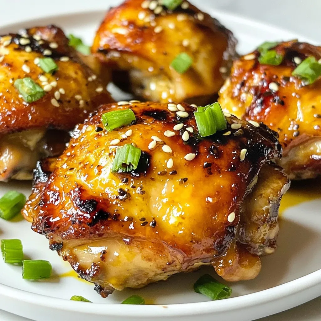 - 4 bone-in chicken thighs with skin - 1/4 cup soy sauce (preferably low-sodium) - 2 tablespoons honey (or maple syrup) - 4 cloves of garlic, finely minced - 1-inch piece of fresh ginger, grated - 1 tablespoon sesame oil - 1 tablespoon rice vinegar - 1 teaspoon freshly ground black pepper - Chopped green onions and toasted sesame seeds for garnish The main ingredients are simple yet pack a punch. I always use bone-in chicken thighs for juicy, tender meat. The soy sauce adds a rich umami flavor while keeping the dish savory. Honey balances the saltiness and adds a touch of sweetness. Fresh garlic and ginger bring warmth and depth to the marinade. I prefer low-sodium soy sauce. It allows me to control the saltiness of my dish better. Minced garlic and grated ginger are key to creating that aromatic base. They work together to enhance the overall taste. The additional ingredients are just as important. Sesame oil adds a nutty flavor, while rice vinegar gives a slight tang. Freshly ground black pepper adds a warm kick. Finally, I always garnish with chopped green onions and toasted sesame seeds. They add color and a crunchy texture that elevates the dish. This combination of flavors creates a perfect balance. Each bite is a delightful mix of savory, sweet, and aromatic. Whether you're cooking for family or a special occasion, this dish always impresses. {{ingredient_image_2}} To start, gather the ingredients for your marinade. You need: - 1/4 cup soy sauce - 2 tablespoons honey - 4 cloves of garlic, finely minced - 1-inch piece of fresh ginger, grated - 1 tablespoon sesame oil - 1 tablespoon rice vinegar - 1 teaspoon freshly ground black pepper Next, combine all these ingredients in a mixing bowl. Use a whisk to mix them well. You want a smooth and blended marinade that smells amazing. Take your chicken thighs and place them in a large resealable bag or a mixing bowl. Pour the marinade over the chicken. Make sure each thigh is coated evenly. Seal the bag or cover the bowl tightly. Let it sit in the fridge for at least 1 hour. For the best flavor, marinate overnight. The longer you let it sit, the more the flavors will soak in. Now it’s time to cook! Preheat your air fryer to 375°F (190°C). This step is key for even cooking. After marinating, take the chicken out and drain the excess marinade. Arrange the chicken thighs skin-side down in the air fryer basket. Cook them for 10 minutes. After 10 minutes, flip the chicken over. Cook skin-side up for another 10 minutes. You want the skin to be crispy and the chicken to reach an internal temperature of 165°F (74°C). Use an instant-read thermometer for the best results. Once the chicken is done, remove it from the air fryer. Let it rest for 5 minutes. This helps keep the juices inside, which makes the chicken juicy and tender. Before serving, sprinkle chopped green onions and toasted sesame seeds on top. This adds a nice pop of color and flavor. Enjoy your delicious Air Fryer Soy Garlic Chicken Thighs! To make your chicken thighs burst with flavor, follow these marinating tips. First, use a big resealable bag or a bowl. This helps the marinade coat every piece well. The best time to marinate is at least 1 hour, but overnight is even better. It allows the flavors to really seep in. For even cooking in the air fryer, make sure to preheat it to 375°F (190°C) for about 5 minutes. This step helps cook the chicken evenly. When cooking, always check for doneness. Use an instant-read thermometer to ensure the thickest part hits 165°F (74°C). This guarantees juicy, safe-to-eat chicken. For serving, place the chicken on a large plate. Drizzle some cooking juices over it for added flavor. You can pair your chicken with steamed rice or a fresh salad. These sides balance the savory taste of the chicken and create a lovely meal. Pro Tips Marinate Longer for Best Flavor: For the most flavorful chicken, marinate the thighs overnight. This allows the ingredients to fully penetrate the meat, enhancing the overall taste. Use a Meat Thermometer: To ensure perfectly cooked chicken, use an instant-read meat thermometer. The internal temperature should reach 165°F (74°C) for safe consumption. Don’t Skip the Resting Time: Allow the chicken to rest for about 5 minutes after cooking. This helps the juices redistribute, resulting in a juicier and more tender bite. Garnish for Presentation: Enhance the visual appeal and flavor by garnishing with chopped green onions and toasted sesame seeds just before serving. This adds freshness and crunch to your dish. {{image_4}} You can easily change up the spice in your marinade. For heat, add chili flakes. This brings a nice kick to the dish. If you like sweetness, try using agave or brown sugar instead of honey. Each option adds a unique flavor twist. You can cook soy garlic chicken thighs in an oven too. Preheat your oven to 375°F. Bake the chicken for about 30-35 minutes. Make sure to flip them halfway through for even cooking. For stovetop cooking, heat a skillet on medium. Add a bit of oil, then place the chicken thighs skin-side down. Cook for about 10 minutes, then flip and cook for another 10-15 minutes until done. Always check the internal temp for safety. The marinade can change based on what you have. Try teriyaki or hoisin sauce for a different flavor. You can also make a citrus-based marinade. Use orange or lime juice for a fresh, tangy taste. This can brighten up the dish and add a new twist. To store leftover chicken, place it in an airtight container. This keeps it fresh and tasty. Leftover chicken stays good in the fridge for up to 3 days. Be sure to check for any off odors before eating. For freezing cooked chicken thighs, wrap each piece in plastic wrap. Place the wrapped chicken in a freezer bag. Remove as much air as possible to avoid freezer burn. To enjoy later, thaw the chicken overnight in the fridge. This helps keep the texture and taste nice. The best methods to reheat leftovers are using an air fryer, oven, or microwave. For the air fryer, set it to 350°F and heat for about 5-7 minutes. This keeps the skin crispy. If using the oven, reheat at 350°F for about 15 minutes. In the microwave, heat in short bursts for 1-2 minutes, checking often. This method can make the skin soft, so use it if you need a quick meal. You should marinate the chicken for at least 1 hour. However, I recommend marinating overnight for the best flavor. The longer it sits, the more the chicken absorbs the tasty soy and garlic notes. It will turn out juicier and full of flavor. Chicken thighs should reach a safe internal temperature of 165°F or 74°C. Use an instant-read thermometer to check the temperature. This ensures the chicken is safe to eat and perfectly cooked. Yes, you can use boneless chicken thighs. They will cook faster than bone-in thighs. Check them after about 15 minutes in the air fryer. Make sure they still reach 165°F for safety. Pair your chicken with steamed rice or a fresh salad. Both options balance the rich flavors of the dish. You could also serve it with roasted vegetables or a light cucumber salad for a refreshing twist. This post covered how to make delicious soy garlic chicken thighs. I shared ingredients, easy steps, and tips for flavor. Marinate the chicken well for the best taste. You can also try different spices and cooking methods for variety. Store leftovers properly to enjoy later. With simple care, you can create a meal that impresses. Enjoy making this tasty dish!