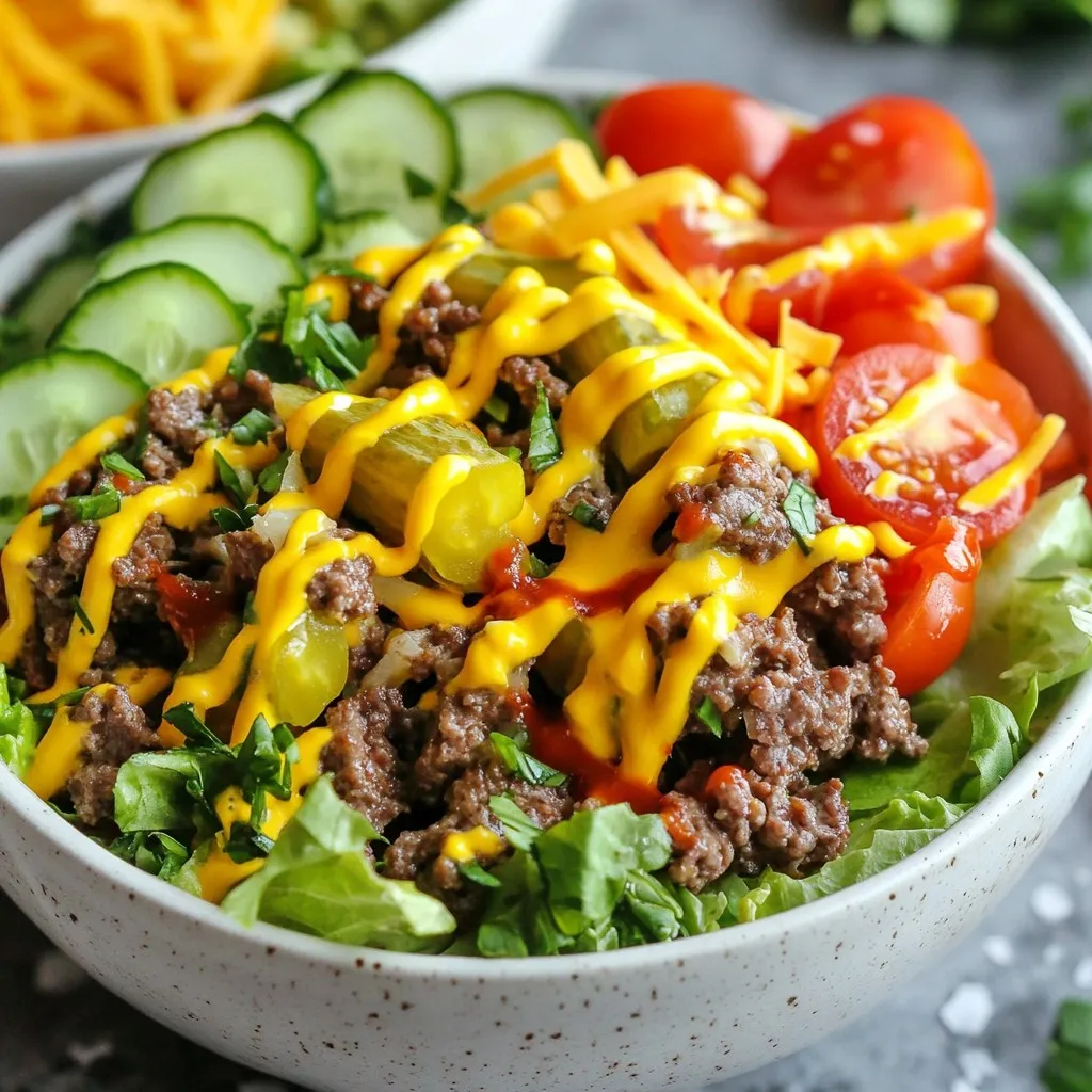 - 1 lb ground beef or ground turkey - 1 teaspoon sea salt - 1/2 teaspoon black pepper - 1 teaspoon garlic powder - 1 teaspoon onion powder - 1 tablespoon Worcestershire sauce - 2 cups cherry tomatoes, halved - 1 cup cucumber, diced - 1 cup shredded lettuce - 1/2 cup pickles, sliced - 1/4 cup red onion, chopped You can choose between ground beef and turkey. I often go for turkey for a lighter meal. The seasonings are key. Sea salt and black pepper add a classic taste. Garlic powder and onion powder enhance the flavor further. Worcestershire sauce gives a nice depth and umami. For fresh produce, cherry tomatoes add sweetness. Diced cucumber brings crunch. Shredded lettuce provides a fresh base. Pickles add tang, while red onion gives a bite. All of these ingredients make the bowl colorful and tasty. - 1/2 cup shredded cheddar cheese - 1/4 cup mayonnaise - 2 tablespoons ketchup - 2 tablespoons yellow mustard - Optional: avocado slices Toppings like shredded cheddar cheese make each bite creamy. Mayonnaise, ketchup, and mustard add classic burger flavors. Mixing these three makes a tasty sauce for drizzling. If you want a creamy touch, add avocado slices. They bring a smooth texture and healthy fats. Together, these toppings take your burger bowl to the next level. {{ingredient_image_2}} Start by mixing the ground meat with seasonings. In a large bowl, add 1 pound of ground beef or turkey. Then, sprinkle in 1 teaspoon of sea salt, 1/2 teaspoon of black pepper, 1 teaspoon of garlic powder, 1 teaspoon of onion powder, and 1 tablespoon of Worcestershire sauce. Mix gently. You want to blend the meat and seasonings without overworking them. This keeps your patties juicy. Once mixed, shape the meat into 4 equal patties. Each patty should weigh about 1/4 pound. Make sure they are even for cooking. Next, preheat your skillet or grill over medium-high heat. This step is key for a good sear. Once hot, place the patties on the grill or skillet. Cook them for about 4-5 minutes on each side. Use a meat thermometer to check doneness. For beef, aim for 160°F. While the burgers cook, resist the urge to press down on them. Pressing releases juices and makes them dry. Now, let's create the salad base. In a large mixing bowl, combine 2 cups of halved cherry tomatoes, 1 cup of diced cucumber, and 1 cup of shredded lettuce. Toss gently to mix. After cooking, let the burgers rest for a few minutes. Then, chop them into bite-sized pieces. To build the bowls, divide the salad mixture into 4 serving bowls. Top each bowl with the chopped burger pieces. Add 1/2 cup of sliced pickles, 1/2 cup of shredded cheddar cheese, and 1/4 cup of finely chopped red onion. Finally, make the sauce by whisking together 1/4 cup of mayonnaise, 2 tablespoons of ketchup, and 2 tablespoons of mustard. Drizzle this over the assembled burger bowls. For an extra creamy touch, add slices of avocado on top. Enjoy your flavorful feast! To make juicy burger patties, handle the meat gently. Overworking the meat can make it tough. Mix ground beef or turkey with salt, pepper, garlic powder, onion powder, and Worcestershire sauce in a bowl. Shape this mixture into four patties, each about a quarter pound. For cooking temperatures, aim for medium-high heat. Cook the patties for about 4-5 minutes on each side. Use a meat thermometer to check the temperature. For beef, it should reach 160°F. Serve your burger bowls in clear glass or bright ceramic bowls. This way, the fresh ingredients shine. For extra flair, sprinkle chopped herbs like parsley or chives on top. This adds color and boosts flavor. You can change the sauce to suit your taste. Add spices like paprika or cayenne for a kick. Mix mayonnaise, ketchup, and mustard for a classic taste. Try different combinations to find your favorite flavor profile. Pro Tips Use a Meat Thermometer: To ensure your burgers are perfectly cooked, use a meat thermometer to check that they reach 160°F for ground beef or 165°F for ground turkey. Let the Meat Rest: After cooking, allow the patties to rest for a few minutes before chopping. This helps the juices redistribute, making the meat more flavorful and tender. Customize Your Toppings: Feel free to get creative with your toppings! Add ingredients like jalapeños, bacon bits, or different types of cheese to elevate your burger bowls. Make Your Own Sauce: To enhance the flavor, consider making your own sauce by mixing mayonnaise with your choice of spices, herbs, or even hot sauce for a kick. {{image_4}} You can swap ground beef for ground chicken. Ground chicken offers a lighter taste. It cooks quickly and stays juicy if not overcooked. For plant-based options, try lentils or beans. These add protein and fiber. You can also use a meat substitute like Beyond Meat. Each option keeps the bowl tasty and fun. Mix up your salad base for more flair. You can add grains like quinoa or farro. These grains boost fiber and nutrients. Try adding corn for sweetness. You can also toss in bell peppers for crunch. Don’t forget to add colorful veggies! They make your bowl look great and taste fresh. The right dressing can change your burger bowl completely. Ranch dressing adds creaminess and flavor. A tangy vinaigrette gives a bright kick. You can even mix your own by combining yogurt and herbs. Be bold and try new dressings. Each choice adds unique flavor and excitement to your meal. When you have extra burger bowls, store the cooked burger patties and salad separately. This keeps the salad fresh and crunchy. Place the patties in an airtight container. Make sure they cool down first. For the salad, use another container. You can keep both in the fridge for up to three days. To reheat your burger patties, use a skillet over medium heat. This warms them evenly. Flip them often to avoid burning. If you prefer the microwave, place them on a microwave-safe plate. Heat for about 30 seconds, checking every 10 seconds. For the salad, avoid reheating. Enjoy it cold for the best taste. To freeze the patties, wrap each one tightly in plastic wrap. Place them in a freezer bag. You can freeze them for up to three months. For salad components, avoid freezing tomatoes and lettuce. Instead, freeze diced cucumbers and pickles in a separate bag. Thaw them in the fridge before using. A burger bowl is a fun twist on the classic burger. Instead of a bun, you serve all the tasty parts in a bowl. You have ground meat, fresh veggies, and savory toppings. This dish is popular for its mix of flavors and easy prep. You can customize each bowl to fit your tastes. Plus, you can enjoy all the good parts without the carbs from bread. You can easily make burger bowls healthier. Here are some tips: - Use ground turkey or chicken instead of ground beef for lower fat. - Load up on fresh veggies like spinach, kale, or bell peppers. - Swap creamy dressings for yogurt-based ones to cut calories. - Serve with a smaller portion of cheese or skip it altogether. - Use lettuce leaves instead of grains for a low-carb option. These swaps keep the flavor high and the calories low. Yes, you can prep burger bowls ahead of time! Here are some tips: - Cook the burger patties and store them in the fridge for up to three days. - Chop your veggies and keep them in separate containers to stay fresh. - You can make the sauce and store it in a jar for quick use. - Assemble the bowls right before eating to keep the ingredients crisp. Meal prep makes weeknight dinners a breeze! In this post, we explored how to make delicious burger bowls. We covered key ingredients, from ground beef to fresh veggies and sauces. You learned how to shape patties, cook them, and assemble your bowls. Tips and variations helped you customize your meals. In the end, burger bowls are easy to make and great for any occasion. Enjoy making them your own, and have fun with the flavors!