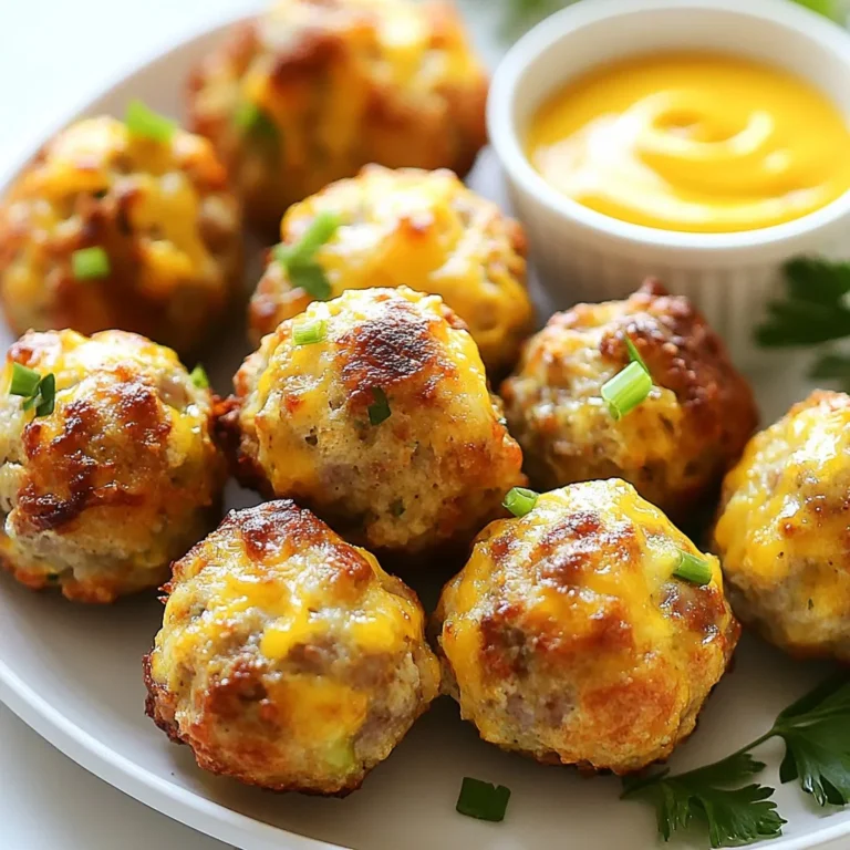 - 1 lb breakfast sausage (mild or spicy) - 2 cups Bisquick mix - 2 cups shredded cheese (sharp cheddar or blend) - 1/4 cup minced green onions - 1/2 teaspoon garlic powder - 1/2 teaspoon onion powder - 1/2 teaspoon freshly ground black pepper - 1/4 teaspoon cayenne pepper (optional) - 1/2 cup milk When making these sausage balls, the main ingredients set the base for flavor. The choice of breakfast sausage is key. You can pick mild if you prefer a lighter taste or spicy for a kick. Bisquick mix offers the perfect fluffy texture. The shredded cheese adds richness, and sharp cheddar gives a bold flavor. For seasoning, minced green onions add freshness and color. Garlic powder and onion powder deepen the taste. Black pepper gives a subtle heat, while cayenne is optional for those who love spice. Finally, milk acts as a binding agent. It helps bring everything together without making the mixture too wet. This balance ensures your sausage balls hold their shape during baking. {{ingredient_image_2}} - Preheat your oven to 375°F (190°C). - Line a baking sheet with parchment paper. This helps keep the sausage balls from sticking. - In a large bowl, combine the breakfast sausage, Bisquick, shredded cheese, minced green onions, garlic powder, onion powder, black pepper, and cayenne pepper, if you want some heat. - Use your hands to mix everything well. Make sure it’s fully combined. - Gradually pour in the milk and mix until the mixture is cohesive. It should feel moist but not sticky. - With clean hands, take bits of the dough and roll them into 1-inch balls. Arrange the balls on the prepared baking sheet, leaving space between each one. - Bake them in the oven for 18-20 minutes. They should turn golden brown and be cooked through. The internal temperature should reach 160°F (71°C). To make your sausage balls great, mix the ingredients gently. Use your hands for this. If you mix too much, your dough can become tough. Just combine until everything is together. To ensure the sausage balls hold their shape, roll them carefully. Make each ball about one inch wide. Leave space on the baking sheet. This way, they cook evenly and stay round. When serving Bisquick sausage balls, dips add fun. Try spicy mustard or ranch dressing. They pair well with the savory flavor. For a nice look, place the sausage balls on a pretty platter. Add a bowl of dip in the center. Garnish with chopped parsley for color. This makes a great dish for parties! After enjoying your sausage balls, store leftovers in the fridge. Place them in an airtight container. They can stay fresh for up to three days. When reheating, use the oven for best results. Set it to 350°F (175°C). Place the sausage balls on a baking sheet and warm for about 10 minutes. This keeps them crispy and tasty! Pro Tips Choose Your Sausage Wisely: Select a breakfast sausage that matches your flavor preference—mild for a subtle taste or spicy for a kick. Cheese Varieties Matter: Using sharp cheddar or a flavorful cheese blend enhances the overall flavor profile of the sausage balls. Consistent Size: Roll the sausage balls to uniform size for even cooking and a professional presentation. Don’t Skip the Garnish: A sprinkle of freshly chopped parsley not only adds color but also elevates the visual appeal of your dish. {{image_4}} You can switch up the cheese in your sausage balls. Try pepper jack for a spicy kick. Swiss cheese adds a nice mild flavor and melts well. Blend different cheeses for a unique taste. Mixing sharp cheddar with mozzarella gives a great texture and flavor. To make milder sausage balls, use less cayenne pepper. You can skip it if you want a gentle taste. For more heat, add extra cayenne or use spicy sausage. Experiment with different spices like chili powder or red pepper flakes for added zing. Adding herbs like parsley or thyme can really enhance the taste. You can mix in chopped bell peppers for color and a slight crunch. Diced jalapeños will give your sausage balls more spice and a fresh twist. Try adding garlic or onion for an extra flavor boost. You can store Bisquick sausage balls in the fridge for up to three days. Keep them in an airtight container to maintain their flavor and texture. If you want to keep them fresh longer, consider freezing them instead. To freeze sausage balls, first let them cool completely. Arrange them in a single layer on a baking sheet. Place the baking sheet in the freezer for about an hour. Once frozen, transfer the balls to a freezer-safe bag or container. This method helps them stay separate and not clump together. You can thaw them in the fridge overnight or heat them directly from the freezer in the oven. Check for spoilage by looking for changes in color or texture. If the sausage balls smell off or feel slimy, it's best to toss them. Proper storage helps keep them tasty and safe to eat. If you're unsure, it's always smart to err on the side of caution. Yes, you can prepare sausage balls in advance. This snack is easy to make ahead. To do this, mix all the ingredients as per the recipe. Once mixed, shape the mixture into balls. Place the balls on a baking sheet lined with parchment paper. Freeze the balls for about 30 minutes. Once firm, transfer them to a freezer bag. You can store them in the freezer for up to three months. When ready to bake, you can cook them straight from the freezer. Just add a few extra minutes to the baking time. If you need a substitute for Bisquick mix, there are great options. You can use any all-purpose baking mix available. Brands like Jiffy or Pioneer work well. If you prefer homemade, mix 2 cups of all-purpose flour, 1 tablespoon baking powder, and 1/2 teaspoon salt. This mix will give you similar results. You can also try gluten-free baking mixes if needed. These substitutes allow for flexibility in your snack-making journey. Bisquick sausage balls are not gluten-free due to the Bisquick mix. The original Bisquick contains wheat flour, which has gluten. However, you can make gluten-free sausage balls. Use a gluten-free baking mix instead of Bisquick. Many brands offer gluten-free options that work well. Always check the labels to ensure they meet your needs. This way, everyone can enjoy this tasty snack without worry. Your journey through making Bisquick sausage balls is now complete. We covered the main ingredients, seasoning, and binding components. You learned step-by-step instructions for mixing, shaping, and baking. Tips helped you achieve the perfect texture, serving suggestions added flair, and storage advice ensures freshness. Remember, you can vary ingredients to suit your taste, making these sausage balls truly yours. Enjoy creating delicious bites for gatherings or snacks at home!