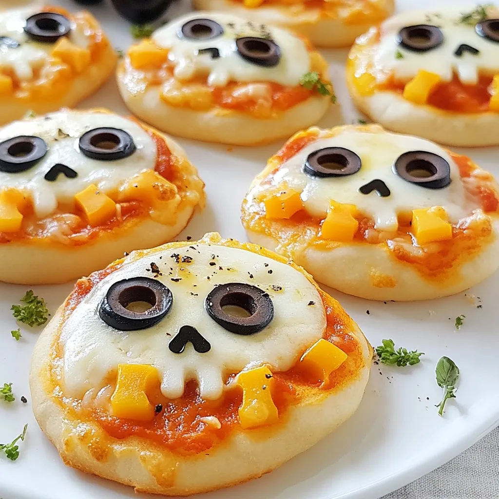 - 1 package of pre-made pizza dough - 1 cup pizza sauce - 1 ½ cups shredded mozzarella cheese - ½ cup sliced black olives - ¼ cup pepperoni slices (optional) - ¼ cup chopped bell peppers (various colors) - 1 teaspoon garlic powder - 1 teaspoon dried oregano - 1 egg (for egg wash) - All-purpose flour (for dusting) If you want to switch things up, you can use different dough. Try whole wheat or gluten-free pizza dough. For the sauce, consider pesto or barbecue sauce. You can also swap mozzarella for cheddar or a dairy-free cheese. To make your mini skull pizzas even tastier, add these fun toppings: - Fresh basil leaves for a pop of color. - Red onion slices for a little zing. - Cherry tomatoes for sweetness. - Spinach for a healthy boost. - Crushed red pepper flakes for heat. These ingredients make your pizzas colorful and fun! Feel free to mix and match to create flavors everyone will love. {{ingredient_image_2}} First, set your oven to 450°F (230°C). This high heat helps get a crispy crust. While the oven warms up, line two baking sheets with parchment paper. This will stop the pizzas from sticking. Take a clean countertop and dust it with all-purpose flour. Roll out the pizza dough until it is about ¼ inch thick. Use a large round cookie cutter to cut out circles, about 4 inches in size. Aim for about 12 circles; your dough might yield more or less. For each dough circle, use a smaller round cutter, around 1 inch wide. Cut out two small eye holes and a larger triangle for the mouth. Carefully take out these pieces and set them aside. Keep any dough scraps for later fun shapes. Place the skull-shaped dough on the baking sheets. Spread about one tablespoon of pizza sauce on each base, avoiding the cut-out areas. Then, sprinkle shredded mozzarella cheese on top. Use the sliced olives for eyes and place pepperoni or bell pepper pieces to make fun mouths. Take the reserved dough scraps and roll them out. Use cookie cutters to create smaller shapes like bones or other Halloween-themed items. Arrange these shapes around the pizzas on the baking sheet for extra flair. In a small bowl, beat the egg until smooth. With a pastry brush, dab the egg wash around the edges of each pizza. This will give them a lovely, golden look when baked. Next, sprinkle garlic powder and dried oregano on top for more flavor. Slide the baking sheets into your preheated oven. Bake for about 10-12 minutes. Watch them closely until the crust turns golden brown and the cheese bubbles nicely. Once baked, carefully take the mini skull pizzas out of the oven. Let them cool on the sheets for a few minutes. Then, transfer them to a serving platter. For a spooky display, serve on a decorative platter and add fresh basil for color. You might want to pair these with warm marinara sauce for dipping. To make your mini skull pizzas extra crispy, follow these tips: - Use a hot oven at 450°F (230°C) to start. - Roll the dough thin, about ¼ inch thick. - Dust your baking sheets lightly with flour or use parchment paper. - Let the pizzas bake until the edges are golden brown. This method ensures a nice crunch without burning. Keep an eye on them while baking. If you want to make your own dough, here’s a simple guide: - Combine 2 cups of all-purpose flour, 1 packet of yeast, ¾ cup warm water, and 1 teaspoon of salt. - Mix until it forms a ball, then knead for 5 minutes. - Let it rise in a warm place for about 1 hour. Making dough from scratch adds a personal touch. You can also control the ingredients to suit your tastes. Presentation is key for fun mini skull pizzas: - Use a spooky platter to serve them. - Garnish with fresh basil for color and flavor. - Arrange pizza shapes creatively on the plate. - Serve with warm marinara sauce for dipping. These small touches make your dish more inviting. They also enhance the Halloween spirit for your guests. Pro Tips Use Fresh Ingredients: Opt for fresh bell peppers and high-quality cheese to enhance the flavor of your mini skull pizzas. Experiment with Toppings: Feel free to get creative with toppings! Try adding different vegetables or meats based on your preference. Make Ahead: You can prepare the skull shapes ahead of time and store them in the fridge for up to 24 hours before baking. Adjust Oven Temperature: If your oven tends to bake unevenly, consider rotating the baking sheets halfway through for even cooking. {{image_4}} You can easily make these mini skull pizzas vegetarian. Simply skip the pepperoni and add more veggies. Think sliced mushrooms, zucchini, or spinach. They add great color and flavor. You can mix and match your favorite vegetables. Use what you have at home. This way, you keep it fun and tasty. Mozzarella is classic, but you can use other cheeses too. Try cheddar, gouda, or feta for a unique twist. Mixing cheeses can create a wonderful flavor. For a creamier texture, add some ricotta or cream cheese. These options let you get creative and add depth to each bite. Seasonal ingredients make these skull pizzas even more exciting. In fall, add pumpkin puree for a sweet touch. In spring, use fresh herbs like basil or arugula. Summer is great for ripe tomatoes or sweet corn. These swaps change the taste and keep the dish fresh. Always look for what’s in season to enhance your pizzas. To keep your mini skull pizzas fresh, you should store them in an airtight container. This will help maintain their crispiness. If you have leftover pizzas, let them cool completely first. Then, layer them with parchment paper to avoid sticking. You can store them in the fridge for up to three days. Reheating your mini skull pizzas is simple. Preheat your oven to 350°F (175°C). Place the pizzas on a baking sheet and cover them with foil. Heat for about 10-15 minutes, until warm and crispy. This method keeps the crust crunchy, unlike using a microwave, which can make them soggy. If you want to freeze your mini skull pizzas, do so before baking them. Assemble the pizzas and place them on a baking sheet. Freeze them for about an hour, then transfer them to a freezer bag. They can stay frozen for up to three months. To bake from frozen, just add a few extra minutes to the baking time. Yes, you can make Mini Skull Pizzas in advance. Prepare the skull shapes and toppings but don't bake them yet. Store the unbaked pizzas in the fridge for up to 24 hours. When you're ready, bake them straight from the fridge. Just add a few extra minutes to the bake time. You can use several things as pizza sauce substitutes. Try pesto, barbecue sauce, or even olive oil with garlic. These options add different flavors and keep the skull pizzas exciting. Just spread a thin layer on your dough base. To help the pizzas hold their shape, roll the dough evenly to about ¼ inch thick. Make sure to cut the shapes carefully, avoiding tearing. Use a baking sheet lined with parchment paper. This helps prevent sticking and keeps the skulls intact while baking. Yes, Mini Skull Pizzas are great for kids! They are fun and easy to make. Kids can help decorate their pizzas with toppings. Just keep an eye on the oven while baking. These pizzas are a hit at Halloween parties or family gatherings. You can use leftover dough scraps for fun shapes. Roll them out and cut out bones, pumpkins, or other Halloween figures. Place these shapes around your pizzas on the baking sheet. They add extra charm and make the dish even more festive. You learned about making delicious mini skull pizzas. We covered required ingredients, tasty topping options, and step-by-step instructions. You also got tips for a crisp crust and fun variations for special diets. Plus, we discussed how to store and reheat your pizzas. Enjoy creating your own unique mini skull pizzas. They are fun to make and share!