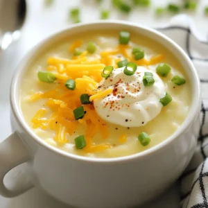 - 4 large russet potatoes, peeled and cut into 1-inch cubes - 1 medium onion, finely chopped - 3 cloves garlic, minced - 4 cups vegetable broth (preferably low-sodium) - 1 cup heavy cream - 1 cup shredded sharp cheddar cheese - 1/2 cup sour cream - 1/2 cup green onions, thinly sliced (plus extra for garnish) - 1 teaspoon smoked paprika - Salt and freshly ground black pepper, to taste - 1 tablespoon olive oil When making creamy loaded potato soup, proper prep is key. Start with the potatoes. Peel them carefully to avoid waste. Cut them into 1-inch cubes. This size cooks evenly. Next, chop the onion finely. Small pieces mix well in the soup. Then, mince the garlic. Fresh garlic gives a nice flavor boost. For the best soup, use russet potatoes. They break down well and make the soup creamy. If you need a change, Yukon Gold potatoes are also good. For heavy cream, you can use half-and-half or coconut cream for a lighter version. Low-sodium vegetable broth keeps the soup tasty without being too salty. {{ingredient_image_2}} Start by heating olive oil in a large pot over medium heat. Add the chopped onion. Saut&eacute; the onion for about five minutes. You want it soft and clear. Next, add the minced garlic and smoked paprika. Stir them for one minute. The garlic should smell good, so don't let it burn! Now, add the cubed potatoes to the pot. Pour in the vegetable broth. Turn up the heat until it boils gently. Once boiling, lower the heat to simmer. Cover the pot and cook for 15 to 20 minutes. The potatoes should be soft enough to poke with a fork. After the potatoes are tender, it's time to blend the soup. I recommend using an immersion blender. It&rsquo;s easier and keeps everything in one pot. Blend until the soup is creamy and smooth. If you like some chunks, blend only half of it. This gives the soup a nice texture. Now, stir in the heavy cream, sour cream, and shredded cheddar cheese. Add the sliced green onions for a fresh taste. Keep cooking for another five minutes on low heat. Stir often until the cheese melts fully. Taste your soup and add salt and black pepper to make it just right. To make your creamy loaded potato soup shine, adjust the seasoning. Start with salt and pepper. Taste the soup as it cooks. If it lacks flavor, add more salt or a pinch of pepper. You can also enhance flavors with herbs and spices. Try adding thyme or rosemary for a fresh touch. A sprinkle of smoked paprika adds warmth and depth, just like the recipe suggests. If your soup is too thick, add more broth or cream. A little liquid can help reach your desired texture. The key is to add it slowly. Stir well and check the thickness. If you want a thicker soup, mash some potatoes against the pot. This adds body without needing extra thickeners. Presentation matters when serving your soup. Ladle it into warm bowls for that cozy feel. To elevate the dish, garnish with extra shredded cheese and a dollop of sour cream. A sprinkle of green onions adds color and freshness. Serve with warm, crusty bread for a full meal experience. Your guests will love the beautiful presentation! Pro Tips Choose the Right Potatoes: For the best creamy texture, use russet potatoes, as they have a high starch content that breaks down well in soups. Adjusting Consistency: If you prefer a thicker soup, blend more of the potatoes. For a chunkier version, blend less and leave some potato pieces intact. Enhance Flavor: Consider adding a splash of white wine or a dash of hot sauce for an extra layer of flavor that complements the creaminess. Storage Tips: This soup can be stored in the refrigerator for up to 3 days. Reheat gently on the stove, adding a splash of broth if it thickens too much. {{image_4}} You can make your creamy loaded potato soup even better with add-ins. Try adding crispy bacon for a salty crunch. Broccoli is a great choice too. It adds color and nutrition. You can also sprinkle some cheese on top for an extra cheesy bite. For a vegetarian or vegan twist, leave out the bacon. Use plant-based cheese and sour cream instead. This keeps the soup rich and creamy without animal products. If you like heat, try adding jalape&ntilde;os or hot sauce. This gives the soup a nice kick. You can mix in fresh jalape&ntilde;os while cooking or top each bowl with hot sauce. Adjust the heat to your taste. Start small, and add more if you want it spicier. Cheese plays a big role in flavor. While sharp cheddar is great, you can experiment with other types too. Try gouda for a smoky flavor, or pepper jack for some spice. Mixing cheeses can create a unique taste. Just remember to melt them well into the soup for the best texture. Store your creamy loaded potato soup in an airtight container. This keeps it fresh. You can keep it in the fridge for up to four days. Make sure to let it cool to room temperature before sealing. This helps avoid condensation that can make it watery. If you want to freeze the soup, first let it cool completely. Pour it into freezer-safe containers. Leave some space at the top, as it will expand when frozen. To thaw, place it in the fridge overnight. For reheating, warm it on the stove over low heat. Stir often to keep the texture smooth and creamy. You can make this soup ahead of time for easy meals. Cook a big batch on the weekend. Divide it into portions and store in the fridge or freezer. This way, you can enjoy a warm bowl on busy weeknights. Just heat it up, and dinner is ready! Yes, you can use other types of potatoes. For this recipe, russet potatoes work best. Their starchy nature gives the soup a creamy texture. You can also try Yukon Gold potatoes. They add a buttery flavor. Avoid waxy potatoes like red or new potatoes. They won&rsquo;t make the soup as smooth. To make this soup dairy-free, swap heavy cream with coconut milk or almond milk. For the cheese, use a dairy-free cheese that melts well. You can also use a vegan sour cream. These substitutes keep the flavor rich and creamy without dairy. Yes, you can make this soup ahead of time. Cook the soup as usual and let it cool. Store it in an airtight container in the fridge. It will last for about 3 days. To reheat, warm it gently on the stove. Add a little broth if it gets too thick. To spice up the soup, you can add diced jalape&ntilde;os or red pepper flakes. Stir them in while cooking the onions and garlic. For more heat, try a splash of hot sauce before serving. Adjust the amount based on your heat preference. You&rsquo;ve learned how to create a creamy potato soup from start to finish. We explored the key ingredients, prepping tips, and the right way to cook. You can mix things up with tasty variations, and I shared practical storage advice. With these steps, your soup will be a hit. Enjoy making it your own. Keep experimenting with flavors and presentation. Your family and friends will love your delicious homemade soup!