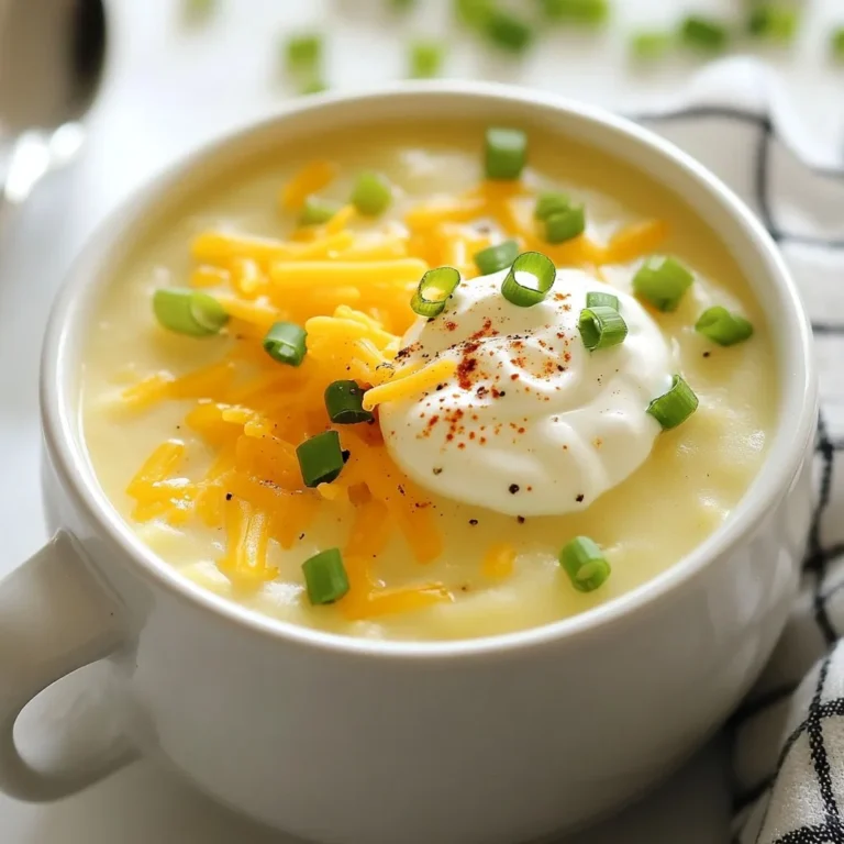 - 4 large russet potatoes, peeled and cut into 1-inch cubes - 1 medium onion, finely chopped - 3 cloves garlic, minced - 4 cups vegetable broth (preferably low-sodium) - 1 cup heavy cream - 1 cup shredded sharp cheddar cheese - 1/2 cup sour cream - 1/2 cup green onions, thinly sliced (plus extra for garnish) - 1 teaspoon smoked paprika - Salt and freshly ground black pepper, to taste - 1 tablespoon olive oil When making creamy loaded potato soup, proper prep is key. Start with the potatoes. Peel them carefully to avoid waste. Cut them into 1-inch cubes. This size cooks evenly. Next, chop the onion finely. Small pieces mix well in the soup. Then, mince the garlic. Fresh garlic gives a nice flavor boost. For the best soup, use russet potatoes. They break down well and make the soup creamy. If you need a change, Yukon Gold potatoes are also good. For heavy cream, you can use half-and-half or coconut cream for a lighter version. Low-sodium vegetable broth keeps the soup tasty without being too salty. {{ingredient_image_2}} Start by heating olive oil in a large pot over medium heat. Add the chopped onion. Sauté the onion for about five minutes. You want it soft and clear. Next, add the minced garlic and smoked paprika. Stir them for one minute. The garlic should smell good, so don't let it burn! Now, add the cubed potatoes to the pot. Pour in the vegetable broth. Turn up the heat until it boils gently. Once boiling, lower the heat to simmer. Cover the pot and cook for 15 to 20 minutes. The potatoes should be soft enough to poke with a fork. After the potatoes are tender, it's time to blend the soup. I recommend using an immersion blender. It’s easier and keeps everything in one pot. Blend until the soup is creamy and smooth. If you like some chunks, blend only half of it. This gives the soup a nice texture. Now, stir in the heavy cream, sour cream, and shredded cheddar cheese. Add the sliced green onions for a fresh taste. Keep cooking for another five minutes on low heat. Stir often until the cheese melts fully. Taste your soup and add salt and black pepper to make it just right. To make your creamy loaded potato soup shine, adjust the seasoning. Start with salt and pepper. Taste the soup as it cooks. If it lacks flavor, add more salt or a pinch of pepper. You can also enhance flavors with herbs and spices. Try adding thyme or rosemary for a fresh touch. A sprinkle of smoked paprika adds warmth and depth, just like the recipe suggests. If your soup is too thick, add more broth or cream. A little liquid can help reach your desired texture. The key is to add it slowly. Stir well and check the thickness. If you want a thicker soup, mash some potatoes against the pot. This adds body without needing extra thickeners. Presentation matters when serving your soup. Ladle it into warm bowls for that cozy feel. To elevate the dish, garnish with extra shredded cheese and a dollop of sour cream. A sprinkle of green onions adds color and freshness. Serve with warm, crusty bread for a full meal experience. Your guests will love the beautiful presentation! Pro Tips Choose the Right Potatoes: For the best creamy texture, use russet potatoes, as they have a high starch content that breaks down well in soups. Adjusting Consistency: If you prefer a thicker soup, blend more of the potatoes. For a chunkier version, blend less and leave some potato pieces intact. Enhance Flavor: Consider adding a splash of white wine or a dash of hot sauce for an extra layer of flavor that complements the creaminess. Storage Tips: This soup can be stored in the refrigerator for up to 3 days. Reheat gently on the stove, adding a splash of broth if it thickens too much. {{image_4}} You can make your creamy loaded potato soup even better with add-ins. Try adding crispy bacon for a salty crunch. Broccoli is a great choice too. It adds color and nutrition. You can also sprinkle some cheese on top for an extra cheesy bite. For a vegetarian or vegan twist, leave out the bacon. Use plant-based cheese and sour cream instead. This keeps the soup rich and creamy without animal products. If you like heat, try adding jalapeños or hot sauce. This gives the soup a nice kick. You can mix in fresh jalapeños while cooking or top each bowl with hot sauce. Adjust the heat to your taste. Start small, and add more if you want it spicier. Cheese plays a big role in flavor. While sharp cheddar is great, you can experiment with other types too. Try gouda for a smoky flavor, or pepper jack for some spice. Mixing cheeses can create a unique taste. Just remember to melt them well into the soup for the best texture. Store your creamy loaded potato soup in an airtight container. This keeps it fresh. You can keep it in the fridge for up to four days. Make sure to let it cool to room temperature before sealing. This helps avoid condensation that can make it watery. If you want to freeze the soup, first let it cool completely. Pour it into freezer-safe containers. Leave some space at the top, as it will expand when frozen. To thaw, place it in the fridge overnight. For reheating, warm it on the stove over low heat. Stir often to keep the texture smooth and creamy. You can make this soup ahead of time for easy meals. Cook a big batch on the weekend. Divide it into portions and store in the fridge or freezer. This way, you can enjoy a warm bowl on busy weeknights. Just heat it up, and dinner is ready! Yes, you can use other types of potatoes. For this recipe, russet potatoes work best. Their starchy nature gives the soup a creamy texture. You can also try Yukon Gold potatoes. They add a buttery flavor. Avoid waxy potatoes like red or new potatoes. They won’t make the soup as smooth. To make this soup dairy-free, swap heavy cream with coconut milk or almond milk. For the cheese, use a dairy-free cheese that melts well. You can also use a vegan sour cream. These substitutes keep the flavor rich and creamy without dairy. Yes, you can make this soup ahead of time. Cook the soup as usual and let it cool. Store it in an airtight container in the fridge. It will last for about 3 days. To reheat, warm it gently on the stove. Add a little broth if it gets too thick. To spice up the soup, you can add diced jalapeños or red pepper flakes. Stir them in while cooking the onions and garlic. For more heat, try a splash of hot sauce before serving. Adjust the amount based on your heat preference. You’ve learned how to create a creamy potato soup from start to finish. We explored the key ingredients, prepping tips, and the right way to cook. You can mix things up with tasty variations, and I shared practical storage advice. With these steps, your soup will be a hit. Enjoy making it your own. Keep experimenting with flavors and presentation. Your family and friends will love your delicious homemade soup!
