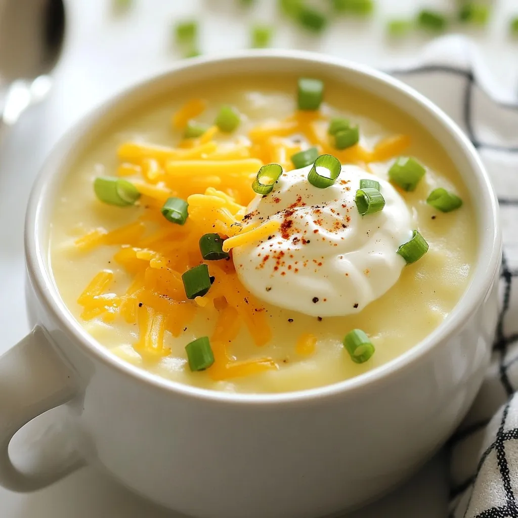 - 4 large russet potatoes, peeled and cut into 1-inch cubes - 1 medium onion, finely chopped - 3 cloves garlic, minced - 4 cups vegetable broth (preferably low-sodium) - 1 cup heavy cream - 1 cup shredded sharp cheddar cheese - 1/2 cup sour cream - 1/2 cup green onions, thinly sliced (plus extra for garnish) - 1 teaspoon smoked paprika - Salt and freshly ground black pepper, to taste - 1 tablespoon olive oil When making creamy loaded potato soup, proper prep is key. Start with the potatoes. Peel them carefully to avoid waste. Cut them into 1-inch cubes. This size cooks evenly. Next, chop the onion finely. Small pieces mix well in the soup. Then, mince the garlic. Fresh garlic gives a nice flavor boost. For the best soup, use russet potatoes. They break down well and make the soup creamy. If you need a change, Yukon Gold potatoes are also good. For heavy cream, you can use half-and-half or coconut cream for a lighter version. Low-sodium vegetable broth keeps the soup tasty without being too salty. {{ingredient_image_2}} Start by heating olive oil in a large pot over medium heat. Add the chopped onion. Sauté the onion for about five minutes. You want it soft and clear. Next, add the minced garlic and smoked paprika. Stir them for one minute. The garlic should smell good, so don't let it burn! Now, add the cubed potatoes to the pot. Pour in the vegetable broth. Turn up the heat until it boils gently. Once boiling, lower the heat to simmer. Cover the pot and cook for 15 to 20 minutes. The potatoes should be soft enough to poke with a fork. After the potatoes are tender, it's time to blend the soup. I recommend using an immersion blender. It’s easier and keeps everything in one pot. Blend until the soup is creamy and smooth. If you like some chunks, blend only half of it. This gives the soup a nice texture. Now, stir in the heavy cream, sour cream, and shredded cheddar cheese. Add the sliced green onions for a fresh taste. Keep cooking for another five minutes on low heat. Stir often until the cheese melts fully. Taste your soup and add salt and black pepper to make it just right. To make your creamy loaded potato soup shine, adjust the seasoning. Start with salt and pepper. Taste the soup as it cooks. If it lacks flavor, add more salt or a pinch of pepper. You can also enhance flavors with herbs and spices. Try adding thyme or rosemary for a fresh touch. A sprinkle of smoked paprika adds warmth and depth, just like the recipe suggests. If your soup is too thick, add more broth or cream. A little liquid can help reach your desired texture. The key is to add it slowly. Stir well and check the thickness. If you want a thicker soup, mash some potatoes against the pot. This adds body without needing extra thickeners. Presentation matters when serving your soup. Ladle it into warm bowls for that cozy feel. To elevate the dish, garnish with extra shredded cheese and a dollop of sour cream. A sprinkle of green onions adds color and freshness. Serve with warm, crusty bread for a full meal experience. Your guests will love the beautiful presentation! Pro Tips Choose the Right Potatoes: For the best creamy texture, use russet potatoes, as they have a high starch content that breaks down well in soups. Adjusting Consistency: If you prefer a thicker soup, blend more of the potatoes. For a chunkier version, blend less and leave some potato pieces intact. Enhance Flavor: Consider adding a splash of white wine or a dash of hot sauce for an extra layer of flavor that complements the creaminess. Storage Tips: This soup can be stored in the refrigerator for up to 3 days. Reheat gently on the stove, adding a splash of broth if it thickens too much. {{image_4}} You can make your creamy loaded potato soup even better with add-ins. Try adding crispy bacon for a salty crunch. Broccoli is a great choice too. It adds color and nutrition. You can also sprinkle some cheese on top for an extra cheesy bite. For a vegetarian or vegan twist, leave out the bacon. Use plant-based cheese and sour cream instead. This keeps the soup rich and creamy without animal products. If you like heat, try adding jalapeños or hot sauce. This gives the soup a nice kick. You can mix in fresh jalapeños while cooking or top each bowl with hot sauce. Adjust the heat to your taste. Start small, and add more if you want it spicier. Cheese plays a big role in flavor. While sharp cheddar is great, you can experiment with other types too. Try gouda for a smoky flavor, or pepper jack for some spice. Mixing cheeses can create a unique taste. Just remember to melt them well into the soup for the best texture. Store your creamy loaded potato soup in an airtight container. This keeps it fresh. You can keep it in the fridge for up to four days. Make sure to let it cool to room temperature before sealing. This helps avoid condensation that can make it watery. If you want to freeze the soup, first let it cool completely. Pour it into freezer-safe containers. Leave some space at the top, as it will expand when frozen. To thaw, place it in the fridge overnight. For reheating, warm it on the stove over low heat. Stir often to keep the texture smooth and creamy. You can make this soup ahead of time for easy meals. Cook a big batch on the weekend. Divide it into portions and store in the fridge or freezer. This way, you can enjoy a warm bowl on busy weeknights. Just heat it up, and dinner is ready! Yes, you can use other types of potatoes. For this recipe, russet potatoes work best. Their starchy nature gives the soup a creamy texture. You can also try Yukon Gold potatoes. They add a buttery flavor. Avoid waxy potatoes like red or new potatoes. They won’t make the soup as smooth. To make this soup dairy-free, swap heavy cream with coconut milk or almond milk. For the cheese, use a dairy-free cheese that melts well. You can also use a vegan sour cream. These substitutes keep the flavor rich and creamy without dairy. Yes, you can make this soup ahead of time. Cook the soup as usual and let it cool. Store it in an airtight container in the fridge. It will last for about 3 days. To reheat, warm it gently on the stove. Add a little broth if it gets too thick. To spice up the soup, you can add diced jalapeños or red pepper flakes. Stir them in while cooking the onions and garlic. For more heat, try a splash of hot sauce before serving. Adjust the amount based on your heat preference. You’ve learned how to create a creamy potato soup from start to finish. We explored the key ingredients, prepping tips, and the right way to cook. You can mix things up with tasty variations, and I shared practical storage advice. With these steps, your soup will be a hit. Enjoy making it your own. Keep experimenting with flavors and presentation. Your family and friends will love your delicious homemade soup!