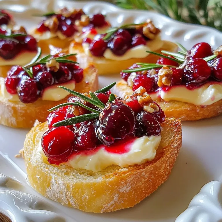 - 1 French baguette, cut into 1/2-inch thick rounds - 8 ounces Brie cheese, sliced into thin pieces - 1 cup fresh cranberries - 1/4 cup granulated sugar - 1/4 cup water - 1 teaspoon fresh rosemary, finely chopped - 1 tablespoon honey - 2 tablespoons walnuts, chopped (optional) - Salt and freshly ground black pepper, to taste The French baguette is the base for this dish. It should be fresh and crusty. Choose one that is slightly chewy inside. The Brie cheese must be creamy and soft. Look for high-quality Brie for rich flavor. Fresh cranberries are the star of this recipe. You can find them in the produce section during fall and winter. For sweetness, we use granulated sugar and honey. These balance the tartness of the cranberries. You can add fresh rosemary for a lovely herbal note. If you want crunch, walnuts are an excellent choice. They add texture and a nutty flavor. Each ingredient plays a key role in making this appetizer a hit. You’ll love how they work together! {{ingredient_image_2}} 1. Preheating the oven: Start by preheating your oven to 375°F (190°C). This step is key for crisp crostini. 2. Preparing the baguette slices: Cut a French baguette into 1/2-inch thick rounds. Lay them out on a lined baking sheet without overlapping. 3. Baking the crostini: Brush each baguette slice with olive oil. Sprinkle a pinch of salt on top. Bake for 8-10 minutes until they are golden brown and crisp. 1. Cooking the cranberries: In a medium saucepan, mix 1 cup of fresh cranberries, 1/4 cup sugar, 1/4 cup water, and a pinch of salt. Cook over medium heat. Stir often until the cranberries burst, about 10 minutes. 2. Adding rosemary and honey: Once the cranberries are soft, stir in 1 teaspoon of finely chopped rosemary and 1 tablespoon of honey. Remove it from heat. Let it cool, as it will thicken more. 1. Topping the crostini with Brie: After baking, take out the crostini. Place a slice of Brie cheese on each toasted round. 2. Spoon cranberry sauce and optional nuts: Generously spoon the cranberry mixture over the cheese. Add chopped walnuts on top if you want a crunchy texture. 3. Final baking for cheese melting: Return the crostini to the oven. Bake for another 5 minutes to warm the cheese and let it melt slightly. Enjoy your flavorful Cranberry Brie Crostini while warm! To make the perfect crostini, start with a fresh baguette. Cut it into 1/2-inch thick rounds. This thickness helps create a crisp bite. Brush each slice with olive oil for flavor and crunch. Here are some tips to prevent sogginess in your crostini: - Bake the baguette slices until golden brown. This adds a nice crunch. - Keep them in a single layer while baking. This helps them crisp evenly. - Avoid spreading too much sauce on top before baking. A little goes a long way! For hosting, pair these crostini with a light white wine or sparkling drink. They also go well with a fresh salad or charcuterie board. When it comes to presentation, place the crostini on a nice platter. You can add a sprig of rosemary on each piece. This adds color and a hint of freshness. Drizzling honey over the top can also make them look fancy! Pro Tips Choose the Right Brie: Opt for a high-quality Brie cheese for a creamy and flavorful experience. Look for one with a good balance of softness and flavor. Add a Zesty Twist: For an extra zing, consider adding a splash of balsamic vinegar to the cranberry mixture while it cooks. This will enhance the flavors and provide a delightful contrast. Customize Your Toppings: Feel free to experiment with toppings! Try adding pomegranate seeds, sliced figs, or even a sprinkle of blue cheese for a unique flavor profile. Serve with a Side: Pair these crostini with a light salad or a charcuterie board for a well-rounded appetizer spread that guests will love. {{image_4}} You can switch up the cheese if you want. Goat cheese or cream cheese works well. They add unique flavors that mix nicely with cranberries. For fruit, try apples or pears in season. They bring a fresh touch while keeping it sweet. Spices can change things up. Consider adding a pinch of cinnamon or nutmeg to the cranberry sauce. They add warmth and depth. Fresh herbs like thyme or tarragon can also brighten the flavor. Just chop them finely and mix in. For gluten-free options, use gluten-free baguette or crackers. This way, everyone can enjoy the dish. If you want a vegan version, swap the Brie for a nut-based cheese. You can also replace honey with maple syrup or agave nectar. These changes keep the recipe delicious and friendly for all diets. To keep your crostini fresh, store them in an airtight container. Place parchment paper between layers to avoid sogginess. Aim to consume them within two days for the best taste. If you notice any moisture, you can lightly re-toast them in the oven for a few minutes. This helps restore their crispiness. You can freeze the assembled crostini, but the texture may change once thawed. Wrap each crostini in plastic wrap and then put them in a freezer bag. Make sure to squeeze out as much air as possible. When you are ready to eat, thaw them in the fridge overnight. For reheating, place the crostini on a baking sheet. Heat them in a 350°F (175°C) oven for about 10 minutes. This will warm the cheese and crisp up the bread again. Enjoy them warm for the best flavor! Can I make the cranberry sauce ahead of time? Yes, you can make the cranberry sauce a day in advance. Store it in an airtight container in the fridge. This saves time and lets the flavors deepen. How long do crostini stay fresh? Crostini stay fresh for about 1-2 days if stored in a cool, dry place. Keep them in an airtight container to maintain their crunch. What is the best way to reheat crostini? To reheat crostini, place them in a preheated oven at 350°F (175°C) for about 5-7 minutes. This keeps them crispy and warm without making them soggy. Can I use dried cranberries instead? Yes, dried cranberries can work in a pinch. However, you may need to soak them in warm water to soften them. Adjust the sugar based on their sweetness. How do I make this dish spicier? To add heat, sprinkle red pepper flakes or cayenne pepper in the cranberry sauce. You can also add sliced jalapeños on top of the crostini for extra kick. This guide showed you how to create a delicious crostini with Brie and cranberry. We covered the ingredients, step-by-step instructions, and even tips for the best results. You can impress your guests with this simple yet tasty dish. Remember, feel free to explore variations and substitutions to match your taste. Enjoy making this crostini, and savor the wonderful flavors!