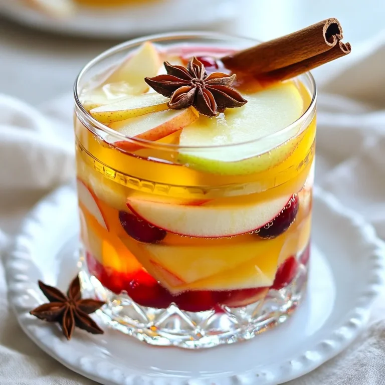 - 1 cup freshly pressed apple cider - 1/2 cup tart cranberry juice - 1 tablespoon freshly squeezed lemon juice - 1 tablespoon pure maple syrup - 1/2 teaspoon ground cinnamon - 1/4 teaspoon ground ginger - Whole star anise for garnish - Cinnamon sticks for garnish - Thinly sliced fresh apple for garnish - Ice cubes This cozy drink needs simple and fresh ingredients. Fresh apple cider brings a sweet taste, while tart cranberry juice adds a nice zing. The lemon juice gives a bright kick, and maple syrup adds a warm sweetness. Ground cinnamon and ginger add warmth and spice. The garnishes not only look great but also add flavor. Whole star anise, cinnamon sticks, and fresh apple slices make the drink feel festive. Remember to use high-quality apple cider. It makes a big difference in taste. With these ingredients ready, you will create a drink that warms the heart and soul. Enjoy this drink by the fire with friends and family. {{ingredient_image_2}} - Step 1: Combine the juices and syrup Start by pouring 1 cup of freshly pressed apple cider into a large pitcher. Add in 1/2 cup of tart cranberry juice. Next, mix in 1 tablespoon of freshly squeezed lemon juice and 1 tablespoon of pure maple syrup. Stir everything well with a whisk until it blends smoothly. - Step 2: Mix in the ground spices Now, sprinkle in 1/2 teaspoon of ground cinnamon and 1/4 teaspoon of ground ginger. Stir again until the spices are well mixed. Taste it. If you want it sweeter, add more maple syrup to your liking. - Step 3: Prepare serving glasses with ice Grab your serving glasses. Fill each one halfway with ice cubes. This will keep your drink cold and refreshing. - Step 4: Pour the mocktail into glasses Carefully pour the mocktail mixture over the ice in each glass. Watch how it chills and mingles with the ice. - Step 5: Add garnishes For a lovely look, garnish each glass. Use a whole star anise pod and a cinnamon stick. Add a few thin slices of fresh apple too. This makes your drink more inviting. - Step 6: Serve and enjoy Serve the mocktails right away. Sip and enjoy the cozy flavors by the fireside. This drink is perfect for gatherings! - Use high-quality, freshly pressed apple cider: The base of your mocktail should be fresh. It gives the drink a rich flavor. You can find it at local farmers' markets or grocery stores. - Adjust sweetness to your preference: Taste your mix after adding maple syrup. If it needs more sweetness, add a touch more. Everyone has different tastes! - Chill ingredients beforehand for a refreshing sip: Cold drinks feel great, especially by the fire. Chill your juices and cider in the fridge before mixing. This makes your mocktail extra refreshing. - Creative variations using seasonal fruits: Think about using thin slices of pear or orange. These fruits add color and taste. You can even try berries for a fun twist! - Alternative spices for flavor enhancements: Experiment with spices like nutmeg or allspice. They can give your drink a warm, cozy feel. Just a pinch can make a big difference. Pro Tips Use Fresh Ingredients: Opt for freshly pressed apple cider and high-quality cranberry juice to enhance the flavor of your mocktail. Adjust Sweetness: Depending on your taste preference, feel free to adjust the amount of maple syrup to make it sweeter or more tart. Chill Your Glasses: For an extra refreshing experience, chill your serving glasses in the freezer for about 10-15 minutes before serving. Garnish Creatively: Experiment with different garnishes like orange slices or fresh herbs to add a unique twist to your mocktail presentation. {{image_4}} You can make the Fireside Mocktail your own with a few tweaks. Here are some fun ideas: - Sparkling Water: Add a splash of sparkling water for a bubbly twist. This adds a refreshing fizz that lifts the drink. It also makes it feel special for any gathering. - Fresh Herbs: Try infusing the mocktail with fresh herbs like rosemary or mint. These herbs add a unique flavor and aroma. Just muddle the herbs before mixing to release their oils. - Different Fruit Juices: Experiment with different fruit juices. Pear or pomegranate juice offers a sweet and tart balance. These juices can change the mocktail's flavor profile while keeping it delicious. You can also change the mocktail to fit the season. Here are some ideas to match the time of year: - Fall/Winter: For cozy nights, add nutmeg or cloves. These spices bring warmth and sweetness. They are perfect for sipping by the fire on chilly evenings. - Spring/Summer: Lighten up the drink by using citrus-infused mocktails. Try fresh lemon or lime juice for a bright, zesty flavor. These mocktails feel refreshing and perfect for warm days. To store your leftover Fireside Mocktail, use a clean glass jar with a lid. This keeps the flavors fresh. You want to avoid using plastic containers, as they can change the taste. Keep the mocktail in the fridge for up to three days. After that, the flavors may fade. Always taste it first before serving again. You can make the drink mix ahead of time. Just combine the juices and spices in your jar. Store it in the fridge until you are ready to serve. For ice, make sure to use larger cubes. This prevents them from melting too quickly. You can also freeze some of the mocktail mixture in ice cube trays. This way, you can chill your drink without watering it down. Can I make this mocktail in advance? Yes, you can make this mocktail ahead of time. Mix the juices and spices, then store it in the fridge. Just remember to add ice and garnishes right before serving. What can I substitute for apple cider? If you don’t have apple cider, use unsweetened apple juice. You may lose some depth of flavor. Consider adding a splash of vinegar for a tangy kick. Is it possible to make a warm version of this drink? Absolutely! Heat the apple cider and cranberry juice in a pot over low heat. Add the spices and sweetener while stirring. Serve warm in cozy mugs. Can I add alcohol to this recipe for guests who prefer it? Yes, feel free to mix in some spiced rum or bourbon. Start with a shot per glass. This adds warmth and depth to your mocktail. You can create a delicious Fireside Mocktail with simple ingredients and steps. We covered ingredients, from fresh apple cider to warm spices, and how to mix them. We also shared helpful tips to perfect your drink and creative variations for every season. Remember, you can easily store leftovers and prep in advance for gatherings. Enjoy this tasty drink, tailored to your taste. Whether you sip it warm or cold, a great time awaits with every glass.