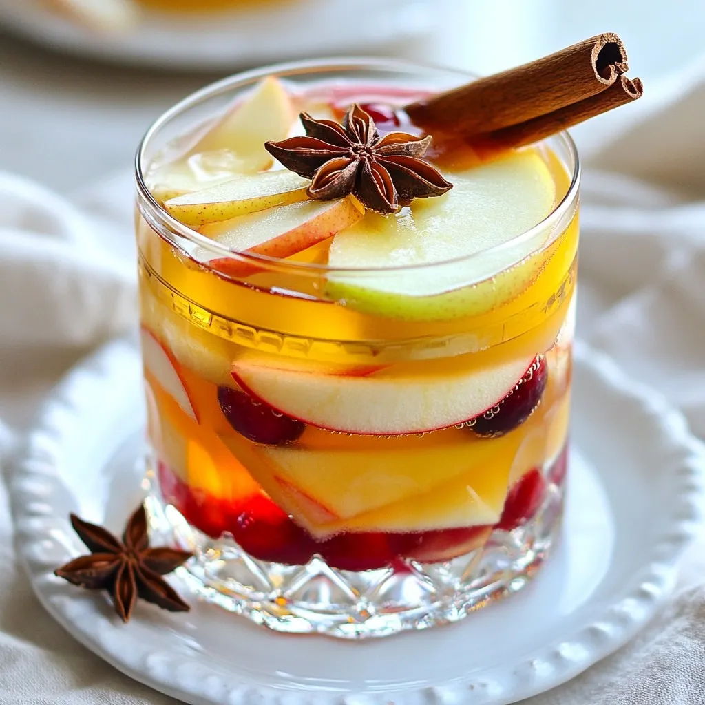 - 1 cup freshly pressed apple cider - 1/2 cup tart cranberry juice - 1 tablespoon freshly squeezed lemon juice - 1 tablespoon pure maple syrup - 1/2 teaspoon ground cinnamon - 1/4 teaspoon ground ginger - Whole star anise for garnish - Cinnamon sticks for garnish - Thinly sliced fresh apple for garnish - Ice cubes This cozy drink needs simple and fresh ingredients. Fresh apple cider brings a sweet taste, while tart cranberry juice adds a nice zing. The lemon juice gives a bright kick, and maple syrup adds a warm sweetness. Ground cinnamon and ginger add warmth and spice. The garnishes not only look great but also add flavor. Whole star anise, cinnamon sticks, and fresh apple slices make the drink feel festive. Remember to use high-quality apple cider. It makes a big difference in taste. With these ingredients ready, you will create a drink that warms the heart and soul. Enjoy this drink by the fire with friends and family. {{ingredient_image_2}} - Step 1: Combine the juices and syrup Start by pouring 1 cup of freshly pressed apple cider into a large pitcher. Add in 1/2 cup of tart cranberry juice. Next, mix in 1 tablespoon of freshly squeezed lemon juice and 1 tablespoon of pure maple syrup. Stir everything well with a whisk until it blends smoothly. - Step 2: Mix in the ground spices Now, sprinkle in 1/2 teaspoon of ground cinnamon and 1/4 teaspoon of ground ginger. Stir again until the spices are well mixed. Taste it. If you want it sweeter, add more maple syrup to your liking. - Step 3: Prepare serving glasses with ice Grab your serving glasses. Fill each one halfway with ice cubes. This will keep your drink cold and refreshing. - Step 4: Pour the mocktail into glasses Carefully pour the mocktail mixture over the ice in each glass. Watch how it chills and mingles with the ice. - Step 5: Add garnishes For a lovely look, garnish each glass. Use a whole star anise pod and a cinnamon stick. Add a few thin slices of fresh apple too. This makes your drink more inviting. - Step 6: Serve and enjoy Serve the mocktails right away. Sip and enjoy the cozy flavors by the fireside. This drink is perfect for gatherings! - Use high-quality, freshly pressed apple cider: The base of your mocktail should be fresh. It gives the drink a rich flavor. You can find it at local farmers' markets or grocery stores. - Adjust sweetness to your preference: Taste your mix after adding maple syrup. If it needs more sweetness, add a touch more. Everyone has different tastes! - Chill ingredients beforehand for a refreshing sip: Cold drinks feel great, especially by the fire. Chill your juices and cider in the fridge before mixing. This makes your mocktail extra refreshing. - Creative variations using seasonal fruits: Think about using thin slices of pear or orange. These fruits add color and taste. You can even try berries for a fun twist! - Alternative spices for flavor enhancements: Experiment with spices like nutmeg or allspice. They can give your drink a warm, cozy feel. Just a pinch can make a big difference. Pro Tips Use Fresh Ingredients: Opt for freshly pressed apple cider and high-quality cranberry juice to enhance the flavor of your mocktail. Adjust Sweetness: Depending on your taste preference, feel free to adjust the amount of maple syrup to make it sweeter or more tart. Chill Your Glasses: For an extra refreshing experience, chill your serving glasses in the freezer for about 10-15 minutes before serving. Garnish Creatively: Experiment with different garnishes like orange slices or fresh herbs to add a unique twist to your mocktail presentation. {{image_4}} You can make the Fireside Mocktail your own with a few tweaks. Here are some fun ideas: - Sparkling Water: Add a splash of sparkling water for a bubbly twist. This adds a refreshing fizz that lifts the drink. It also makes it feel special for any gathering. - Fresh Herbs: Try infusing the mocktail with fresh herbs like rosemary or mint. These herbs add a unique flavor and aroma. Just muddle the herbs before mixing to release their oils. - Different Fruit Juices: Experiment with different fruit juices. Pear or pomegranate juice offers a sweet and tart balance. These juices can change the mocktail's flavor profile while keeping it delicious. You can also change the mocktail to fit the season. Here are some ideas to match the time of year: - Fall/Winter: For cozy nights, add nutmeg or cloves. These spices bring warmth and sweetness. They are perfect for sipping by the fire on chilly evenings. - Spring/Summer: Lighten up the drink by using citrus-infused mocktails. Try fresh lemon or lime juice for a bright, zesty flavor. These mocktails feel refreshing and perfect for warm days. To store your leftover Fireside Mocktail, use a clean glass jar with a lid. This keeps the flavors fresh. You want to avoid using plastic containers, as they can change the taste. Keep the mocktail in the fridge for up to three days. After that, the flavors may fade. Always taste it first before serving again. You can make the drink mix ahead of time. Just combine the juices and spices in your jar. Store it in the fridge until you are ready to serve. For ice, make sure to use larger cubes. This prevents them from melting too quickly. You can also freeze some of the mocktail mixture in ice cube trays. This way, you can chill your drink without watering it down. Can I make this mocktail in advance? Yes, you can make this mocktail ahead of time. Mix the juices and spices, then store it in the fridge. Just remember to add ice and garnishes right before serving. What can I substitute for apple cider? If you don’t have apple cider, use unsweetened apple juice. You may lose some depth of flavor. Consider adding a splash of vinegar for a tangy kick. Is it possible to make a warm version of this drink? Absolutely! Heat the apple cider and cranberry juice in a pot over low heat. Add the spices and sweetener while stirring. Serve warm in cozy mugs. Can I add alcohol to this recipe for guests who prefer it? Yes, feel free to mix in some spiced rum or bourbon. Start with a shot per glass. This adds warmth and depth to your mocktail. You can create a delicious Fireside Mocktail with simple ingredients and steps. We covered ingredients, from fresh apple cider to warm spices, and how to mix them. We also shared helpful tips to perfect your drink and creative variations for every season. Remember, you can easily store leftovers and prep in advance for gatherings. Enjoy this tasty drink, tailored to your taste. Whether you sip it warm or cold, a great time awaits with every glass.