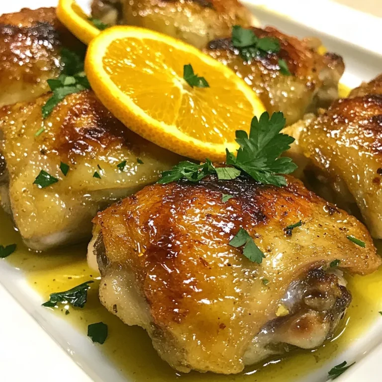 - 4 chicken thighs (bone-in, skin-on) - 2 large oranges (juiced and zested) - 4 cloves garlic, finely minced - 1 tablespoon fresh ginger, finely grated - 2 tablespoons honey (preferably raw) - 2 tablespoons soy sauce (or coconut aminos for a gluten-free option) - 1 tablespoon extra virgin olive oil - 1 teaspoon sea salt - 1/2 teaspoon freshly ground black pepper - 1 teaspoon crushed red pepper flakes (optional, for heat) - Fresh parsley, finely chopped, for garnish - Orange slices, for garnish and added color The main ingredients create a rich base for the dish. Chicken thighs offer juicy meat that pairs perfectly with sweet citrus. Fresh oranges bring a bright flavor, while garlic and ginger add warmth. The marinade components enhance the chicken's taste. Honey adds sweetness, while soy sauce gives a salty kick. Olive oil keeps the chicken moist, and salt and pepper balance the flavors. Crushed red pepper flakes are great if you like some spice. For garnishing, fresh parsley adds a pop of color and flavor. Orange slices not only look pretty but also echo the citrus in the dish. These ingredients come together to make your roasted orange chicken a vibrant and tasty meal. {{ingredient_image_2}} Begin by preheating your oven to 400°F (200°C). This high heat helps create crisp skin. Next, grab a baking dish and line it with parchment paper. This makes for easy cleanup and keeps the chicken from sticking. In a mixing bowl, combine the juice and zest of the two large oranges. Add the minced garlic and grated ginger for extra flavor. Then mix in the honey and soy sauce. Pour in the olive oil, sea salt, black pepper, and optional red pepper flakes for heat. Whisk all these ingredients together until they blend well into a smooth marinade. Place the four chicken thighs into a resealable plastic bag or a shallow dish. Pour the marinade over the chicken, ensuring each piece gets coated. Seal the bag or cover the dish. Refrigerate for at least 30 minutes. For a stronger flavor, let it marinate for up to 2 hours. After marinating, take the chicken out of the fridge. Arrange the thighs skin-side up in the lined baking dish. Pour any leftover marinade over the top. Bake in the preheated oven for 35-40 minutes. The chicken is ready when it hits 165°F (75°C) and the skin is golden and crispy. For added crunch, broil for 3-5 minutes, but watch it closely to avoid burning. To get the best flavor, marinate the chicken for at least 30 minutes. If you have time, try to marinate for up to 2 hours. This helps the flavors soak into the meat. Always use fresh ingredients. Fresh oranges, garlic, and ginger make a big difference in taste. To ensure the chicken is safe to eat, check the internal temperature. The chicken should reach 165°F (75°C). This keeps it juicy and safe. For extra crispiness, you can broil the chicken for 3-5 minutes at the end. Keep an eye on it to avoid burning. When serving, place the chicken on a large platter. Arrange orange slices around it for color. Sprinkle fresh parsley on top for a bright finish. Pair your roasted orange chicken with steamed vegetables or jasmine rice. This makes a delicious and complete meal. Pro Tips Marinate Longer for More Flavor: For the best flavor, marinate the chicken for at least 2 hours, or even overnight if you have the time. This allows the marinade to fully penetrate the meat, resulting in a more flavorful dish. Use Fresh Ingredients: Fresh garlic and ginger can significantly enhance the flavor of your marinade. Avoid using pre-minced or dried alternatives, as they can lack the vibrant taste that fresh ingredients provide. Check for Doneness: Ensure the chicken is fully cooked by using a meat thermometer to check that the internal temperature reaches 165°F (75°C). This is crucial for food safety and achieving the right texture. Experiment with Citrus: While oranges are delicious, don't hesitate to experiment with other citrus fruits like lemons or limes for a different flavor profile. You can also mix citrus juices for a unique twist! {{image_4}} You can change the taste of roasted orange chicken easily. Adding fresh herbs like thyme or rosemary works well. They add a nice earthy flavor. You can also use spices like paprika or cumin for a twist. For citrus options, try lemon or lime juice. They will give your dish a bright zing. You can mix and match these flavors to find your favorite combination. If you want to switch up the protein, you can use other meats. Pork chops or turkey thighs work great with this recipe. Just remember to adjust the cooking time based on the meat you choose. For a vegetarian option, try tofu or tempeh. Marinate them in the same orange mix. This will give them a tasty boost and keep the dish vibrant. You can cook this dish in different ways. Grilling the chicken gives it a smoky flavor. Just marinate the chicken and grill it until cooked through. Slow-cooking is another option. It makes the chicken very tender. Cook it on low for several hours. This way, the flavors will blend nicely. Each method brings a new twist to roasted orange chicken. Enjoy experimenting! To store leftovers, allow the chicken to cool completely. Place it in an airtight container. This keeps the chicken fresh for up to four days. When reheating, use an oven set to 350°F (175°C) for best results. You can also use a microwave, but it may not keep the skin crispy. You can freeze roasted orange chicken for up to three months. Wrap it well in plastic wrap, then place it in a freezer bag. For best flavor, freeze it right after cooling. Thaw the chicken in the fridge overnight before reheating. This helps maintain the taste and texture. When stored properly, roasted orange chicken lasts about four days in the fridge and three months in the freezer. Always check for signs of spoilage, like off smells or discoloration, before eating. Enjoy your leftovers safely and deliciously! To make the chicken skin crispy, you can use a couple of tricks. First, bake the chicken at 400°F (200°C). This temperature helps the skin render fat and get crispy. After baking, switch the oven to broil for the last few minutes. Keep a close watch so that it does not burn. The skin will bubble and turn golden brown, making your dish look and taste amazing. Yes, you can use boneless chicken thighs. The cooking time will change, though. Boneless thighs cook faster than bone-in ones. Bake them for about 25-30 minutes. Always check for a safe internal temperature of 165°F (75°C). If you want, you can also use chicken breasts. Just remember to adjust the cooking time to keep them juicy. Roasted orange chicken pairs well with many sides. Try serving it with steamed vegetables like broccoli or green beans. Jasmine rice complements the citrus flavors nicely. You can also serve it with a fresh salad or roasted potatoes. These sides will round out your meal and make it even more enjoyable. We explored how to make a delicious roasted orange chicken dish. Start with chicken thighs, fresh oranges, garlic, and ginger. Marinade them with honey, soy sauce, and optional spices. I shared tips for perfect cooking, checking temperatures, and achieving crispy skin. Consider adding herbs for extra flavor or trying different proteins. Store leftovers safely and enjoy them later. Roasted orange chicken is versatile and great for any meal. Enjoy creating your own tasty versions!