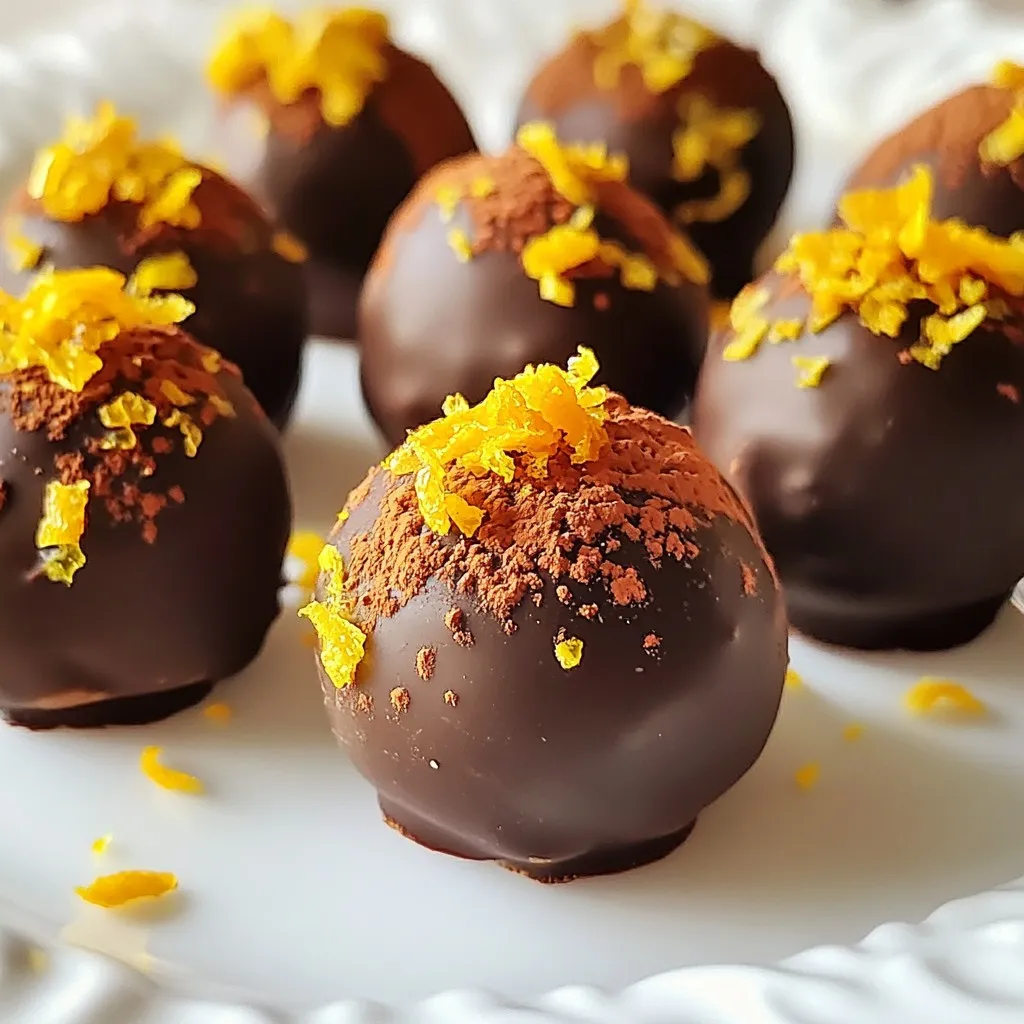 To make delicious Orange Chocolate Christmas Truffles, gather these ingredients: - 200g dark chocolate (70% cocoa), finely chopped - 100ml heavy cream - Zest of 1 large orange - 2 tablespoons fresh orange juice - 1 tablespoon unsweetened cocoa powder (for dusting) - 1 tablespoon finely chopped candied orange peel (optional) - Pinch of sea salt - 100g milk chocolate, melted (for coating) When measuring, use a kitchen scale for accuracy. It helps to prevent mistakes. For chocolate, choose high-quality brands. I like chocolate with at least 70% cocoa. The darker chocolate gives a rich taste. Fresh orange zest adds a bright flavor. Use a microplane to zest the skin without the bitter white part. Make sure your heavy cream is fresh for the best texture. For dark chocolate, I recommend brands like Valrhona or Ghirardelli. They have great quality and taste. For milk chocolate, Callebaut is a solid choice. It melts well and tastes amazing. Use organic oranges if possible. They often have a better zest and juice flavor. For heavy cream, look for brands that are labeled as “pure” with no additives. This ensures a rich and creamy texture in your truffles. {{ingredient_image_2}} Start by heating 100ml of heavy cream in a small saucepan. Use medium-low heat and keep an eye on it. You want it to shimmer but not boil. Once it's hot, take it off the heat. Add 200g of finely chopped dark chocolate, the zest of one large orange, and two tablespoons of fresh orange juice. Don't forget a pinch of sea salt! Stir until everything melts and blends into a smooth mix. This is where the magic begins! After you have that velvety chocolate mixture, let it cool to room temperature. Then, cover it with plastic wrap. Place it in the fridge for about two hours. This time is crucial. It helps the mixture firm up so you can shape it easily into truffles. You’ll know it’s ready when it holds its shape well. Once the mixture is chilled, take it out of the fridge. Use a small scoop or your hands to form small balls, about one inch wide. Roll the balls between your palms to make them smooth. If you'd like, you can roll them in unsweetened cocoa powder and chopped candied orange peel for extra flavor. Place the coated truffles on a baking sheet lined with parchment paper. Melt 100g of milk chocolate in the microwave or a double boiler until it’s silky. Dip each truffle into the melted chocolate, letting the excess drip off. Finally, put them back on the baking sheet and refrigerate for about 30 minutes to set. Enjoy your festive treat! To get a smooth truffle texture, start by heating the cream gently. Avoid boiling it. Once it shimmers, mix in the chocolate. Stir until fully melted. Adding orange zest and juice enhances flavor and texture. Cooling the mixture completely is vital. If it's too warm, truffles won't hold shape. Many people make the mistake of overheating the cream. This can make the chocolate grainy. Another common error is skipping the cooling step. If you try to shape warm chocolate, it will be messy. Also, be careful when rolling truffles in cocoa powder. Too much can make them dry and bitter. For serving, present your truffles on a bright festive plate. You can also use a decorative box. Dust some with extra cocoa for flair. Adding mint sprigs or orange slices makes it pop. These touches make your truffles look special for any holiday gathering. Pro Tips Chill Thoroughly: Ensure the truffle mixture is completely chilled before shaping for easy handling and a smooth finish. Use Quality Chocolate: Opt for high-quality dark and milk chocolate to enhance the flavor of your truffles. Experiment with Coatings: Try rolling the truffles in different coatings like crushed nuts or sprinkles for a festive touch. Store Properly: Keep the truffles in an airtight container in the fridge to maintain their freshness and flavor. {{image_4}} You can make these truffles even more exciting by using different coatings. Instead of cocoa powder, try using shredded coconut. It gives a great texture and taste. You can also roll them in crushed nuts like almonds or hazelnuts for a crunchy bite. If you want a spicy twist, add ground cinnamon or chili powder to the cocoa. For a fruity touch, consider adding crushed freeze-dried raspberries. They add color and a bright flavor. While dark chocolate is the star here, you can mix it up. Use milk chocolate for a sweeter truffle. If you love white chocolate, feel free to swap it in. Just remember, white chocolate is sweeter, so adjust the orange zest for balance. You can also use flavored chocolates, like orange-infused or mint chocolate, for a unique flavor. Each type will give you a different taste. If you have dietary needs, there are easy swaps. For a dairy-free version, use coconut cream instead of heavy cream. Look for dairy-free chocolate brands that taste great. If you're avoiding sugar, use sugar-free chocolate and sweeteners. For gluten-free, all ingredients are naturally gluten-free, so you're safe! These variations keep the essence of the truffles but cater to your needs. To keep your orange chocolate Christmas truffles fresh, store them in an airtight container. Place parchment paper between layers to prevent sticking. This will help them stay smooth and beautiful. Keep the container in a cool, dry place. Avoid heat and sunlight. These factors can ruin the truffles' texture and flavor. When stored properly, these truffles last about one week at room temperature. If you place them in the fridge, they can last up to two weeks. The cold helps maintain their rich taste and structure. Just remember, the longer they sit, the less fresh they will taste. If you want to keep your truffles longer, freezing is a great option. Place the truffles in a single layer on a baking sheet. Freeze them for about an hour. Once frozen, transfer them to a zip-top bag or an airtight container. They can last up to three months in the freezer. To thaw, simply remove them and let them sit at room temperature for about 15 minutes before serving. Enjoy the taste of fresh truffles even after months! Yes, you can make these truffles ahead of time. They taste even better after a day in the fridge. Just keep them in a sealed container. This way, they stay fresh and tasty. You can enjoy them or share them later. If you need a substitute for heavy cream, try using coconut cream. It gives a rich flavor. You can also use half-and-half or whole milk, but your truffles may be less creamy. If you use milk, add a bit of butter for extra richness. To add a festive touch, roll the truffles in crushed peppermint or colorful sprinkles. You can also use white chocolate for coating. Drizzling melted chocolate on top makes them look beautiful. For a pop of color, add fresh mint leaves or orange slices to the plate. You now know how to make delicious Orange Chocolate Christmas Truffles. We covered the best ingredients, tips for a smooth texture, and ways to store them. You can even explore fun variations or answer common questions. These truffles are easy to make and fun to share. Enjoy your time in the kitchen, and let your creativity shine! Happy truffle making!