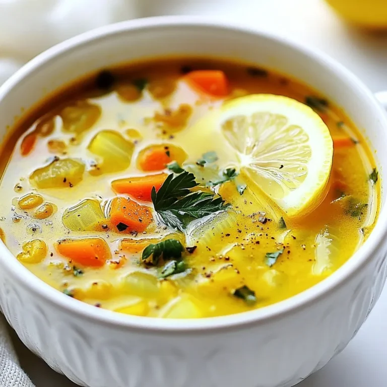 For a rich and tasty Vegan Lemon Turmeric Lentil Soup, you need the following main ingredients: - 1 cup green or brown lentils, thoroughly rinsed - 1 medium onion, finely diced - 2 cloves garlic, minced - 1 inch piece of fresh ginger, grated - 1 large carrot, peeled and diced - 1 celery stalk, diced - 6 cups vegetable broth - Juice of 1 fresh lemon - 2 tablespoons extra virgin olive oil These ingredients form the base of your soup. The lentils provide protein and fiber. The onion, garlic, ginger, carrot, and celery offer great flavor and nutrients. The right spices make this soup pop. Here are the key spices you will need: - 1 teaspoon ground turmeric - 1 teaspoon ground cumin - 1/2 teaspoon smoked paprika - Salt and black pepper to taste Turmeric gives this soup its bright color and health benefits. Cumin adds warmth, while smoked paprika gives a hint of smokiness. Adjust salt and pepper based on your taste. To finish your soup, consider adding garnishes for extra flavor and flair: - Fresh parsley or cilantro, finely chopped Garnishing with parsley or cilantro not only adds color but also a fresh taste. You can also drizzle olive oil on top or add a lemon wedge for a zesty touch. {{ingredient_image_2}} First, gather all your ingredients. You will need: - 1 cup green or brown lentils, thoroughly rinsed - 1 medium onion, finely diced - 2 cloves garlic, minced - 1 inch piece of fresh ginger, grated - 1 large carrot, peeled and diced - 1 celery stalk, diced - 1 teaspoon ground turmeric - 1 teaspoon ground cumin - 1/2 teaspoon smoked paprika - 6 cups vegetable broth - Juice of 1 fresh lemon - 2 tablespoons extra virgin olive oil - Salt and black pepper to taste - Fresh parsley or cilantro, finely chopped, for garnish Next, prepare your vegetables. Dice the onion, carrot, and celery. Mince the garlic and grate the ginger. This step makes cooking quicker and easier. Heat the olive oil in a large pot over medium heat. Once it shimmers, add the onion. Cook for about 5 minutes until it turns translucent. Then, add the minced garlic and grated ginger. Stir for one minute to release their fragrance. Now, add the diced carrot and celery. Cook for 4-5 minutes, stirring often. This helps soften the veggies. After that, sprinkle in the turmeric, cumin, and smoked paprika. Stir well to coat the vegetables with the spices. Pour in the rinsed lentils and vegetable broth. Stir everything together. Bring the mixture to a rolling boil. Once it boils, reduce the heat to low. Cover the pot and let it simmer for about 25-30 minutes. Check the lentils; they should be tender but still firm. After simmering, stir in the lemon juice. Taste your soup and add salt and black pepper as needed. If the soup is too thick, add more broth or water for your desired consistency. Ladle the soup into bowls. For a lovely finish, garnish with chopped parsley or cilantro. You can also drizzle olive oil on top and add a lemon wedge for extra flair. Enjoy your bright and tasty soup! To cook lentils well, rinse them under cold water first. This removes dirt and debris. Use a pot with enough space for the lentils to expand. Add them to boiling water or broth, and don’t forget to stir. Cooking times may vary, but green or brown lentils take about 25 to 30 minutes. Check one for doneness. They should be soft but not mushy. If you soak lentils for an hour, they cook faster! Leftover vegan lemon turmeric lentil soup is a treat for later. Let it cool completely before storing. Use airtight containers to keep it fresh. In the fridge, it stays good for about 3 to 4 days. If you want to keep it longer, freeze it! Soup can last in the freezer for up to 3 months. Just remember to label your containers so you know what’s inside. To boost flavor, try adding a splash of coconut milk for creaminess. You can also mix in leafy greens like spinach or kale. For a kick, add a dash of cayenne or red pepper flakes. Fresh herbs like basil or mint can brighten the taste, too. If you want protein, consider adding chickpeas or tofu. These small changes make the soup even more delicious! Pro Tips Use Fresh Spices: Ensure your spices are fresh for the best flavor. Ground spices lose their potency over time, so consider grinding your own or checking expiration dates. Adjust Lemon Juice: The acidity of lemon juice can vary. Start with half the juice, taste, and add more as needed to suit your palate. Customize with Vegetables: Feel free to add other vegetables like spinach or kale for extra nutrients and flavor. Just add them in the last 5-10 minutes of cooking to keep them vibrant. Store for Later: This soup tastes even better the next day! Store leftovers in an airtight container in the fridge for up to 4 days, or freeze for up to 3 months. {{image_4}} If you want to switch up your soup, you can change the lentils. You can use red lentils, which cook faster and break down to create a creamier texture. Or, try black lentils for a firmer bite. Each type of lentil brings a different flavor. Just remember to adjust your cooking time based on the lentil type you choose. You can add more veggies to your soup. Consider spinach, kale, or zucchini for extra nutrients and color. You can also add diced potatoes for heartiness. If you want protein, try adding chickpeas or tofu. These options will make your soup more filling and boost its nutrition. You can give your soup a new twist with spices. For a Middle Eastern flair, add cinnamon and coriander. If you prefer Indian flavors, try adding garam masala or curry powder. Each spice mix can change the soup’s taste and take you on a different culinary journey. Experiment with different spices to find your favorite blend! After you make the soup, let it cool. Then, transfer it to an airtight container. This soup stays fresh in the fridge for about 4-5 days. Make sure to label the container with the date. When you want to enjoy it again, just grab it from the fridge. If you want to save some for later, freezing works great. Pour the cooled soup into freezer-safe containers. Leave some space at the top, as soup expands when frozen. It can last up to 3 months in the freezer. When you want to eat it, just thaw it overnight in the fridge. To reheat, you can use the stove or microwave. If using the stove, pour the soup into a pot. Heat it over medium heat until hot. Stir often to prevent sticking. If using a microwave, place it in a microwave-safe bowl. Heat in short bursts, stirring in between. This helps it heat evenly. Add a splash of broth or water if it looks too thick. This soup is packed with nutrition. Lentils are high in protein and fiber. They help keep you full and satisfied. Turmeric contains curcumin, which is good for your joints and may reduce inflammation. The lemon juice adds vitamin C, which boosts your immune system. Plus, the veggies like carrots and celery provide essential vitamins and minerals. This soup is both tasty and healthy, making it a great choice for anyone. Yes, you can! For a slow cooker, sauté the onions, garlic, and ginger first. Then, add all the ingredients to the cooker. Cook on low for 6-8 hours or high for 3-4 hours. For an Instant Pot, use the sauté function for the veggies. Then, add the lentils, broth, and spices. Seal the lid, and cook on high for 15 minutes. Allow for a natural release afterward. Both methods will give you a rich and flavorful soup. You can easily modify this soup. If you need it gluten-free, ensure your broth is gluten-free. For low-sodium needs, use low-sodium broth or water. You can also add more veggies for extra nutrients. If you want a creamy texture, blend part of the soup after cooking. For added protein, mix in some cooked quinoa or chickpeas. The recipe is flexible, so feel free to customize it to fit your needs! This blog post covered vegan lemon turmeric lentil soup from start to finish. You learned about key ingredients, spices, and garnishes. The step-by-step guide helps you prepare and cook the soup easily. I shared tips for cooking lentils and storing leftovers. You also explored variations and storage tips. In the end, this soup is nutritious and full of flavor. Don't hesitate to experiment with it. Enjoy your cooking adventure and make this dish your own.