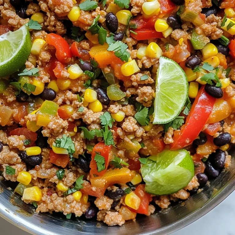 - 1 pound ground turkey - 1 red bell pepper, diced - 1 green bell pepper, diced - 1 yellow onion, chopped - 3 cloves garlic, minced Ground turkey is lean and tasty. It cooks fast and is easy to use. Red and green bell peppers add color and crunch. They make the dish bright and fresh. Yellow onion gives a sweet flavor when cooked. Garlic adds depth and a nice aroma. - 1 teaspoon smoked paprika - 1 teaspoon ground cumin - ½ teaspoon chili powder - Salt and pepper to taste Smoked paprika gives a nice smoky taste. Ground cumin adds warmth and earthiness. Chili powder brings a little heat to the dish. Salt and pepper enhance all the flavors. Together, they create a rich, savory mix. - 1 can (15 oz) black beans, drained and rinsed - 1 cup corn kernels (fresh or frozen) - Juice of 1 lime - Fresh cilantro leaves, for garnish Black beans add protein and fiber. They make the dish hearty and filling. Corn kernels bring a sweet flavor and pop. Fresh lime juice brightens the meal and balances the taste. Cilantro adds a fresh touch and looks great as a garnish. With these ingredients, your Turkey and Pepper Skillet will burst with flavor and color. {{ingredient_image_2}} - Heat the oil in a skillet. - Sauté the onions and garlic. First, grab a large skillet. Pour in two tablespoons of extra virgin olive oil. Heat it over medium heat until it shines. This oil adds flavor and helps cook your food. Next, add one chopped yellow onion. Stir it for about three minutes. You want it to look translucent and smell nice. Then, toss in three minced garlic cloves. Cook for another minute. Let the smell fill your kitchen. - Brown the ground turkey. - Season with spices. Now, it's time for the star of the dish: one pound of ground turkey. Add it to the skillet. Use a wooden spoon to break it apart. Cook for about five to seven minutes. You want it to turn brown and be fully cooked. Once browned, sprinkle in one teaspoon of smoked paprika, one teaspoon of ground cumin, and half a teaspoon of chili powder. Season with salt and black pepper to taste. Stir well to coat the turkey evenly. - Incorporate the peppers. - Mix in black beans and corn. - Add lime juice and serve. Next, add one diced red bell pepper and one diced green bell pepper. Sauté these for four to five minutes. This makes them soft and tender. Now, fold in one can of rinsed black beans and one cup of corn. Cook everything for another three to four minutes to blend the flavors. Finally, squeeze the juice of one lime over the skillet. Stir well to combine. Taste your dish and adjust the seasoning if needed. Serve hot, garnished with fresh cilantro leaves. Enjoy your flavorful Turkey and Pepper Skillet! To make your Turkey and Pepper Skillet pop, adjust the spices. Add more smoked paprika for a deeper flavor. If you like heat, increase the chili powder. For a fresh twist, try adding cumin seeds. They bring a great crunch and aroma. For perfectly browned turkey, make sure your skillet is hot. This helps the turkey brown well. Break it up with a wooden spoon as it cooks. This keeps the meat from clumping together. Cook until it turns golden brown, about 5 to 7 minutes. To save time, prep your ingredients first. Chop all veggies and measure spices ahead. This way, you can focus on cooking. Use a large skillet for even cooking. A non-stick pan works best, so nothing sticks. You can also use a lid while cooking. It helps cook the turkey and veggies faster. Just remember to check often to avoid steaming. For a great presentation, serve in rustic bowls. Sprinkle extra cilantro on top for color. Add lime wedges on the side. This adds brightness to your dish. Great sides to serve with this skillet include brown rice or quinoa. They soak up the flavors well. You can also try a fresh salad for crunch. Enjoy your meal! Pro Tips Prepping Ingredients: Chop all vegetables and measure out spices before starting to cook. This will make the cooking process smoother and more enjoyable. Choosing the Right Turkey: Opt for lean ground turkey to keep the dish healthy, but feel free to use a mix with a little fat for added flavor and moisture. Enhancing Flavor: For a deeper flavor, consider adding a splash of hot sauce or diced jalapeños when incorporating the beans and corn. Serving Suggestions: This dish pairs well with rice, quinoa, or even as a filling for tacos. Get creative with how you serve it! {{image_4}} You can switch up the proteins in this dish. Try using ground chicken or beef instead of turkey. They will taste great, too. For a vegetarian option, use crumbled tofu or tempeh. Changing the veggies can also add fun twists. Substitute the bell peppers with zucchini or mushrooms. You can even add spinach for extra greens. Just make sure to adjust cook times for softer vegetables. If you need gluten-free options, this recipe is already safe! All the ingredients are gluten-free. Just double-check the canned beans and corn. For low-carb variations, skip the corn and beans. Instead, add more peppers or cauliflower rice. This will keep the dish hearty without the extra carbs. Want to make it creamier? Add cheese! Try cheddar or feta for a rich taste. You can also mix in avocado slices for a fresh twist. If you like heat, spice it up! Add jalapeños or red pepper flakes. Adjust to your taste for the perfect kick. - Refrigeration tips: Let the turkey and pepper skillet cool first. Place it in an airtight container. Store it in the fridge. It will stay fresh for about 3 to 4 days. - Freezing guidelines: For freezing, use a freezer-safe container. The dish can last up to 3 months in the freezer. Make sure to label the container with the date. - Best methods for reheating: The best way to reheat is on the stove over low heat. Stir often to heat evenly. You can also use a microwave. Heat in short bursts, stirring in between. - Retaining flavor and texture: To keep the flavor, add a splash of water or broth while reheating. This helps prevent drying out. - How long will it last? In the fridge, it lasts about 3 to 4 days. In the freezer, it can last up to 3 months. - Signs of spoilage: Check for off smells or changes in color. If it looks or smells strange, it’s best to throw it away. Can I use ground chicken instead of turkey? Yes, you can use ground chicken. It works well and tastes great. Just follow the same steps. Chicken may be a bit leaner, so watch the cooking time. What can I serve with Turkey and Pepper Skillet? You can serve it with rice or quinoa. Another good option is tortilla chips. Fresh salad also pairs nicely for a light touch. Can I substitute canned beans? Yes, you can swap black beans for pinto or kidney beans. Use what you have on hand. Just make sure to rinse them well before adding. What if I don’t have fresh cilantro? If you lack cilantro, try parsley instead. It adds a fresh note too. Or skip the garnish if you prefer. Is this dish healthy? Yes, this dish is healthy! It has lean protein, fiber, and lots of veggies. It’s a balanced meal full of nutrients. How many calories per serving? Each serving has about 350 calories. This can vary based on your choice of sides. It’s a filling option without too many calories. This recipe uses simple, fresh ingredients like ground turkey, bell peppers, and garlic. We explored easy steps to prepare a tasty meal. If you follow the tips, you will enhance the dish's flavor and enjoy a delicious dinner. You can also make fun variations by changing ingredients to fit your needs. Remember to store any leftovers properly for later use. Try this meal and share it with friends and family. It’s sure to impress!