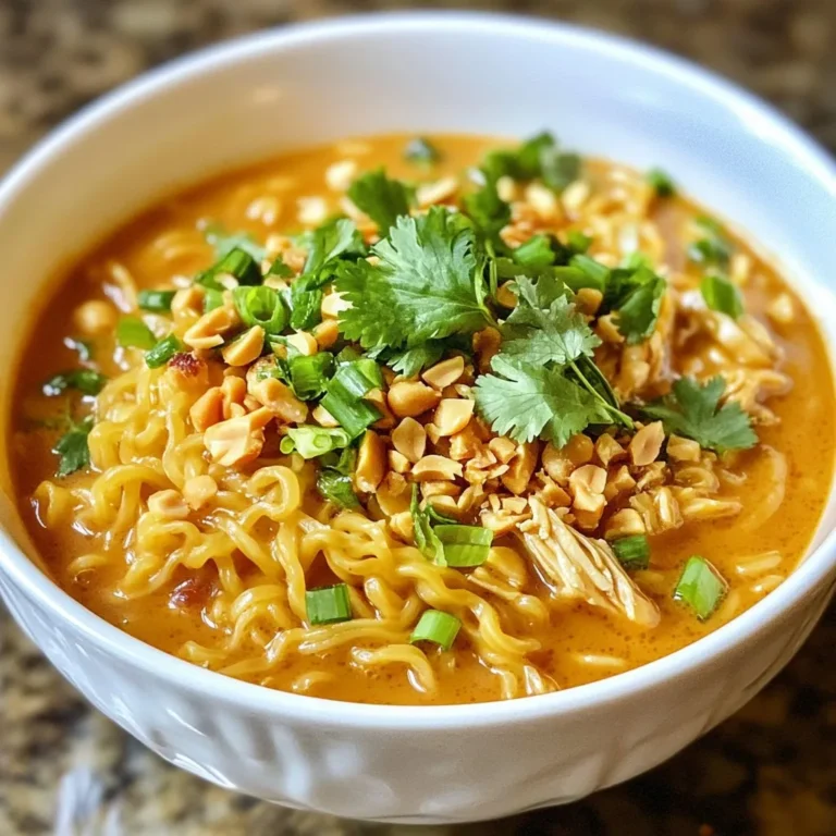 - 2 cups chicken broth - 1 cup cooked chicken, shredded - 2 packs instant ramen noodles (discard any seasoning packets) - 1/4 cup creamy peanut butter - 2 tablespoons soy sauce - 1 tablespoon sesame oil - 1 tablespoon fresh lime juice - 1 tablespoon brown sugar - 1 teaspoon freshly grated ginger - 1/2 teaspoon garlic powder - 1/2 cup green onions, finely chopped - 1/4 cup fresh cilantro, chopped (for garnish) - Crushed peanuts (for garnish) - Sriracha sauce (optional, for added spice) When measuring, use standard cups and spoons. For sticky items like peanut butter, use a dry measuring cup. Spray it with cooking oil first. This will help the peanut butter slide out easily. For fresh herbs, pack them lightly in the measuring cup. This way, you get the right amount. Fresh herbs add a lot of flavor. Green onions give a nice crunch and bite. Cilantro adds a fresh taste that brightens the dish. If you want more heat, add fresh chili slices or some crushed red pepper flakes. Ginger adds warmth and depth. Always use fresh ginger when you can; it packs more flavor than dried. {{ingredient_image_2}} To start, grab a medium pot. Pour in 2 cups of chicken broth. Place the pot on medium-high heat. Heat it until the broth boils. This takes just a few minutes. Boiling broth gives great flavor to your ramen. Once the broth is boiling, it’s time for the noodles. Add 2 packs of instant ramen noodles to the pot. Discard any seasoning packets; we’ll make our own sauce. Cook the noodles according to the package, around 3 minutes. You want them to be al dente, not mushy. While the noodles cook, make the peanut sauce. In a small bowl, mix together: - 1/4 cup creamy peanut butter - 2 tablespoons soy sauce - 1 tablespoon sesame oil - 1 tablespoon fresh lime juice - 1 tablespoon brown sugar - 1 teaspoon freshly grated ginger - 1/2 teaspoon garlic powder Whisk these ingredients. Aim for a smooth and creamy sauce. This sauce is the star of the dish! When the noodles are tender, lower the heat to low. Stir in 1 cup of shredded chicken. Then add the peanut sauce you just made. Mix everything well. Cook for 1-2 minutes until all is heated. Finally, fold in half of the chopped green onions for a fresh taste. Now you are ready to serve! Ladle the ramen into bowls. Top each bowl with the rest of the green onions, chopped cilantro, and crushed peanuts. If you like spice, drizzle some Sriracha on top. Enjoy your quick and tasty meal! To make a smooth peanut sauce, use room temperature peanut butter. Cold peanut butter can clump. Mix the peanut butter with soy sauce, sesame oil, lime juice, brown sugar, ginger, and garlic powder. Whisk until it is smooth. If it is too thick, add a little water. This will help it blend well with the noodles and chicken. Cook the ramen noodles in boiling chicken broth. This adds flavor. Follow the package's cooking time. Usually, it takes about three minutes. Stir the noodles gently while cooking. This helps them cook evenly. For the best texture, stop cooking when they are al dente. They will soak up the sauce later. For a beautiful dish, use deep bowls. Ladle the ramen in first, then top with chicken and sauce. Sprinkle chopped green onions and fresh cilantro on top. Add crushed peanuts for crunch. If you like spice, drizzle Sriracha sauce over the dish. This adds color and flavor. Serve it hot for a cozy meal. Pro Tips Use Low-Sodium Broth: Opting for low-sodium chicken broth allows you to control the saltiness of the dish, making it healthier and more customizable. Customize Your Veggies: Feel free to add your favorite vegetables like bell peppers, spinach, or carrots to boost the nutritional value and flavor of the ramen. Adjust Peanut Butter Consistency: If the peanut sauce is too thick, add a splash of warm water to achieve your desired consistency without compromising flavor. Serve Immediately: Ramen is best enjoyed fresh. Serve it right after cooking for the best texture and flavor, as the noodles can become soggy if left too long. {{image_4}} You can easily make this dish vegetarian. Just swap the chicken for tofu. Tofu absorbs flavors well. Use firm or extra-firm tofu for the best texture. Cut it into small cubes. Sauté it in sesame oil until golden brown. Then, mix it into your ramen. This keeps the dish tasty and hearty. Adding veggies is a great way to boost nutrition. You can use any vegetable you like. Broccoli, bell peppers, and spinach work well. Start cooking them in the broth with your noodles. They will soften and soak up flavors. This makes your meal colorful and healthy. Plus, it adds nice crunch and texture! Peanut butter shines in this recipe, but feel free to switch it up! Almond butter or cashew butter can add unique tastes. Each nut butter has its flavor and texture. You might find a new favorite! Just make sure the nut butter is creamy. Blend it well with the sauce for a smooth finish. To store leftover Minute Thai Peanut Chicken Ramen, let it cool first. Place it in an airtight container. This keeps the ramen fresh and tasty. Store it in the fridge. It should stay good for up to three days. Make sure to use a clean spoon when serving. This helps avoid bacteria. When you are ready to eat, reheat the ramen gently. You can use a pot on low heat. Add a splash of chicken broth to keep it moist. Stir often to avoid burning. You can also use the microwave. Heat it in short bursts, stirring in between. This helps make sure it heats evenly. If you want to freeze the ramen, it’s best to separate the broth and noodles. Cooked noodles do not freeze well. Store the broth and chicken together in one container. Keep the noodles in another. Use them within one month for the best taste. To eat, thaw overnight in the fridge. Reheat as usual, and enjoy your delicious meal! It takes just 15 minutes to make this dish. You will spend 5 minutes prepping and 10 minutes cooking. With the right steps, you can enjoy a warm bowl in no time! Yes! You can use rice noodles, udon, or soba noodles. Just adjust the cooking time based on the noodle type. Instant ramen works best for quick meals, but feel free to get creative! Some great toppings include: - Chopped green onions - Fresh cilantro - Crushed peanuts - Sriracha sauce for heat These toppings add flavor and texture, making your ramen even more delicious! Absolutely! This recipe is perfect for meal prep. You can make a big batch and store it in the fridge. Just keep the toppings separate until you are ready to eat. This keeps everything fresh! This post covered the key steps to make Minute Thai Peanut Chicken Ramen. We discussed essential ingredients, tips for preparing chicken broth, and cooking noodles. We explored how to create a creamy peanut sauce and combined everything with helpful serving suggestions. You can also try fun variations for a unique twist. In the end, this easy recipe gives you a tasty meal in no time. Enjoy making it your own!