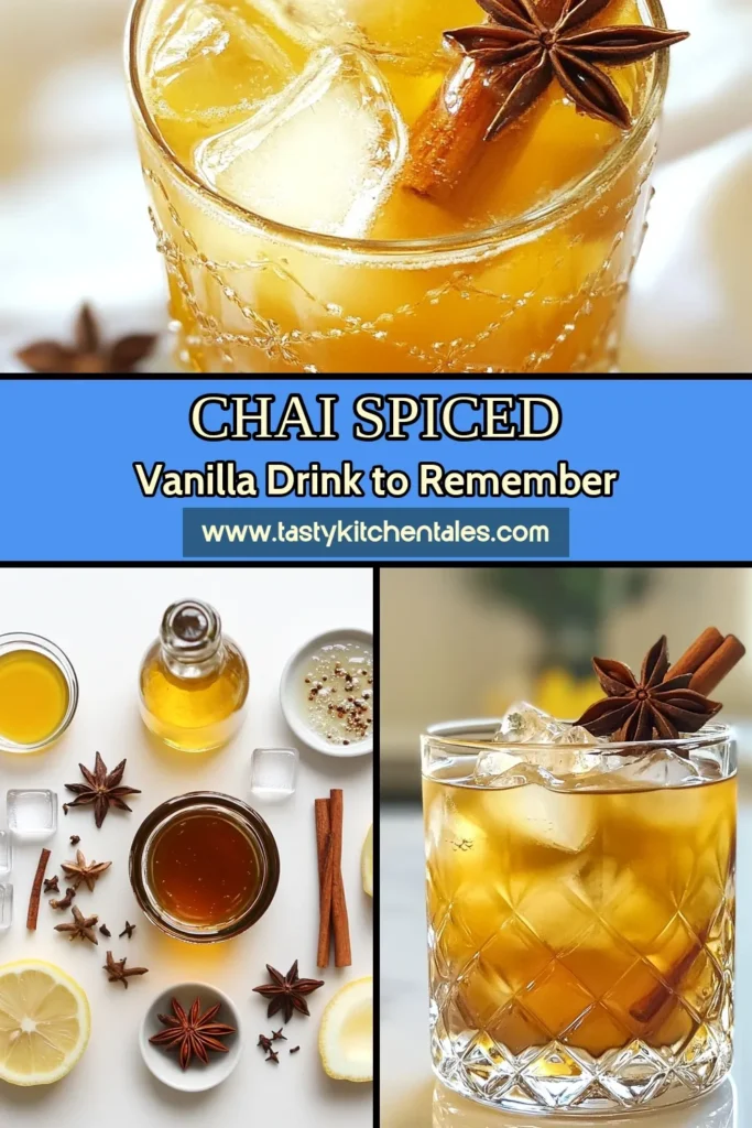 Savor the flavors of a Vanilla Chai Old Fashioned Cocktail, a delightful chai tea cocktail that's perfect for any occasion! This easy sparkling chai recipe combines brewed chai tea, pure vanilla extract, and a splash of lemon for a refreshing twist. Enjoy a spiced tea mocktail that impresses with its amazing aroma and taste. Try this chai and vanilla beverage today! Save this recipe for your next gathering! #ChaiTeaCocktail #VanillaChaiDrink #SparklingChai #SpicedTeaMocktail