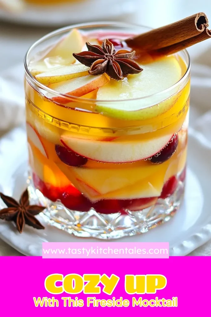 Warm up this winter with our delicious Fireside Mocktail recipe! This cozy holiday mocktail blends apple cider and tart cranberry juice for a festive drink you'll love. Perfect for gatherings, this non-alcoholic drink combines delicious flavors like cinnamon and ginger. Try this apple cranberry mocktail for your next celebration or family get-together. Celebrate the season with this easy recipe! Save it now! #FiresideMocktail #WinterDrinks #FestiveMocktails #NonAlcoholicDrink