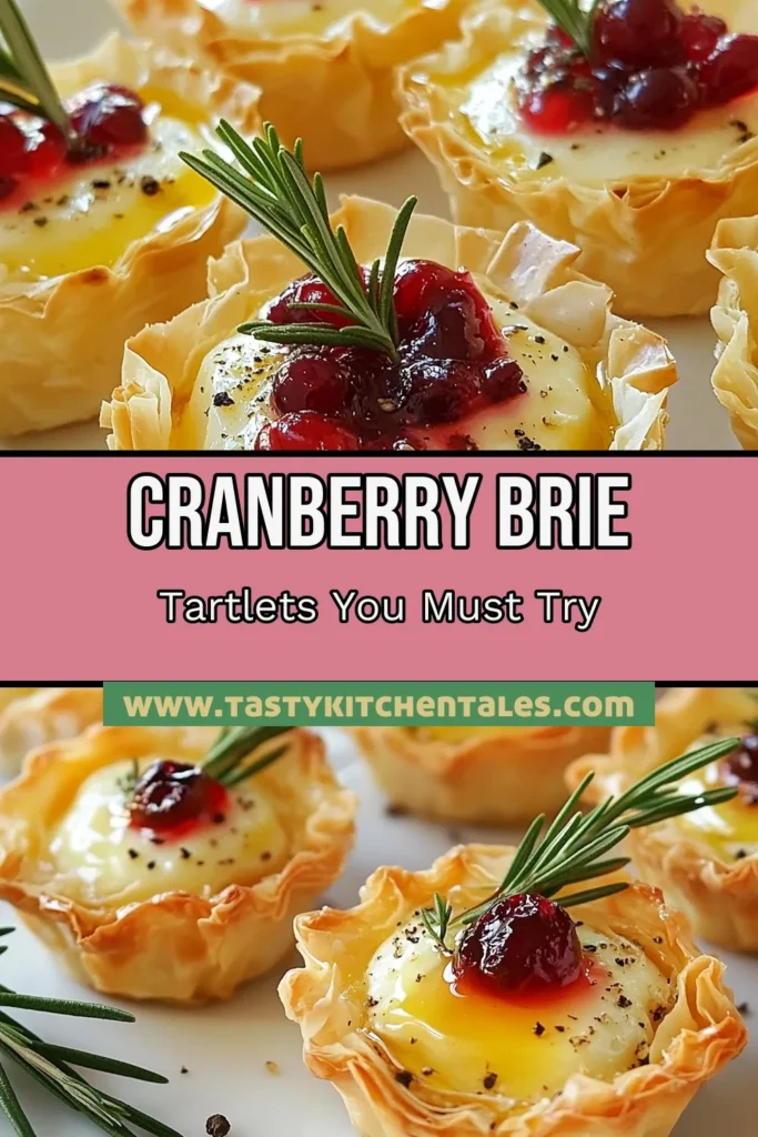 Discover the delicious Savory Cranberry Brie Tartlets recipe that will elevate your next gathering! These festive savory tartlets use flaky phyllo pastry to create irresistible baked brie tartlets topped with a sweet cranberry sauce and fresh rosemary. Perfect as easy cranberry appetizers, these treats are sure to impress. Get started on your holiday menu and make these crowd-pleasing bites today! #CranberryBrie #Appetizers #PhylloPastry #FestiveRecipes