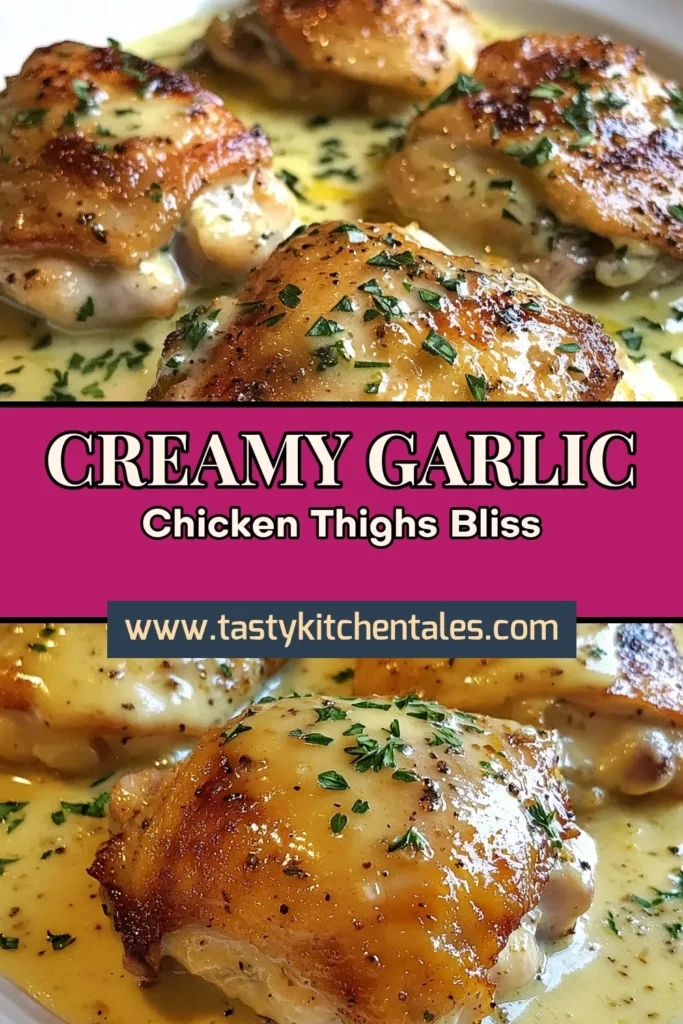 Indulge in creamy garlic chicken thighs for an easy chicken dinner that’s pure comfort food! This oven-baked chicken thighs recipe features tender, juicy chicken smothered in a luscious garlic cream sauce. Perfect for family meals or special occasions, this garlic chicken recipe is sure to impress. Try it tonight and savor the delicious flavors! Save and share this recipe for your next dinner inspiration! #CreamyGarlicChicken #EasyChickenDinner #ComfortFood #OvenBakedChickenThighs