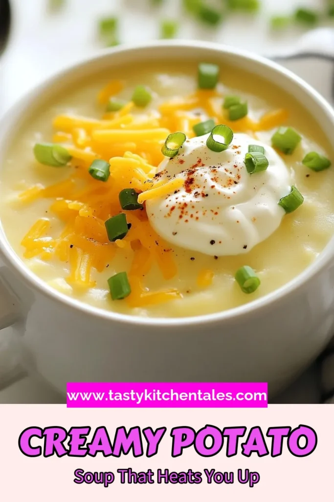 Indulge in this creamy potato soup recipe that's packed with flavor! Our loaded potato soup ingredients include russet potatoes, sharp cheddar cheese, and fresh green onions for the best potato soup with cheese. This easy potato soup recipe is perfect for a cozy dinner, and you can easily make a vegetarian creamy potato soup. Save this recipe for your next meal and enjoy a comforting bowl of goodness! #PotatoSoup #ComfortFood #VegetarianRecipes #SoupSeason