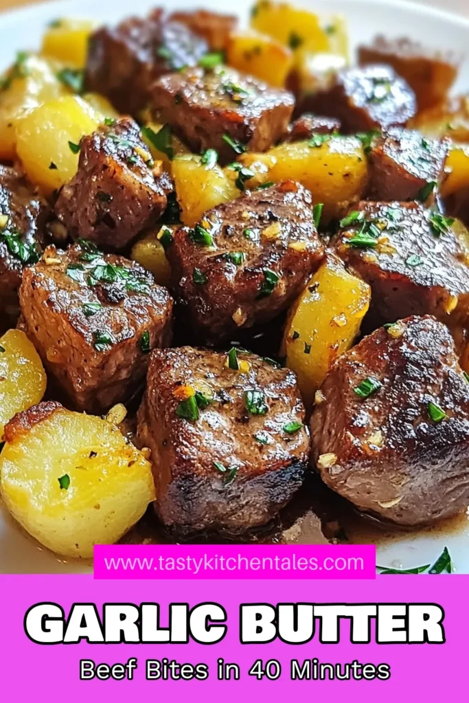 Savor the deliciousness of Garlic Butter Beef Bites paired with perfectly roasted potatoes in this quick dinner recipe. This easy beef sirloin dish is loaded with flavor, combining savory garlic beef bites and tender potatoes for a satisfying meal. Ideal for busy weeknights, this recipe will impress your family or guests. Don't miss out—try it today! #GarlicButterBeefBites #RoastedPotatoesRecipe #QuickDinnerRecipes #EasyBeefSirloinDish