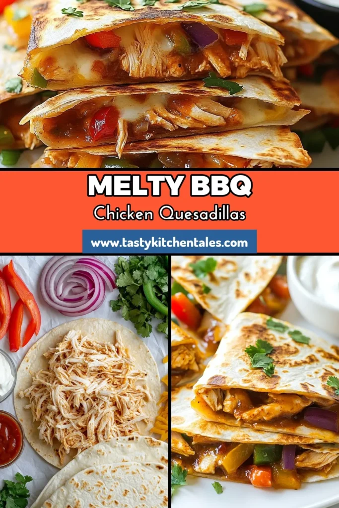 Indulge in these BBQ Chicken Quesadilla Melts for a quick and delicious meal! This easy quesadilla recipe features shredded chicken coated in tangy BBQ sauce, combined with sautéed veggies and melted cheese, all wrapped in a crispy tortilla. Perfect for weeknight dinners or game day snacks, these BBQ sauce quesadillas will be a hit with your family and friends. Try this tortilla melts recipe today and enjoy every bite! Save this for later! #BBQChickenQuesadilla #EasyQuesadillaRecipe #TortillaMelts #ShreddedChickenMelts