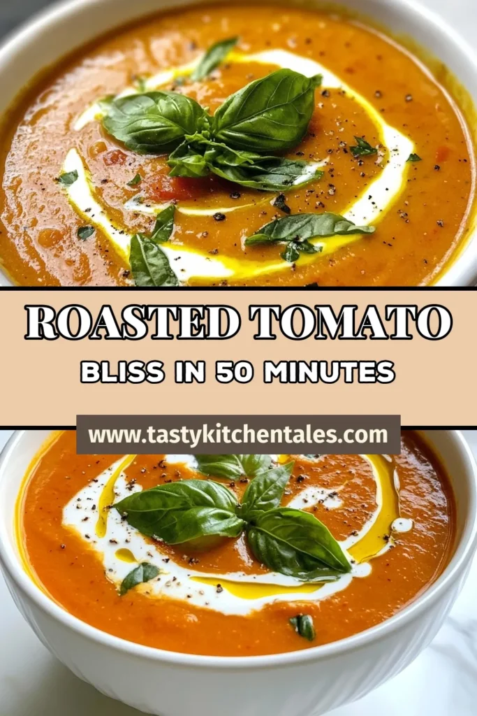 Indulge in the comforting flavors of homemade roasted tomato basil soup! This creamy tomato soup recipe combines roasted tomatoes, fresh basil, and vegetable broth for a deliciously rich dish that's perfect any time of year. Elevate your meals with this fresh basil soup that’s both easy to make and satisfying. Try it now and savor each bite! Save this creamy roasted tomato soup recipe for meal prep inspiration. #TomatoSoup #RoastedTomatoes #EasyRecipes #SoupSeason