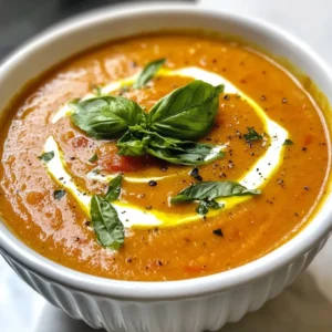 To make this tasty Roasted Tomato Basil Soup, you need a few key ingredients. Here&rsquo;s what you should gather: - 2 pounds ripe tomatoes, a mix of varieties for a more complex flavor profile, halved - 1 medium onion, chopped into small pieces - 4 cloves garlic, unpeeled - 2 tablespoons extra virgin olive oil - Salt and freshly ground black pepper, to taste - 1 teaspoon granulated sugar (to balance the acidity of the tomatoes) - 2 cups vegetable broth - 1 cup fresh basil leaves, tightly packed - &frac12; cup heavy cream (optional for added creaminess) Using ripe tomatoes is crucial. They add the rich taste you want. The mix of varieties brings depth to the soup. Don't skip the onion and garlic; they add sweet and savory notes. Olive oil helps to roast the veggies and adds flavor. Seasonings like salt, pepper, and sugar balance the soup and enhance the flavors. Vegetable broth gives it a nice base. Fresh basil is a must for that bright, herbal note. If you like a creamier texture, add the heavy cream. Now that you have your ingredients, you are ready to dive into the cooking process! {{ingredient_image_2}} Set your oven to 400&deg;F (200&deg;C). This high heat helps the veggies roast well. Roasting brings out deeper flavors in the tomatoes and onions. On a large baking sheet, lay out the halved tomatoes, chopped onion, and unpeeled garlic. Drizzle the olive oil evenly over them. Sprinkle salt, pepper, and sugar on top. This helps balance the tomato's acidity and brings out their sweetness. Put the baking sheet in the oven. Roast for 30 to 35 minutes. The tomatoes should collapse and get a nice caramel color. Make sure to turn them halfway through. This ensures they cook evenly. After roasting, let the garlic cool for a few minutes. Squeeze the soft garlic from the skins right into your pot. It should slide out easily. Carefully transfer the roasted tomatoes and onion into the pot with the garlic. Add the vegetable broth and bring everything to a gentle simmer over medium heat. This helps the flavors mix well. Let the mixture simmer for about 10 minutes. This melds the flavors. When ready, remove from heat and use an immersion blender to blend until smooth. If you want it chunkier, blend less. Toss in the fresh basil leaves and blend again until fully mixed. The basil adds a fresh, bright flavor that lifts the soup. If you like a creamy soup, stir in the heavy cream now. Heat gently, but do not boil. This keeps the cream smooth. Taste your soup and adjust as needed. You can add more salt, pepper, or sugar to get the flavor just right. Roasting brings out deep flavors in tomatoes. It caramelizes their natural sugars. A hot oven helps achieve this. Set your oven to 400&deg;F (200&deg;C). This temperature allows the tomatoes to soften. Roast for 30-35 minutes until they are tender. Turn the tomatoes halfway to ensure even cooking. Watch for a slight browning; that&rsquo;s where the magic happens. To get a smooth soup, use an immersion blender. This tool blends the soup right in the pot. Blend until you reach your desired smoothness. If you like a chunkier soup, blend less. You can even leave some pieces whole for texture. This lets you enjoy bits of tomato and onion. To spice things up, try adding herbs or spices. A pinch of red pepper flakes gives heat. You can also mix in proteins like cooked chicken or beans. For garnishing, add a dollop of cream or a drizzle of olive oil. Fresh basil leaves on top add a pop of color and flavor. Enjoy experimenting with your soup! Pro Tips Choose the Right Tomatoes: Opt for a mix of heirloom, Roma, and cherry tomatoes for a rich and varied flavor profile that enhances your soup. Don&rsquo;t Rush the Roasting: Allow the tomatoes and garlic to caramelize properly for deeper, sweeter flavors; this can take up to 40 minutes depending on your oven. Use Fresh Basil: Always add fresh basil at the end of the cooking process to preserve its vibrant color and aromatic qualities, making your soup fragrant and appealing. Adjust Consistency: If you prefer a thicker soup, you can simmer it longer to reduce the liquid, or add a bit of cooked rice or potatoes to thicken it up. {{image_4}} You can make this soup vegan by swapping out the heavy cream and broth. Use coconut milk for creaminess. For broth, choose vegetable broth or make your own. This keeps the rich taste without dairy. You can add more veggies to boost flavor. Carrots or bell peppers work well. Even zucchini can add a nice texture. Feel free to toss in some fresh herbs like thyme or oregano for extra flavor. Cheese can also enhance the soup. Adding parmesan or crumbled feta gives a nice touch. Stir it in just before serving for a creamy finish. Pair this soup with crusty bread or a grilled cheese sandwich. The bread soaks up the flavors and adds crunch. For a lovely touch, serve the soup in wide bowls and drizzle olive oil on top. You can also garnish with fresh basil leaves to make it look pretty. Enjoy! After enjoying your roasted tomato basil soup, let it cool to room temperature. - Refrigeration: Store the soup in the fridge. Use an airtight container to keep it fresh. - Container Recommendations: Glass jars work well. They do not stain and are easy to clean. If you want to save some soup for later, freezing is a great option. 1. Steps to Freeze: First, let the soup cool completely. Pour it into freezer-safe bags or containers. Leave some space for expansion. 2. Reheat Properly: To reheat, thaw the soup overnight in the fridge. Heat it gently on the stove, stirring often. How long does your soup stay fresh? - Refrigerated Soup: It lasts about 3-5 days in the fridge. - Frozen Soup: It can stay good for up to 3 months in the freezer. Make sure to label your containers with dates for easy tracking! It takes about 50 minutes in total. The prep time is just 10 minutes. You will roast the veggies for 30-35 minutes. Then, simmer and blend the soup for about 10 minutes. Yes, you can use canned tomatoes. They save time and are easy to find. Just choose good-quality canned tomatoes. They can give a rich flavor but may lack the fresh taste of roasted ones. For a dairy-free option, use coconut milk or almond milk. These give creaminess without dairy. If you want lower calories, try cashew cream or blended silken tofu. Both add a nice texture. Yes, this soup is quite healthy. It is low in calories and high in vitamins. Tomatoes are rich in antioxidants. Basil provides anti-inflammatory benefits. Using broth instead of cream keeps it light and nutritious. Absolutely! You can try thyme or oregano for a different taste. Chives or parsley can also add freshness. Feel free to mix and match herbs to find your favorite flavor. In this article, I covered how to make delicious Roasted Tomato Basil Soup. We discussed the key ingredients needed, like ripe tomatoes and fresh basil. I explained each step, from preheating your oven to blending the soup for that perfect texture. You learned tips for roasting and seasoning to enhance flavor. Remember, this soup can be made vegan or customized with extra veggies. Enjoy your cooking adventure, and savor the rich tastes of your homemade soup. Each bowl holds comfort and warmth.