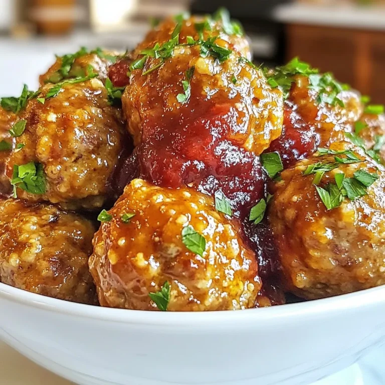 - 1 pound ground turkey or beef - 1/2 cup breadcrumbs (preferably seasoned) - 1/4 cup grated Parmesan cheese - 1 large egg - 2 tablespoons fresh parsley, finely chopped The main ingredients create a strong base for the meatballs. I love using ground turkey for a lean option, but beef adds rich flavor. Breadcrumbs keep the meatballs tender and help them hold together. Parmesan gives a nice salty kick, while the egg binds everything. Fresh parsley adds a pop of color and freshness. - 1/2 teaspoon garlic powder - 1/2 teaspoon onion powder - Salt and freshly cracked black pepper, to taste - 1 cup cranberry sauce (store-bought or homemade) - 1 tablespoon Dijon mustard Seasoning is key to flavor. Garlic and onion powder add depth without being too strong. Salt and pepper enhance all the ingredients. The cranberry sauce provides sweetness and tang, while Dijon mustard adds a bit of zest, making each bite exciting. - 1 tablespoon honey - 1 tablespoon apple cider vinegar These sweet and sour elements balance the dish. Honey gives a lovely sweetness, while apple cider vinegar adds tang. Together, they enhance the cranberry sauce and create a rich flavor profile. This balance is what makes these meatballs stand out at any gathering. {{ingredient_image_2}} First, you need to preheat your oven to 375°F (190°C). This step gets your oven ready for baking. Next, take a baking sheet and line it with parchment paper. This will help prevent the meatballs from sticking. In a large bowl, combine the ground turkey or beef with the breadcrumbs. Add in the grated Parmesan cheese, one large egg, and the finely chopped parsley. Sprinkle in the garlic powder, onion powder, and a good pinch of salt and pepper. Use your clean hands to mix these ingredients. Mix just until combined. If you mix too much, the meatballs can become tough. Now it’s time to shape the meatballs. Take small portions of the mixture and form them into balls about 1 inch wide. Place these meatballs on your lined baking sheet. Make sure to space them evenly apart. Once they are ready, put the baking sheet in the preheated oven. Bake for 20-25 minutes. Check that they are golden brown and no longer pink inside. They should reach an internal temperature of 165°F (74°C) to be safe to eat. To keep your mini meatballs tender, do not overmix the meat. Mix just until the ingredients blend. Overmixing makes them tough. It's also key to check the internal temperature. Cook until they reach 165°F (74°C). This ensures they are safe to eat and juicy. You can customize the cranberry sauce to fit your taste. Add spices like cinnamon or nutmeg for warmth. Fresh herbs, such as thyme or basil, can boost flavor. Mixing in chopped apples can also add a nice twist. These small changes can make a big difference. Serve the meatballs with toothpicks for easy eating. This makes them fun for parties or gatherings. For garnish, use fresh parsley or a sprinkle of Parmesan cheese. You can also drizzle extra cranberry sauce on top. These touches make your dish look great and taste even better. Pro Tips Choose Your Meat Wisely: Opt for ground turkey for a leaner option, or beef for a richer flavor. Adjust seasonings accordingly based on your choice. Keep Them Tender: Avoid overmixing the meatball mixture; this will help maintain a tender texture. Mix just until combined. Perfectly Baked: Use a meat thermometer to check that your meatballs reach an internal temperature of 165°F (74°C) for safety and optimal juiciness. Flavor Boost: Experiment with additional spices or herbs in the meatball mixture, such as thyme or rosemary, to elevate the flavor profile. {{image_4}} You can switch the ground turkey or beef for other meats. Ground chicken is a great choice. It stays moist and tender. You can also use ground pork for a richer flavor. If you want a vegetarian meal, try using lentils or chickpeas. Mash them up and mix with breadcrumbs and spices. This keeps the meatball shape while being meat-free. If you like some heat, make a spicy cranberry sauce. Just add a pinch of red pepper flakes. This adds a nice kick to your meatballs. You can also try different fruit preserves. Cherry or apricot preserves work well. These give a sweet twist to the dish. Mix them with mustard and vinegar for a unique flavor. These meatballs are great as an appetizer. Arrange them on a platter with toothpicks. This makes it easy for guests to grab one. You can serve them with sides, like mashed potatoes or rice. Dips like ranch or blue cheese also pair nicely. This makes the meal more filling and fun to eat. After your mini cranberry meatballs are made, store any leftovers in the fridge. Place them in an airtight container. This keeps them fresh and tasty. They should last for up to four days. If you want to enjoy them longer, freezing is a great option. To freeze meatballs, first let them cool completely. Then, place them in a single layer on a baking sheet. Freeze them for about one hour. Once frozen, transfer them to a freezer bag. Remove as much air as you can before sealing. You can reheat them directly from the freezer. Just add them to a dish with sauce and heat until warm. In the fridge, your mini meatballs last about four days. In the freezer, they stay good for up to three months. Always check for signs of spoilage before eating. If they smell off or look strange, it's best to discard them. Yes, you can make Mini Cranberry Meatballs ahead of time. To do this, follow these steps: - Prepare the meatballs: Shape them as usual and place them on a baking sheet. - Chill: Cover the tray with plastic wrap and put it in the fridge for up to 24 hours. - Bake: When you're ready, bake them straight from the fridge. Just add a few extra minutes to the cooking time. This method helps save time and lets the flavors blend. For the best results, make your meatballs about 1 inch in diameter. This size cooks evenly and stays juicy. Smaller meatballs may dry out, while larger ones may not cook through properly. Uniform size ensures they all finish at the same time. Absolutely! Using homemade cranberry sauce has many benefits: - Freshness: It tastes bright and vibrant. - Control: You can adjust the sweetness and tartness to your liking. - Ingredients: You can use whole ingredients without preservatives. Making your own sauce is easy and adds a personal touch to your Mini Cranberry Meatballs. In this post, we explored making delicious cranberry meatballs. We covered the main ingredients like ground turkey, breadcrumbs, and seasonings. I shared tips for making tender meatballs and variations to fit your taste. Storing leftovers and reheating options ensure you enjoy these treats later. Remember, customizing flavors and using fresh herbs can elevate your dish. With these steps, you can create a tasty dish that impresses everyone. Enjoy your cooking and have fun with the recipe!