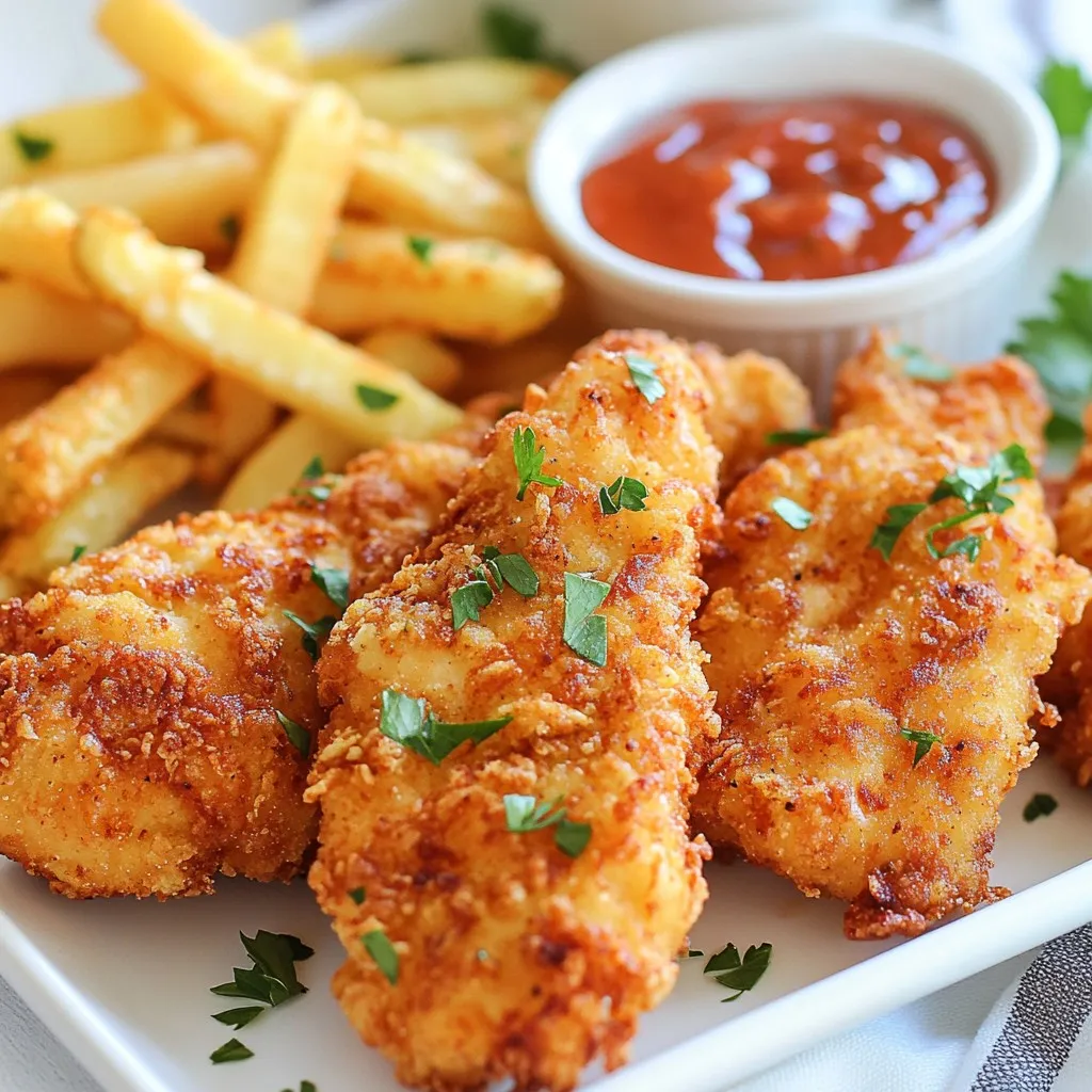 - 1 lb chicken tenders - 1 cup buttermilk - 1 cup all-purpose flour - 1 teaspoon paprika - 1 teaspoon garlic powder - 1 teaspoon onion powder - 1 teaspoon salt - 1/2 teaspoon black pepper - 1/2 teaspoon cayenne pepper (adjust based on your spice level) - 1 tablespoon hot sauce (optional for extra kick) - Oil for frying These ingredients are key to making your chicken fingers crispy and tasty. The chicken tenders provide a great base. Buttermilk adds moisture and flavor. The all-purpose flour is essential for that crunchy coating. The seasoning mix is where the magic happens. Each spice plays a role. Paprika gives color and a slight smoky taste. Garlic powder and onion powder add depth. Salt and pepper enhance all the flavors. Cayenne pepper brings heat but can be adjusted to fit your taste. If you want a spicy kick, add the hot sauce to the buttermilk. This step helps the flavors soak into the chicken. Lastly, choose a good oil for frying. Oil with a high smoke point, like vegetable oil, works best for frying these chicken fingers. Gather these ingredients, and you’re ready to start your cooking adventure! {{ingredient_image_2}} Marinating the chicken is key. Start by mixing the buttermilk and hot sauce in a bowl. You can skip the hot sauce if you want a milder flavor. Add the chicken tenders, ensuring they are fully submerged. Cover the bowl with plastic wrap and refrigerate. I suggest marinating for at least 1 hour. For the best flavor, leave it overnight. Next, prepare the coating. In a separate bowl, combine the flour, paprika, garlic powder, onion powder, salt, black pepper, and cayenne pepper. Use a whisk to mix these dry ingredients well. Good mixing is crucial to ensure every bite is seasoned evenly. Now, heat the oil in a deep skillet. Pour in about an inch of oil and set the heat to medium-high. Keep an eye on it! The oil is ready when a drop of batter sizzles and bubbles. Carefully remove the chicken from the buttermilk, letting the excess drip off. Dredge each tender in the flour mixture, making sure they are fully coated. Fry the chicken tenders in small batches. This prevents overcrowding. Cook them for 5-7 minutes on each side. They should turn golden brown and reach an internal temperature of 165°F (75°C) to be safe to eat. Once done, transfer the chicken to a wire rack or paper towels to drain excess oil. To get that crunchy texture, focus on your coating technique. Start by ensuring each chicken tender is well-coated in the seasoned flour mix. This extra layer will give you that desired crunch. Next, adjust your frying temperature. The oil needs to be hot enough, around 350°F (175°C). If it’s too cool, the chicken soaks up oil and becomes soggy. If too hot, the outside burns while the inside stays raw. Always monitor the oil's temperature carefully. To boost flavor, you can add more spices to your mix. Try onion powder, garlic powder, or even some cayenne for heat. Marinating the chicken tender in buttermilk is key. For a great flavor, let it sit for at least one hour. If you have time, marinate overnight for even more taste. Choosing the right frying pan makes a big difference. A deep skillet or a cast-iron pan works best. These help distribute heat evenly. You’ll also need a few tools for perfect frying. A thermometer ensures the oil is at the right temperature. A wire rack helps drain excess oil after cooking. These small choices lead to crispy, delicious chicken fingers. Pro Tips Marinate for Maximum Flavor: Allowing the chicken to marinate overnight in buttermilk not only tenderizes the meat but also infuses it with deep flavor. Double Dipping for Extra Crunch: For an even crunchier coating, after the first dredge in flour, dip the chicken back into buttermilk and coat it in flour again. Maintain Oil Temperature: Keep an eye on the oil temperature while frying. If it gets too hot, the chicken will burn on the outside before cooking through. Aim for around 350°F (175°C). Serve Immediately: For the best texture and taste, serve the chicken fingers right after frying. They are crispiest when hot! {{image_4}} You can use different chicken cuts for this recipe. Chicken breasts or thighs work great. Just remember that thighs add more flavor and moisture. If you use breasts, they may be less juicy. You can also choose frozen chicken. Frozen tenders are easy and quick. Just make sure to thaw them completely before marinating. Fresh chicken tends to taste better, but frozen is a good time-saver. Adding different spices gives your chicken a unique flavor. You can try paprika, cumin, or even Italian herbs. If you like heat, add extra cayenne. This spice can bring a nice kick to your dish. Another idea is to use different marinades. You can mix in some lemon juice or garlic for a fresh twist. Experiment with different flavors that you enjoy. If you need a gluten-free option, use alternate flours. Almond flour or chickpea flour works well for coating. These options give a nice crunch too. For binding, you can swap buttermilk for dairy-free milk or a plant-based yogurt. These alternatives keep the chicken moist while ensuring everyone can enjoy it. After enjoying your chicken fingers, store leftovers right away. Place them in an airtight container. This keeps them fresh and tasty. Make sure they cool down before sealing. You can refrigerate them for up to three days. For best quality, eat them sooner rather than later. To keep your chicken fingers crispy, use an oven. Preheat it to 375°F (190°C). Place the chicken fingers on a baking sheet. Heat them for about 10-15 minutes. Flip them halfway for even crispiness. Avoid the microwave, as it can make them soggy. If you want to save chicken fingers for later, freezing works well. First, let them cool completely. Then, wrap each piece in plastic wrap. Place them in a freezer-safe bag. Remove as much air as possible to prevent freezer burn. They can last up to three months in the freezer. To enjoy them again, thaw them in the fridge overnight. This method helps maintain taste and texture. You can also use the microwave for quick thawing, but be careful not to cook them. Marinating chicken helps add flavor and tenderness. For best results, soak your chicken in buttermilk for at least one hour. If you have more time, let it marinate overnight. This longer soak really boosts the taste. Adding hot sauce gives it an extra kick, but it's optional. Remember to cover your bowl tightly with plastic wrap to keep the chicken fresh! Yes, you can use different oils for frying. Common choices include vegetable oil, canola oil, and peanut oil. These oils have high smoke points, making them safe for frying. Each oil has a slight flavor, but they won’t overpower your chicken. If you want a unique taste, try using coconut oil or avocado oil. Both are great options too! These chicken fingers last about three to four days in the fridge. Make sure to store them in a sealed container. This keeps them fresh and safe to eat. If you want them to last longer, you can freeze them. Just remember to wrap them well to prevent freezer burn. When you're ready to eat them, simply reheat until hot! You learned how to make delicious chicken fingers from scratch. We covered key ingredients, from chicken tenders to spices. You now know the steps for marinating, coating, and frying. Remember to store any leftovers properly to keep them fresh. Experiment with different spices and chicken cuts to find your favorite dish. With practice, you’ll achieve perfect crispiness each time. Enjoy your tasty chicken fingers and share them with friends and family for some good times!