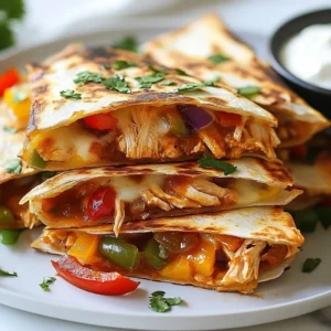 To make BBQ Chicken Quesadilla Melts, you need: - 2 cups cooked chicken, shredded - 1 cup BBQ sauce - 1 cup shredded cheese (cheddar or Monterey Jack preferred) - 4 large flour tortillas - 1 bell pepper, thinly sliced (any color) - 1 small red onion, thinly sliced - 2 tablespoons olive oil These ingredients form the base of the dish. The chicken and BBQ sauce create a rich flavor. The cheese adds creaminess, while the veggies give a nice crunch. You can enhance your quesadilla melts with: - Fresh cilantro, chopped (for garnish) - Sour cream (for dipping) Cilantro adds a fresh taste. Sour cream makes a nice dip to balance the BBQ flavor. For the best flavor, I suggest using: - Cheddar cheese - Monterey Jack cheese Both types melt well and enhance the dish. Cheddar brings a sharp taste, while Monterey Jack adds creaminess. You can mix them for a tasty combo! {{ingredient_image_2}} Start by mixing the cooked chicken with BBQ sauce. Use a large bowl. Make sure every piece of chicken gets coated well. This step is key for flavor. Set the mixture aside. Let the chicken soak in the sauce's goodness. Next, heat olive oil in a large skillet over medium heat. Once the oil is hot, add the sliced bell pepper and red onion. Stir them often. Cook until they soften and smell great. This should take about 5 to 7 minutes. The veggies add crunch and flavor to your quesadillas. Now, grab a tortilla and lay it flat. Spread a good amount of the BBQ chicken mixture on half of the tortilla. Then, sprinkle a handful of cheese on top. Add a spoonful of your saut&eacute;ed veggies. Fold the tortilla in half, pressing gently to seal. Place the folded quesadilla in the hot skillet. Cook for 3 to 4 minutes on one side until golden and crispy. Flip it with a spatula and cook the other side for another 3 to 4 minutes. The cheese should melt nicely, and both sides should look golden brown. When done, let it rest for a minute. This helps the cheese firm up, making it easier to slice. Cut the quesadilla into wedges and repeat with the rest of your tortillas and filling. Garnish your quesadilla melts with freshly chopped cilantro. This adds a nice touch. Serve them with a side of sour cream for dipping. The cool sour cream pairs well with the warm quesadillas. Enjoy your tasty meal! To get a crispy quesadilla, use a hot skillet. Heat the skillet over medium heat before adding the quesadilla. Use enough oil to coat the pan lightly. This helps the tortilla get golden and crisp. Cook each side for 3-4 minutes. Keep an eye on it to prevent burning. If you want even crispier edges, consider using butter instead of olive oil. You can make these quesadilla melts your own. Try adding spices to the chicken mix, like cumin or paprika, for a kick. Add jalape&ntilde;os for heat or diced tomatoes for freshness. Swap the bell pepper for mushrooms or zucchini for a different taste. Fresh herbs like cilantro or green onions can add brightness. Experiment with your favorite flavors! The tortilla choice matters. Flour tortillas are soft and chewy, making them great for quesadillas. Choose large ones so you can fit more filling. If you prefer a healthier option, try whole wheat tortillas. Corn tortillas can also work but may be less soft. Always check for freshness by looking at the expiration date. Fresh tortillas will give you the best texture. Pro Tips Use Leftover Chicken: This recipe is perfect for utilizing leftover rotisserie chicken, making it a quick and convenient meal option. Customize Your Veggies: Feel free to add your favorite vegetables such as mushrooms, spinach, or corn for added flavor and nutrition. Keep it Crispy: Ensure your skillet is hot enough before adding the quesadilla to achieve that perfect golden-brown, crispy exterior. Experiment with Cheese: Try using a blend of cheeses like pepper jack for a little kick or mozzarella for a gooey texture. {{image_4}} You can make a tasty vegetarian version of BBQ quesadilla melts. Start by using a mix of colorful veggies like zucchini, mushrooms, and corn. Toss them in BBQ sauce. Follow the same steps as the chicken version. Keep the cheese, or use a dairy-free option. This dish stays flavorful and satisfying. If you want to switch proteins, try using pulled pork or beef. Shredded jackfruit works well for a plant-based choice. Each protein brings a unique taste. Mix it with BBQ sauce just like you do with chicken. You can enjoy different flavors and textures this way. Switch up the sauce for fun. Try using spicy buffalo sauce for a kick. Honey mustard can add a sweet twist. Teriyaki sauce gives an Asian flair. These sauces change the whole vibe of your quesadilla. Don&rsquo;t be afraid to mix and match! To store any leftover BBQ chicken quesadilla melts, follow these steps: - Allow the quesadillas to cool. - Place them in an airtight container. - Keep them in the fridge for up to three days. This helps maintain their taste and texture. If you want to save them longer, freezing is a great option. When you are ready to enjoy your leftovers, reheating properly keeps them tasty. Here&rsquo;s how: - Preheat your skillet over medium heat. - Place the quesadilla in the skillet without adding oil. - Heat for about 3-4 minutes on each side. You can also use an oven. Just wrap them in foil. Bake them at 350&deg;F for about 10-15 minutes. This keeps them crispy and delicious. Freezing is easy and a smart way to save these melts. Here&rsquo;s what you do: - Let the quesadillas cool completely. - Wrap each one in plastic wrap or aluminum foil. - Place them in a freezer-safe bag or container. They can last for up to three months in the freezer. When ready to eat, thaw them overnight in the fridge before reheating. Enjoy your tasty BBQ chicken quesadilla melts anytime! The best way to make BBQ with chicken is to use shredded, cooked chicken. Mix it with your favorite BBQ sauce. This gives the chicken a rich, smoky flavor. You can use rotisserie chicken for quick prep. Make sure to coat all the chicken pieces well. This helps each bite taste amazing. Adding spices can enhance the BBQ flavor too. Yes, you can use whole wheat tortillas instead of flour ones. Whole wheat tortillas add a nutty flavor and extra fiber. They are a healthier option. Just ensure they are large enough to hold your fillings. The cooking time stays the same. You will achieve a tasty and nutritious meal with this swap. You can store BBQ chicken quesadilla melts in the fridge for about 3 days. Keep them in an airtight container. This helps them stay fresh longer. If you want to freeze them, wrap them tightly in foil or plastic wrap. They will last up to 2 months in the freezer. Remember to thaw them in the fridge before reheating. Yes, there are gluten-free options for this recipe. You can use gluten-free tortillas for the quesadillas. Many brands offer tasty gluten-free choices. Just check the labels to ensure they fit your needs. This way, everyone can enjoy BBQ chicken quesadilla melts without gluten. This blog post covers everything you need for BBQ chicken quesadilla melts. You learned about key ingredients, step-by-step cooking, and tasty variations. I shared tips for crispiness and storage methods to keep them fresh. You can mix sauces and proteins for new flavors too. Overall, BBQ chicken quesadilla melts are simple to make and fun to customize. Dive into this easy dish, and enjoy your delicious creation!