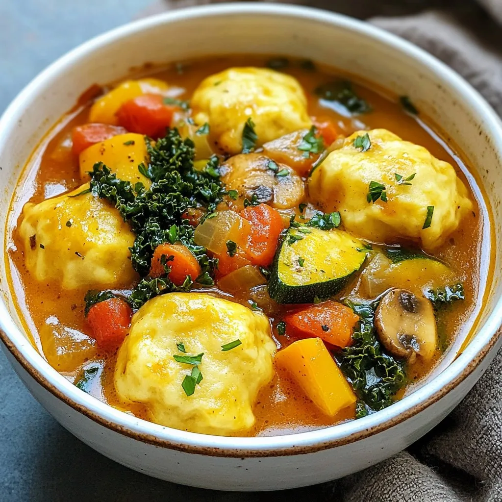 - 1 cup all-purpose flour for dumplings - 1/4 cup water (plus extra as needed) - 1 teaspoon salt - 1 tablespoon olive oil - 1 medium onion, diced - 3 cloves garlic, minced - 2 carrots, diced - 1 bell pepper, diced (any color of your choice) - 1 zucchini, diced - 1 cup mushrooms, sliced - 4 cups vegetable broth - 1 can (14 oz) diced tomatoes - 1 cup chopped kale or spinach - 2 tablespoons soy sauce or tamari - 1 teaspoon dried thyme - 1 teaspoon smoked paprika - Salt and pepper to taste - Fresh parsley or cilantro for garnish In this recipe, each ingredient plays a key role. The all-purpose flour helps create soft, fluffy dumplings. Fresh vegetables, like carrots and zucchini, add flavor and texture to the stew. The essential seasonings, such as thyme and smoked paprika, give the dish its warm, inviting taste. This stew is packed with nutrients. The vegetables provide vitamins and minerals. For example, carrots are rich in beta-carotene. Kale and spinach add iron and fiber. This stew also contains protein from the dumplings. Each bowl offers a balance of nutrients that support your health. Feel free to customize your stew. You can use different vegetables like sweet potatoes or peas. You might also add extra seasonings. Try a splash of hot sauce or some fresh herbs for more flavor. This makes the dish fun and allows you to make it your own. {{ingredient_image_2}} To make the dumpling dough, start by mixing 1 cup of all-purpose flour and 1 teaspoon of salt in a bowl. Gradually add 1/4 cup of water while stirring. Keep mixing until you form a smooth dough. Knead the dough on a floured surface for 2-3 minutes. This helps make it elastic. Cover the dough with a damp cloth and let it rest for 15 minutes. Resting improves the dough's texture. In a large pot, heat 1 tablespoon of olive oil over medium heat. Add 1 medium diced onion and 3 minced garlic cloves. Sauté for 2-3 minutes until the onion softens. This step builds flavor. Next, add 2 diced carrots, 1 diced bell pepper, 1 diced zucchini, and 1 cup of sliced mushrooms. Stir and cook for 5-7 minutes. The veggies should be tender but still hold some shape. Now it’s time to create the stew base. Pour in 4 cups of vegetable broth and 1 can of diced tomatoes with their juices. Add 1 cup of chopped kale or spinach, 2 tablespoons of soy sauce, 1 teaspoon of dried thyme, and 1 teaspoon of smoked paprika. Season with salt and pepper to taste. Stir well and bring the mixture to a gentle simmer. This is where all the flavors meld together. While the stew simmers, roll out the rested dough. Aim for about 1/8 inch thick. Use a cookie cutter or glass to cut out 3-inch circles. Carefully drop the dumpling circles into the simmering stew. Cover the pot with a lid and let the dumplings steam for 8-10 minutes. They should become fluffy and fully cooked. This step is key for the perfect texture in your dumplings. To make your Vegan Dumpling Stew pop, consider adding fresh herbs. Basil, thyme, and cilantro work wonders. You can also try spices like cumin and curry powder for depth. If you want a kick, add red pepper flakes. For the vegetables, feel free to swap in seasonal picks. Sweet potatoes, green beans, or peas can add unique flavors and textures. A common mistake is overcooking vegetables. They should stay bright and tender, not mushy. Stir them in just until they soften. For dumplings, the texture is key. If the dough is too thin, they'll fall apart. If it's too thick, they'll be dense. Aim for a balance to keep them fluffy. Serve your stew in rustic bowls for a cozy feel. Add a sprinkle of parsley or cilantro on top for color. A drizzle of olive oil enhances the dish's richness. Pair the stew with crusty bread for a complete meal. If you like spice, add chili flakes on top for an extra kick. Pro Tips Rest the Dough: Allowing the dumpling dough to rest for 15 minutes is crucial. This step enhances its elasticity, making it easier to roll out and shape. Flavorful Broth: To elevate the taste, consider adding a splash of sesame oil or a bit of miso paste to the vegetable broth for an extra umami kick. Vegetable Variations: Feel free to customize the vegetables in the stew based on what's in season or your personal preferences—broccoli, peas, or sweet potatoes work beautifully! Perfect Dumpling Texture: To ensure fluffy dumplings, avoid overcooking them in the stew. They should steam for about 8-10 minutes—just until they are cooked through. {{image_4}} You can switch up the protein in your dumpling stew. Tofu and tempeh are great choices. They add texture and soak up all those yummy flavors. For a twist, try potato dumplings. Whole grain dumplings work well too! They pack in more fiber and nutrients. These options make the dish hearty and filling. Your stew can reflect many world flavors. Think about adding ingredients from Asian or Italian cuisine. Consider using soy sauce, ginger, or miso for an Asian flair. For an Italian touch, add basil or oregano. These ingredients can bring new life to your stew and make it unique. You can change the stew with the seasons. In winter, add root veggies like sweet potatoes or parsnips. In summer, choose fresh tomatoes and corn. These seasonal vegetables enhance the taste and freshness of your dish. Adapting your stew keeps it exciting and flavorful all year round! To keep your vegan dumpling stew fresh, follow these tips: - Place the stew in a clean container with a tight lid. - Let it cool before sealing to prevent moisture build-up. - For short-term storage, refrigerate for up to 3 days. - For long-term storage, freeze the stew in freezer-safe bags or containers. - Use separate containers for dumplings to keep them from getting soggy. To safely reheat your stew and dumplings, use these methods: - Heat the stew in a pot over low to medium heat. - Stir often to avoid sticking and ensure even heating. - If using the microwave, place the stew in a bowl, cover it, and heat in short bursts. - For dumplings, you can briefly steam them to keep them fluffy. - Avoid boiling the stew again to maintain the texture of the dumplings. The shelf life of your vegan dumpling stew depends on storage: - In the fridge, it lasts about 3 to 4 days. - In the freezer, it can last up to 3 months. - Signs of spoilage include a sour smell, off-color, or mold. - Always check for these signs before consuming leftovers. Yes, you can easily make gluten-free dumplings. Use gluten-free flour blends instead of all-purpose flour. Look for a blend that contains xanthan gum, which helps mimic the texture of wheat flour. You can also try almond flour or oat flour. Adjust the water as needed to get the right dough consistency. To boost protein, add cooked lentils or chickpeas. They blend well with the stew. You can also include diced tofu or tempeh for a heartier meal. Both options absorb flavors from the stew, adding depth and nutrition. Absolutely! Make the stew a day ahead for richer flavors. Store it in an airtight container in the fridge. You can also freeze it for up to three months. Just remember to cook the dumplings fresh when you're ready to serve. This keeps them fluffy and light. Pair the stew with crusty bread or a fresh salad. A side of roasted vegetables also complements the dish well. For a twist, serve it over cooked rice or quinoa for added texture. Don't forget to garnish with fresh herbs for a burst of flavor! Vegan dumpling stew combines simple ingredients with great flavors. We explored key ingredients, including all-purpose flour and fresh veggies. Nutritional benefits of these ingredients boost health. I shared step-by-step guides, from making the dough to cooking techniques. You'll find tips to avoid common mistakes and enhance flavors. The variations and storage info ensure your stew adapts to your needs. This dish is easy to modify and a perfect cozy meal, whether you’re new to cooking or a seasoned chef. Dive in and enjoy this delicious, plant-based comfort food!