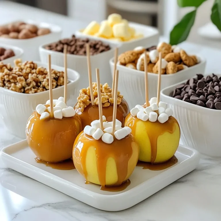 - 5 medium-sized apples (choose your favorite variety) - 2 cups granulated sugar - 1/2 cup unsalted butter - 1 cup heavy cream - 1 teaspoon vanilla extract - A pinch of salt - Chopped nuts (such as almonds, walnuts, or pecans) - Mini marshmallows - Crushed cookies (like Graham crackers or Oreos) - Chocolate chips (choose from milk, dark, or white) - Colorful sprinkles - Shredded coconut To start your DIY caramel apple topping bar, you need fresh apples. I suggest using medium-sized apples to ensure they hold up well when dipped. My favorites are Granny Smith for a tart bite or Fuji for sweetness. Next, gather ingredients for the homemade caramel sauce. You will need granulated sugar, unsalted butter, heavy cream, vanilla extract, and a pinch of salt. These ingredients create a rich and smooth caramel that pairs perfectly with the apples. Now, let’s talk toppings. A variety adds fun to your bar. You can use chopped nuts for crunch, mini marshmallows for sweetness, and crushed cookies for texture. Chocolate chips—whether milk, dark, or white—bring extra flavor. Colorful sprinkles and shredded coconut add visual appeal. Gather all these ingredients, and you’re ready to create your caramel apple toppings! {{ingredient_image_2}} To start, you need to wash the apples well. Rinse them under cool water to remove any dirt or wax. After washing, dry each apple with a clean towel. This helps the caramel stick better. Next, take a wooden stick and insert it into the top of each apple. Push it in gently but firmly. This stick will be your handle for dipping. Now, let’s make the caramel sauce. Grab a medium-sized saucepan. In it, combine the granulated sugar, unsalted butter, and heavy cream. Heat this mixture on medium heat. Stir it continuously until the sugar dissolves. This should take a few minutes. Once the sugar is dissolved, bring the mix to a gentle boil. Lower the heat a bit and let it simmer. Stir often for about 5 to 7 minutes. You want it to thicken up. When it coats the back of a spoon, it’s ready. When the caramel thickens, take the pan off the heat. Stir in the vanilla extract and a pinch of salt. This will make the caramel taste even better. Let it cool for a few minutes. It will thicken more as it cools. Now, it’s time to set up your topping bar! Take a large platter or a wooden board. Arrange the apples on it in a nice way. Then, get small bowls for the toppings. Fill these bowls with chopped nuts, mini marshmallows, crushed cookies, different chocolate chips, colorful sprinkles, and shredded coconut. Make sure everything looks inviting. You can even label the bowls to help guests choose their favorites. When the caramel is cool and pourable, you can drizzle it over the apples or put it in a bowl for dipping. Let everyone create their own sweet treat with the toppings. Enjoy all the tasty combinations you can make! To make the best caramel sauce, focus on the right consistency. You want it thick but pourable. Cook your mixture on medium heat, stirring all the time. When the sauce coats the back of a spoon, it’s ready. Add a pinch of salt and vanilla extract for extra flavor. This simple step makes a big difference in taste. Choosing the right apple is key. I love using tart apples like Granny Smith for a nice balance. They hold up well when dipped in caramel. To secure the sticks, push them into the top of each apple until they feel firm. This helps prevent any mishaps while dipping. For a fun look, use decorative bowls for the toppings. Arrange them nicely on a large platter with the apples. This makes it easy for everyone to see their options. Label each topping to help guests choose their favorites. Clear signs make the process fun and engaging. Pro Tips Choose the Right Apples: Select medium-sized apples that are firm and crisp, such as Granny Smith or Honeycrisp, for the best flavor and texture. Keep the Caramel Warm: If the caramel cools too much and becomes too thick, simply reheat it gently over low heat while stirring until it reaches the desired consistency. Mix and Match Toppings: Encourage guests to combine different toppings for unique flavor combinations. For example, try chocolate chips with crushed cookies or nuts with sprinkles! Presentation Matters: Use colorful bowls for the toppings and arrange them artfully on a large platter to create an inviting and visually appealing caramel apple bar. {{image_4}} You can get creative with toppings. Seasonal fruits like sliced strawberries or bananas add freshness. Candies like crushed peppermint or toffee bits bring a fun crunch. Specialty sprinkles can add a pop of color. Try chocolate drizzles for extra sweetness. - Sliced strawberries - Sliced bananas - Crushed peppermint - Toffee bits - Chocolate drizzles These options keep things exciting and tasty. Your guests will love mixing and matching their favorite flavors! You can also make themed topping bars for special events. For Halloween, add spooky candies like gummy worms or candy corn. Use dark chocolate drizzle to mimic a spooky look. For fall celebrations, try pumpkin spice sprinkles or caramel apple flavored candies. For birthday parties, offer colorful sprinkles, bright candies, and fun-shaped marshmallows. You can even match toppings to the party colors. This makes each apple special and personal for your guests. - Halloween ideas: gummy worms, candy corn, dark chocolate drizzle - Fall ideas: pumpkin spice sprinkles, caramel apple candies - Birthday ideas: colorful sprinkles, fun-shaped marshmallows Using themes helps create a festive atmosphere. It makes your caramel apple topping bar even more fun! How do you keep caramel fresh? To store leftover caramel, let it cool completely. Then, pour it into an airtight container. This helps keep moisture away. You can keep it in the fridge for up to two weeks. What are some reheating suggestions? When you want to use the caramel again, take it out of the fridge. Place it in a microwave-safe bowl. Heat it in short bursts of 15 seconds, stirring in between. This way, it warms evenly without burning. You can also heat it on the stove over low heat, stirring gently. What are the best practices for apple storage post-preparation? Once you prepare the apples, store them in the fridge. Place them in a single layer on a plate. Cover them loosely with plastic wrap. This keeps them crisp and fresh without getting soggy. It’s best to use them within two days for the best taste. You can store your homemade caramel sauce for about two weeks. Keep it in an airtight container in the fridge. Make sure to let it cool before sealing it. If the caramel hardens, just warm it up gently in the microwave or on the stove. Stir it well to get it smooth again. Yes, you can make the caramel sauce ahead of time. Just follow the recipe and let it cool completely. Pour it into a clean jar and store it in the fridge. When you're ready to use it, heat it gently. This way, you save time on the day of your caramel apple party. For the best caramel apples, choose apples that are firm and crisp. I recommend using Granny Smith for a tart bite. Fuji and Honeycrisp are also great choices for their sweetness. These apples hold up well when dipped in warm caramel, giving you a tasty treat. Yes, many toppings are gluten-free! Here are some options you can use: - Chopped nuts like almonds and pecans - Mini marshmallows - Crushed cookies made with gluten-free ingredients - Chocolate chips (check the label) - Colorful sprinkles (most are gluten-free) - Shredded coconut These toppings will add fun flavors and textures to your caramel apples! In this post, we covered how to make delicious caramel apples. We discussed the ingredients needed, from fresh apples to tasty toppings. I shared step-by-step instructions for preparing the apples and making a rich caramel sauce. You learned tips to perfect your caramel, ideas for fun presentations, and storage information. Remember, customizing toppings adds excitement to any event. With these tips, you can create a treat everyone loves. Try these ideas at your next gathering for sweet success!