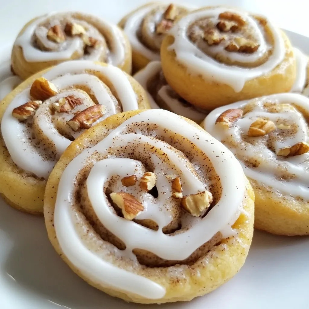 To make these delicious cinnamon roll cookies, gather the following ingredients: - 2 cups all-purpose flour - 1 teaspoon baking powder - 1/2 teaspoon baking soda - 1/2 teaspoon salt - 1 tablespoon ground cinnamon - 3/4 cup unsalted butter, softened - 1 cup packed brown sugar - 1/4 cup granulated sugar - 1 large egg - 1 teaspoon vanilla extract - 1/2 cup chopped pecans or walnuts (optional) - 1 cup powdered sugar (for icing) - 2 tablespoons milk (for icing) If you need to convert measurements, here's a quick guide: - 1 cup = 16 tablespoons - 1 tablespoon = 3 teaspoons - 1/2 cup = 8 tablespoons - 1 teaspoon = 5 milliliters These conversions help ensure your baking is accurate. You can make these cookies even better with some fun add-ins. Try: - 1/2 cup chocolate chips for a sweet twist - 1/2 cup dried cranberries for a tangy flavor - A sprinkle of nutmeg for extra spice These options let you customize your cookies to your taste. Enjoy experimenting! {{ingredient_image_2}} Start by preheating your oven to 350°F (175°C). While the oven heats, line a baking sheet with parchment paper. This step helps prevent the cookies from sticking and makes cleanup easy. In a medium bowl, whisk together the following dry ingredients: - 2 cups all-purpose flour - 1 teaspoon baking powder - 1/2 teaspoon baking soda - 1/2 teaspoon salt - 1 tablespoon ground cinnamon Mix these until they are well combined. Set this dry mix aside for later. In a large bowl, cream together: - 3/4 cup unsalted butter, softened - 1 cup packed brown sugar - 1/4 cup granulated sugar Beat these together for about 2-3 minutes. The mixture should be light and fluffy. This step is key for a soft cookie. Add one large egg and 1 teaspoon of vanilla extract to the creamed butter and sugars. Mix until everything is smooth. Next, slowly add the dry mix to the wet mix. Stir gently until they are just combined. Be careful not to overmix, or the cookies will be tough. If you want some crunch, fold in 1/2 cup of chopped pecans or walnuts now. Using a tablespoon or cookie scoop, portion out the dough. Roll each piece into a ball and place them on the baking sheet about 2 inches apart. Bake for 10-12 minutes. Watch for lightly golden edges while keeping the centers soft. While the cookies cool, make the icing. In a small bowl, whisk together: - 1 cup powdered sugar - 2 tablespoons milk Keep whisking until the icing is smooth. If it’s too thick, add a bit more milk. Once the cookies are cool, drizzle or spread the icing on top. Let it set for a few minutes before serving. Enjoy your homemade cinnamon roll cookies! To make soft and chewy cinnamon roll cookies, follow these tips: - Use room temperature butter. This helps the butter mix well and keeps cookies soft. - Do not overmix. Mix the wet and dry ingredients just until combined. - Chill the dough. If you have time, chill the dough for 30 minutes. This step helps the cookies keep their shape. - Bake until golden. Look for lightly golden edges and soft centers. This keeps them chewy. Serving these cookies can be fun! Here are some ideas: - Use a decorative plate. Place the cookies on a colorful or themed plate. - Dust with cinnamon. Lightly sprinkle extra cinnamon on top for a pretty touch. - Add fresh mint. A sprig of mint adds color and freshness. - Pair with coffee or tea. These cookies go well with warm drinks for a cozy treat. Sometimes, things don’t go as planned. Here’s how to fix common problems: - Cookies are too hard. You may have baked them too long. Keep an eye on the time. - Dough is too sticky. If the dough sticks to your hands, try chilling it for a bit. - Cookies spread too much. Make sure your butter is not too soft. Room temperature is best. - Icing is too thick. Add a little more milk to thin out the icing. Mix well until smooth. Pro Tips Chill the Dough: For a firmer texture and easier handling, consider chilling the cookie dough for 30 minutes before baking. This will help prevent spreading and enhance the cookie's overall shape. Use Fresh Spices: For the best flavor, use freshly ground cinnamon instead of pre-ground. Freshly ground spices offer a more vibrant taste that greatly enhances the cookies. Experiment with Nuts: If you're not a fan of pecans or walnuts, try different nuts like hazelnuts or almonds for a unique twist. You can also omit nuts altogether for a nut-free version. Store Properly: To keep the cookies fresh, store them in an airtight container at room temperature. If you want to keep them longer, consider freezing them, and they can last up to three months. {{image_4}} You can change the flavor of your cinnamon roll cookies easily. Here are some fun ideas: - Pumpkin Spice: Add 1/2 cup of pumpkin puree and 1 teaspoon of pumpkin pie spice. This adds warmth and a festive touch. - Chocolate Chip: Fold in 1 cup of chocolate chips for a sweet twist. The chocolate melts and pairs well with cinnamon. - Nutty Banana: Mix in 1 ripe mashed banana and 1/2 cup of chopped walnuts. This gives a delightful fruit flavor. These flavors bring new life to your cookies. They make baking exciting and fun, perfect for any occasion. Do you need alternatives for dietary needs? No problem! Here are some options: - Gluten-Free: Substitute all-purpose flour with a 1:1 gluten-free flour blend. This keeps the texture nice. - Vegan: Use vegan butter and replace the egg with 1/4 cup of applesauce. This keeps cookies moist and tasty. - Dairy-Free: Choose a non-dairy milk for the icing and use dairy-free butter. You won’t miss the dairy at all. These swaps help you enjoy cinnamon roll cookies no matter your diet. They still taste amazing and satisfy your sweet tooth. The icing is a key part of these cookies. You can try different toppings for variety: - Cream Cheese Icing: Mix 4 oz of cream cheese with 1 cup of powdered sugar and 2 tablespoons of milk. This adds a rich, tangy flavor. - Maple Icing: Combine 1 cup of powdered sugar with 2 tablespoons of maple syrup and 1 tablespoon of milk. This gives a sweet, unique touch. - Cinnamon Sugar Dusting: Instead of icing, sprinkle a mix of sugar and cinnamon on top. This is simple but delicious. Try these icing options to find your favorite. They change the whole taste and look of your cookies. You can keep your cinnamon roll cookies at room temperature. Place them in an airtight container. This helps keep them soft and fresh. Enjoy the cookies within a week for the best taste. If you stack them, add parchment paper between layers. This prevents sticking. To freeze the cookies, let them cool completely first. Then, place them in a single layer on a baking sheet. Freeze for about an hour until firm. After that, transfer the cookies to a freezer-safe bag. Remove as much air as possible. They can last up to three months in the freezer. When you want to enjoy a cookie, reheat it for a soft bite. Preheat your oven to 350°F (175°C). Place the cookie on a baking sheet. Heat for about 5-7 minutes. This warms it up and revives the flavor. You can also microwave it for about 10-15 seconds. Enjoy your warm, gooey treat! Yes, you can make cinnamon roll cookies ahead of time. Prepare the dough, then wrap it in plastic. You can store it in the fridge for up to three days. This way, you can bake fresh cookies whenever you want. If you need to store the dough longer, freeze it. Just let it thaw in the fridge before baking. To make the cookies less sweet, reduce the brown sugar. You can cut the amount by a third. Using less icing also helps. If you like, add a pinch of salt to balance the sweet taste. This will give the cookies a nice flavor without being too sugary. You can use many tasty options instead of nuts. Try adding chocolate chips, dried fruits, or shredded coconut for extra flavor. If you want more crunch, choose sunflower seeds or pumpkin seeds. These swaps keep the cookies delicious and fun. If your cookies are overbaked, there is a simple fix. You can try soaking them in milk for a few seconds. This will help reduce dryness. Another option is to store them in an airtight container with a slice of bread. The bread will add moisture and soften the cookies. You now have all the tools to bake delicious cinnamon roll cookies. We covered the key ingredients, helpful steps, and fun variations. You learned best practices for soft, chewy cookies and how to store them well. Remember, cookie-making is about having fun. Experiment with flavors and share your treats. Trust your instincts, and don’t be afraid to try new things. Happy baking!