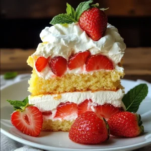 - 2 cups all-purpose flour - 2 teaspoons baking powder - &frac12; teaspoon baking soda - &frac12; teaspoon salt - &frac12; cup unsalted butter, softened - 1 cup granulated sugar - 2 large eggs - 1 teaspoon vanilla extract - &frac34; cup buttermilk - 2 cups fresh strawberries, hulled and sliced - 1 cup heavy cream - 3 tablespoons powdered sugar - 1 teaspoon vanilla extract (for whipped cream) - Fresh mint leaves for garnish (optional) To make a great strawberry shortcake cake, you need fresh ingredients. Start with the dry ingredients. You will need all-purpose flour, baking powder, baking soda, and salt. Measure these out carefully. Mixing them well helps create a light texture in the cake. Next, gather the wet ingredients. You need softened butter, granulated sugar, eggs, vanilla extract, and buttermilk. The butter makes the cake rich, while the buttermilk adds moisture and flavor. For the filling and topping, fresh strawberries are key. Use ripe strawberries for the best taste. You will also need heavy cream for the whipped cream. Add powdered sugar and vanilla extract to sweeten it. A little mint can make a lovely garnish. This mix of ingredients creates a balanced flavor. It makes the cake moist and sweet, perfect for any occasion. Enjoy the process of gathering these fresh items for a delightful treat. {{ingredient_image_2}} First, preheat your oven to 350&deg;F (175&deg;C). This makes sure your cakes bake evenly. Next, take two 9-inch round cake pans. Grease them with butter. Then, dust them lightly with flour. This will stop the cakes from sticking. In a medium bowl, mix the dry ingredients. Combine 2 cups of flour, 2 teaspoons of baking powder, &frac12; teaspoon of baking soda, and &frac12; teaspoon of salt. Whisk these together until no clumps remain. In a large bowl, cream &frac12; cup of softened butter with 1 cup of granulated sugar. Use an electric mixer on medium speed. Beat for about 3 to 5 minutes until it is light and fluffy. Now, add 2 large eggs one by one. Mix well after each one. Then stir in 1 teaspoon of vanilla extract. Gradually add the flour mixture to the wet ingredients. Alternate this with &frac34; cup of buttermilk. Start and end with the flour. Mix until just combined. Don&rsquo;t overmix, or your cake may be dense. Pour the batter evenly into the two prepared pans. Use a spatula to smooth the tops. Place them in the oven and bake for 25 to 30 minutes. Check if they are done by inserting a toothpick in the center. If it comes out clean, they are ready. Let the cakes cool in the pans for about 10 minutes. Then, transfer them to wire racks to cool completely. While the cakes cool, prepare the strawberry filling. Take 2 cups of fresh strawberries and slice them. In a medium bowl, mix the strawberries with 2 tablespoons of granulated sugar. Toss gently to coat them. Let this sit for about 15 minutes. This helps the strawberries release their juices. For the whipped cream, use an electric mixer again. Beat 1 cup of heavy cream in a mixing bowl until soft peaks form. Gradually sprinkle in 3 tablespoons of powdered sugar and 1 teaspoon of vanilla extract. Keep whipping until stiff peaks form. Once the cakes are completely cool, place one layer on a serving plate. Spread a generous layer of whipped cream on top. Add half of the macerated strawberries on this layer. Carefully place the second cake layer on top of the first. Spread more whipped cream over this layer. Add the remaining strawberries and finish with a dollop of whipped cream on top. If you want, garnish with fresh mint leaves for a nice touch. Measuring and mixing matter a lot. Use a kitchen scale for dry ingredients. This helps make sure you get it right every time. When mixing, start slow to avoid flour clouds. This gives you a smooth batter. Mixing by hand can also help. It keeps air in, which makes the cake light. Want more flavor? Add a splash of lemon juice or zest. This gives your cake a nice zing. You can also try almond extract instead of vanilla. For a fun twist, mix in some shredded coconut. Each option brings a new taste. Don't be afraid to get creative! To present your cake nicely, slice it into even wedges. Place each slice on a plate with a few extra strawberries. A dollop of whipped cream beside it adds charm. You can also use fresh mint leaves for color. Arrange everything neatly to impress your guests. Presentation makes the cake even more delightful! Pro Tips Use Fresh Strawberries: For the best flavor and texture, always opt for fresh strawberries. The sweetness and juiciness of ripe strawberries will elevate your shortcake. Don't Overmix the Batter: When combining the wet and dry ingredients, mix just until combined. Overmixing can lead to a dense cake, while gentle mixing keeps it light and fluffy. Chill the Whipped Cream: For the best results, chill your mixing bowl and beaters before whipping the cream. This helps it whip up faster and hold its shape longer. Let the Cake Cool Completely: Allow the cake layers to cool completely before assembling. This prevents the whipped cream from melting and keeps your cake layers intact during assembly. {{image_4}} You can change the flavor of your cake base. If you want a twist, try a chocolate cake. Use the same method but swap in chocolate cake mix instead of vanilla. A vanilla cake is a classic choice and always a hit. You can mix in some almond extract for a new flavor. This small change makes a big difference. The filling is where you can get creative. Instead of strawberries, try using chocolate ganache. This rich option adds a decadent touch. You can also use lemon curd for a zesty kick. It brings a fresh taste that pairs well with strawberries. Mix and match your fillings to keep it fun! If you need gluten-free options, use a gluten-free flour blend. Make sure it has a good mix of starches. For a dairy-free version, use coconut cream instead of heavy cream. You can also substitute almond milk for buttermilk. These adjustments keep the cake tasty for everyone! To keep your strawberry shortcake cake fresh in the refrigerator, wrap it well. I use plastic wrap or aluminum foil. This helps keep the cake moist. Place it in an airtight container if you have one. Store it in the fridge for up to three days. Make sure to keep it away from strong odors. Cakes can easily absorb smells. If you want to save some cake for later, freezing works well. First, let the cake cool completely. Then, slice the cake into pieces. Wrap each slice tightly in plastic wrap. After that, place the wrapped slices in a freezer bag. You can freeze the whole cake too. Just wrap it well and store it. The cake stays good for about two to three months in the freezer. The strawberry shortcake cake lasts about three days in the fridge. Signs of spoilage include a dry texture or off smell. If you notice mold, throw it away right away. When frozen, the cake maintains its quality for months. When you thaw it, be sure to check for any changes. Always trust your senses! Yes, you can use frozen strawberries! They work well in the filling. First, thaw them and drain excess liquid. This way, they won&rsquo;t make the cake soggy. Fresh strawberries are great for flavor and texture, but frozen berries can save time. You can use several easy substitutes for buttermilk. Here are some options: - Mix &frac34; cup milk with 1 tablespoon vinegar or lemon juice. Let it sit for a few minutes. - Use plain yogurt or sour cream, thinned with a little water. - Almond milk or oat milk can work too with the same vinegar trick. Testing for doneness is simple. Insert a toothpick into the center of the cake. If it comes out clean, the cake is ready. You can also gently press the top. If it springs back, it&rsquo;s done! Checking at 25 minutes is a good idea. This blog post covered how to make a delicious strawberry cake. We discussed the ingredients, including dry and wet elements, filling, and topping. You learned clear step-by-step instructions for mixing, baking, and assembling your cake. We also shared tips for perfect texture and creative variations. To keep your cake fresh, we provided storage tips and answered common questions. Now, you are ready to create your own sweet strawberry masterpiece with confidence!