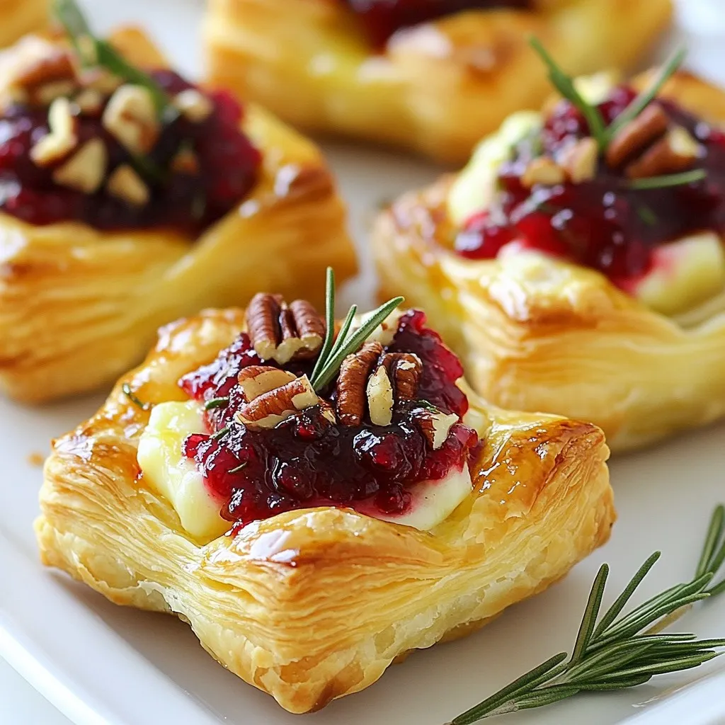 - 1 sheet of thawed puff pastry - 8 ounces of Brie cheese, cut into cubes - 1 cup of cranberry sauce - 1/4 cup of chopped pecans or walnuts - 1 tablespoon of finely chopped fresh rosemary - 1 egg for egg wash - Salt and black pepper to taste - Additional herbs for garnish - Spices for added flavor Gathering these ingredients is the first step to making cranberry Brie bites. The puff pastry is the base, bringing a flaky texture. The Brie cheese melts beautifully, creating a creamy layer. You can use homemade or store-bought cranberry sauce for sweetness and tartness. Chopped nuts add crunch and depth. Fresh rosemary gives a lovely aroma and flavor. An egg wash helps achieve that golden finish. Finally, salt and pepper enhance all the flavors. If you want to get creative, consider using additional herbs for garnish. Fresh thyme or parsley can add a nice touch. You might also sprinkle in some spices like cinnamon or nutmeg for extra warmth. These options let you customize the bites to your taste! {{ingredient_image_2}} First, I preheat my oven to 375°F (190°C). This ensures it's hot enough to bake the bites perfectly. Next, I take my thawed puff pastry. I place it on a lightly floured surface. I gently roll it out until it is about 1/8 inch thick. Then, I cut the pastry into 2-inch squares. I aim for 12 to 16 squares in total. I arrange the squares on a baking sheet lined with parchment paper. This helps prevent sticking while baking. Now comes the fun part! I place a small cube of Brie cheese in the center of each pastry square. This cheese will melt beautifully as it bakes. On top of the Brie, I add a teaspoon of cranberry sauce. The sweet-tart flavor of the sauce pairs perfectly with the creamy cheese. Next, I sprinkle chopped pecans or walnuts over the sauce. This adds a nice crunch and depth of flavor. To finish, I season each bite with a pinch of salt and freshly ground black pepper. I also add finely chopped rosemary for an aromatic touch. If I want, I can fold the corners of the pastry squares over the filling. This creates cute little bundles. If not, I leave them open for a rustic look. Before baking, I brush the tops with beaten egg. This gives the bites a lovely golden color. I make sure to cover them evenly. I then place the baking sheet in the preheated oven. I bake the bites for 15 to 20 minutes. I watch closely until the pastry puffs up and turns golden brown. After baking, I take the bites out of the oven. I let them cool for about 5 minutes before serving. This helps the flavors meld beautifully. To handle puff pastry well, keep it cool. If it gets warm, it becomes hard to work with. Lightly flour your surface before rolling it out. This helps prevent sticking. Aim for a thickness of about 1/8 inch. Cut the pastry into 2-inch squares. This size is perfect for filling. For a golden crust, brush the pastry with a beaten egg. This gives it a nice shine as it bakes. Bake at 375°F for 15-20 minutes. Watch closely until it turns golden brown. This shows the pastry is ready and has puffed up nicely. Pair savory flavors with the sweet cranberry. Fresh herbs like rosemary add a great taste. They bring an earthy note that balances the dish. Consider adding a pinch of cinnamon for warmth or nutmeg for depth. For nuts, pecans and walnuts offer crunch. They also add richness that complements Brie. You can also try almonds or hazelnuts for a new twist. Don't forget to season with salt and freshly ground black pepper. This enhances all the flavors in each bite. For a stunning display, serve the bites on a rustic wooden board. This adds charm to your table. Arrange them close together for a cozy look. You can also use a festive platter for special occasions. Garnish with fresh rosemary sprigs. They add color and a lovely scent. You might also sprinkle a few nuts around for extra flair. This makes the dish visually exciting and inviting. Pro Tips Chill the Puff Pastry: Before rolling out, keep the puff pastry chilled. This helps maintain its flakiness while baking. Experiment with Cheese: While Brie is classic, try substituting with Camembert or a flavored cheese for a unique twist. Make Ahead: Prepare the bites in advance and refrigerate them. Bake just before serving for a fresh, warm treat. Garnish Creatively: Add a drizzle of balsamic reduction or honey over the baked bites for an extra touch of flavor and elegance. {{image_4}} You can switch up the nuts in your cranberry Brie bites. Pecans add a sweet crunch, while walnuts offer a richer flavor. Almonds can bring a light, buttery taste. If you want something zesty, try pistachios. Each nut gives a new twist to the bites. Experiment to find your favorite mix! Brie is classic, but many cheeses work well here. Goat cheese adds tang and creaminess. Cheddar brings a sharp flavor that pairs nicely with cranberry. For a fun twist, use blue cheese for boldness. You can also swap cranberry sauce for fig jam. Each change gives a new taste to enjoy. You can play with the recipe for any season or holiday. For Thanksgiving, add nutmeg and cinnamon to the cranberry sauce. During Christmas, use cranberry-orange sauce for a festive touch. In spring, mix in fresh herbs like basil or mint. Each season brings fresh flavors to your bites. To keep your cranberry Brie bites fresh, store them in an airtight container. This helps maintain their flavor and texture. If you have leftovers, place them in the fridge. They will stay good for up to three days. For longer storage, you can freeze them. Wrap each bite in plastic wrap and place them in a freezer bag. This helps prevent freezer burn. When you're ready to enjoy your leftovers, use the oven for the best results. Preheat your oven to 350°F (175°C). Place the bites on a baking sheet. Heat them for about 10-15 minutes. This will warm them up and keep the pastry crisp. Avoid using the microwave, as it may make the pastry soggy. In the fridge, cranberry Brie bites last for about three days. If you freeze them, they can last for up to two months. Just remember to label your freezer bags with the date. This way, you will know when to use them. Enjoy your bites fresh for the best taste! Yes, you can use phyllo dough. Phyllo gives a crisp texture. It may not puff like the pastry. You need to layer it with butter. This adds richness and helps it crisp. Keep in mind, phyllo is thinner. It also cooks faster. Watch it closely to avoid burning. Puff pastry is thicker and flakier. It holds the filling well. Choose based on your taste. Yes, you can prep these bites ahead. Make the bites and chill them. Cover them with plastic wrap. This keeps them fresh. Bake them just before serving. If you bake them in advance, they lose crispness. You can also make the filling early. Store it in the fridge. Assemble the bites when you are ready to bake. You can substitute several spreads for cranberry sauce. Try fig jam for a sweet twist. Apple butter gives a smooth flavor. You can also use a savory option. Try onion jam for a unique profile. If you want a spicy kick, use jalapeño jelly. These options add different tastes to your bites. Experiment with what you like best! This recipe for Brie and cranberry bites combines easy steps and tasty ingredients. We covered the essential ingredients, preparation, and tips for perfecting the pastry. Make sure to experiment with different nuts and cheeses for fun twists. Storing and reheating leftovers is simple and keeps bites delicious. These treats are perfect for any occasion and sure to impress guests. Enjoy crafting your own variations, and let your creativity shine in the kitchen!