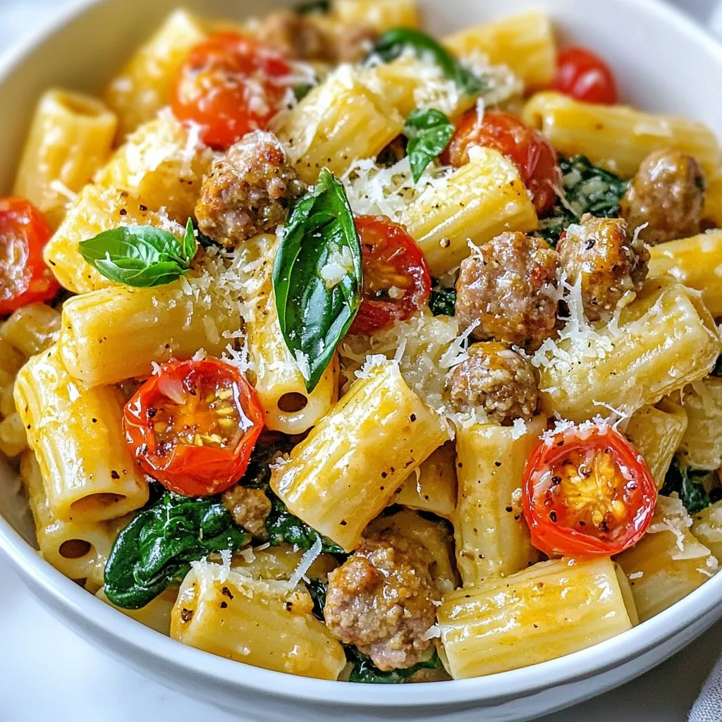 - 12 oz rigatoni pasta - 1 lb Italian sausage (mild or spicy, casings removed) - 1 medium onion, finely chopped - 3 cloves garlic, minced - 1 cup heavy cream - 1 cup chicken broth - ½ cup freshly grated Parmesan cheese - 1 cup cherry tomatoes, halved - 1 cup fresh spinach, roughly chopped - 1 teaspoon Italian seasoning - ½ teaspoon red pepper flakes (optional) - 2 tablespoons extra virgin olive oil - Salt and freshly cracked black pepper to taste The ingredients for creamy Italian sausage rigatoni create a rich and tasty dish. First, rigatoni pasta provides a nice, bite-sized shape. You can pick between mild or spicy Italian sausage. This choice shapes the dish's flavor. Next, we have aromatics. Onions and garlic add depth. They enhance the overall taste when sautéed together. Heavy cream makes the sauce rich and smooth. Chicken broth adds flavor and helps to balance the creaminess. Parmesan cheese brings a savory touch. You’ll want to use freshly grated cheese for the best result. For vegetables, cherry tomatoes add sweetness. They burst with flavor when cooked. Fresh spinach brings color and nutrition. Adding Italian seasoning and red pepper flakes gives a lovely kick. Finally, olive oil, salt, and pepper tie all these ingredients together. This dish is simple yet satisfying, perfect for any dinner! {{ingredient_image_2}} To start, fill a large pot with water. Add a generous amount of salt. Bring the water to a vigorous boil over high heat. This helps flavor the pasta. Once boiling, add 12 oz of rigatoni. Cook it according to the package instructions. Aim for that perfect al dente texture. Check it a minute before the time is up. You want the pasta firm yet cooked. After cooking, save 1 cup of pasta water. Drain the rigatoni and set it aside in a large bowl. Next, grab a spacious skillet. Heat 2 tablespoons of extra virgin olive oil over medium heat. Once hot, add 1 lb of Italian sausage. Make sure to remove the casings first. With a wooden spoon, break the sausage into smaller pieces. This step helps it cook evenly. Brown the sausage for about 5-7 minutes. Stir occasionally until it turns a lovely golden brown and is fully cooked. Now, it’s time to create the creamy sauce. To the skillet, add 1 medium chopped onion and 3 minced garlic cloves. Sauté for about 3-4 minutes. You want the onion to become translucent and aromatic. Then, pour in 1 cup of chicken broth and 1 cup of heavy cream. Stir well to combine. Let the mixture come to a gentle simmer. After that, add in 1 cup of halved cherry tomatoes and 1 cup of chopped spinach. Include 1 teaspoon of Italian seasoning and ½ teaspoon of red pepper flakes if you like some heat. Season with salt and pepper to taste. Cook everything for another 5 minutes. This allows the tomatoes to soften and the spinach to wilt perfectly into the sauce. Once your sauce is ready, introduce the cooked rigatoni into the skillet. Toss it gently so every piece is coated in the creamy sauce. If the sauce looks too thick, use that reserved pasta water. Add it slowly, a little at a time, until you reach the desired consistency. Finally, mix in ½ cup of freshly grated Parmesan cheese. Stir until it melts and creates a rich, creamy texture. Taste and adjust the seasoning if needed. Serve your creamy rigatoni in shallow bowls, garnished with fresh basil leaves. Enjoy this delightful dish! - For great pasta, choose a large pot. Fill it with water and add salt. - Bring the water to a strong boil before adding rigatoni. This helps cook evenly. - Stir the pasta often to prevent it from sticking. Cook until it’s al dente. - To avoid overcooking the sausage, use medium heat. Cook until browned, about 5-7 minutes. - Break the sausage into smaller pieces for even cooking and flavor. - To boost flavor, add herbs like thyme or oregano. Fresh herbs work best. - For a spicy kick, try more red pepper flakes or crushed red pepper. - To amp up creaminess, mix in cream cheese or mascarpone with the heavy cream. - Add a splash of lemon juice for brightness. It balances the richness of the dish. - For a nice presentation, drizzle olive oil over the plated dish. - Sprinkle extra Parmesan cheese on top for added flavor and elegance. - Garnish with fresh basil leaves for a pop of color. - Pair with a crisp white wine like Pinot Grigio or a side salad for freshness. - Garlic bread makes a great side for soaking up the creamy sauce. Pro Tips Choose Your Sausage Wisely: Select a high-quality Italian sausage for the best flavor. If you prefer a less spicy dish, go for mild sausage, or if you like a kick, choose spicy sausage. Don’t Skip the Pasta Water: The starchy pasta water is a great way to achieve a creamy sauce consistency. Add it gradually until you reach your desired texture. Add Fresh Herbs: Fresh basil not only adds color but also enhances the flavor profile of the dish. Consider adding it just before serving to maintain its vibrant flavor. Customize Your Veggies: Feel free to toss in other vegetables like bell peppers or zucchini for added nutrition and flavor. Just adjust the cooking time accordingly. {{image_4}} You can easily swap out the Italian sausage. Try using chicken or turkey sausage. These options are leaner but still pack great flavor. If you want a meat-free dish, plant-based sausage works well too. Many brands offer tasty alternatives that mimic the texture and taste of meat. Want to change the spice level? You can add different types of peppers. For a sweeter taste, use bell peppers. If you like heat, try jalapeños or serrano peppers. You can also add vegetables like zucchini or bell peppers. They add color and nutrition to your dish. For gluten-free options, choose pasta made from rice or corn. Many brands offer gluten-free rigatoni that tastes great. If you want a low-calorie meal, reduce the amount of cream and cheese. You can use low-fat cream or even a dairy-free milk. This way, you can still enjoy a creamy sauce without the extra calories. To keep your creamy Italian sausage rigatoni fresh, store leftovers in the fridge. Place the rigatoni in an airtight container. Glass containers work best, as they keep food fresh and are easy to clean. When reheating, use a skillet over low heat. This method helps keep the texture intact. Add a splash of heavy cream or chicken broth to revive the sauce's creaminess. Stir gently until heated through. For long-term storage, you can freeze the rigatoni. Place it in a freezer-safe container. Cream-based sauces can freeze well, but the texture may change a bit. When ready to eat, thaw it overnight in the fridge. Reheat slowly on the stove, adding extra cream to restore its luscious texture. You can choose between mild or spicy Italian sausage. Mild sausage gives a balanced flavor. It is great if you want a gentle taste. Spicy sausage adds a nice kick. It is perfect for those who love heat. I often mix the two for depth. You can also try sausage with herbs for added flavor. Yes, you can make this dish ahead. To store, let the rigatoni cool completely. Place it in an airtight container in the fridge. It stays fresh for about three days. When ready to eat, reheat in a skillet. Add a splash of chicken broth or cream to keep it creamy. For a meat-free dish, swap the sausage with plant-based options. You can use lentils or mushrooms for texture. Add chickpeas for protein and heartiness. Use vegetable broth instead of chicken broth. This keeps the dish full of flavor and satisfying. Yes, you can use other pasta types. Penne works well and cooks quickly. Fusilli is also a good choice, as it holds sauce well. If you prefer a gluten-free option, use rice or quinoa pasta. Just adjust cooking times based on the pasta you choose. This blog post covered how to make a delicious rigatoni dish. We explored key ingredients, like sausage and heavy cream, and learned step-by-step cooking methods. I shared tips and variations for adapting the recipe to your taste. In the end, this dish is versatile and easy to make. Whether you follow the recipe closely or make it your own, I hope you enjoy every bite. Happy cooking!