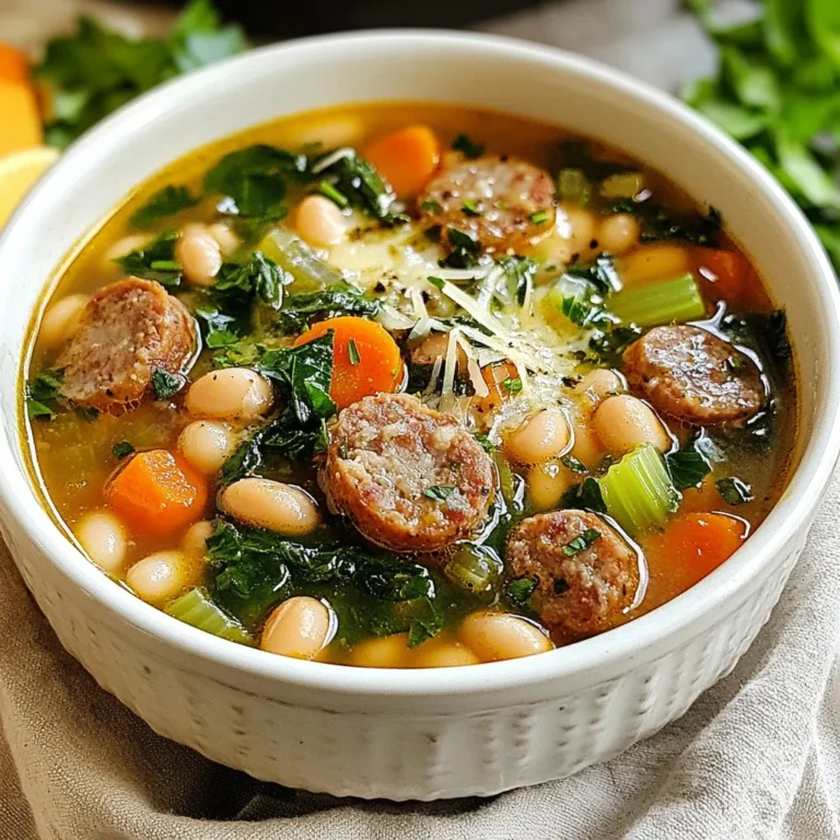 To make a great Italian sausage white bean soup, you need some key items: - 1 tablespoon extra virgin olive oil - 1 pound Italian sausage (mild or spicy) - 1 medium onion, finely diced - 2 cloves garlic, minced - 2 medium carrots, diced - 2 celery stalks, diced - 4 cups chicken or vegetable broth - 1 can (15 oz) white beans (like cannellini or great northern) - 1 can (14 oz) diced tomatoes, with their juices - 1 teaspoon dried oregano - 1 teaspoon dried thyme - 2 cups fresh spinach (or kale), roughly chopped - Sea salt and freshly ground black pepper to taste - Fresh parsley, chopped (for garnish) You can add a few things to boost the taste of your soup: - Grated Parmesan cheese for a rich finish - Red pepper flakes for extra spice - Lemon juice for a bright touch - Fresh herbs like basil or thyme for added aroma When picking Italian sausage, consider these tips: - Mild sausage gives a soft flavor, perfect for families. - Spicy sausage adds a nice kick if you like heat. - Check the meat's quality; fresh sausage is best. - Look for natural casings for better texture. - Try local brands for unique flavors. These choices will help you create a soup full of warmth and richness. {{ingredient_image_2}} Start by gathering all your ingredients. This helps keep things neat and easy. You will need: - 1 tablespoon extra virgin olive oil - 1 pound Italian sausage - 1 medium onion, finely diced - 2 cloves garlic, minced - 2 medium carrots, diced - 2 celery stalks, diced - 4 cups chicken or vegetable broth - 1 can (15 oz) white beans, drained and rinsed - 1 can (14 oz) diced tomatoes - 1 teaspoon dried oregano - 1 teaspoon dried thyme - 2 cups fresh spinach or kale, roughly chopped - Sea salt and freshly ground black pepper - Fresh parsley, chopped - Grated Parmesan cheese (optional) Make sure to wash your veggies. Dice the onion, carrots, and celery. Mince the garlic. Drain and rinse the beans. This step makes cooking smoother. In a large, heavy-bottomed pot, heat the olive oil over medium heat. Once it shimmers, add the Italian sausage. Use a wooden spoon to break it into smaller pieces. Cook for about 5-7 minutes. Look for a nice golden color. Next, stir in the diced onion, carrots, and celery. Sauté these for about 5 minutes. Watch for the onion to turn translucent. This step helps build flavor. Add the minced garlic to the pot. Cook for 1 more minute until it smells great. Then, pour in the broth along with the white beans and diced tomatoes. Sprinkle in the oregano and thyme. Stir well to mix everything. Increase the heat a bit and bring the soup to a gentle simmer. Let it cook for 20-25 minutes. Stir occasionally to help the flavors blend. Before serving, fold in the fresh spinach or kale. Cook for an additional 5 minutes until the greens are just wilted. Taste the soup and add sea salt and black pepper to your liking. Ladle the hot soup into bowls. Garnish each bowl with fresh parsley. If you like, add grated Parmesan cheese on top for a rich finish. Enjoy your hearty Italian sausage white bean soup! To boost the flavor, try adding some fresh herbs. A few sprigs of thyme or basil will brighten the soup. You can also add a splash of lemon juice just before serving. It lifts the flavors and adds a nice zing. Don't forget to taste as you cook. Adjust salt and pepper to your liking. If you want more heat, add red pepper flakes. When cooking Italian sausage, choose a large pot. Use medium heat to brown the sausage evenly. Crumble it as it cooks. This helps it brown nicely and adds texture. For extra flavor, try using a mix of mild and spicy sausage. This gives more depth to your soup. Remember to drain excess fat after browning, but keep some for flavor. You will need a heavy-bottomed pot for even cooking. A wooden spoon is great for stirring and crumbling the sausage. Use a sharp knife for chopping veggies. A cutting board is essential too. If you have a ladle, it makes serving the soup easier. Lastly, keep a measuring spoon handy for accurate spice measurements. Pro Tips Choose the Right Sausage: Opt for high-quality Italian sausage for the best flavor. If you're unsure, taste a small piece before adding it to the pot to gauge the spice level. Layer Your Flavors: Sautéing the vegetables before adding the broth enhances the soup's depth. Don't rush this step; let the onions caramelize slightly for added sweetness. Beans for Texture: If you want a creamier soup, mash some of the white beans with a fork before adding them to the pot. This will help thicken the soup without needing flour or cream. Fresh Herbs Matter: Always use fresh parsley for garnishing at the end. It not only adds a pop of color but also brightens the soup's flavor profile significantly. {{image_4}} You can easily make a vegetarian version of this soup. Replace the Italian sausage with a meat substitute. Options like lentils or mushrooms work well. Lentils add protein and a nice texture. Mushrooms give a hearty feel, just like sausage. Use the same spices to keep the flavor strong. You can also add more veggies like zucchini or bell peppers. Choosing between spicy and mild sausage can change your soup's vibe. If you want a kick, go for spicy sausage. It adds heat and depth. Mild sausage gives a softer flavor, perfect for kids or those who dislike spice. You can mix both types too. This way, everyone can enjoy their own bowl. Feel free to get creative with add-ins! You can toss in different greens like Swiss chard or arugula. These leafy greens will add color and nutrition. Want more fiber? Add some diced sweet potatoes or corn. For extra creaminess, stir in a splash of cream or coconut milk. Each change brings a new taste to this hearty soup. After making Italian sausage white bean soup, you may have some leftovers. To store them, let the soup cool down first. Then, transfer it to an airtight container. This helps keep the soup fresh. Make sure to store it in the fridge if you plan to eat it within a few days. Use it within three to four days for the best taste. If you want to save the soup for later, freezing is a great option. Pour the cooled soup into freezer-safe containers or bags. Leave some space at the top, as the soup will expand when it freezes. Be sure to seal the containers tightly to avoid freezer burn. You can freeze the soup for up to three months. Label the containers with the date to keep track of freshness. When you're ready to enjoy the soup again, thaw it in the fridge overnight. For reheating, pour the soup into a pot and heat it over medium-low heat. Stir it often to avoid burning. You can also add a splash of broth or water if it seems thick. For a quick option, use the microwave. Heat it in short intervals, stirring in between. This keeps the flavors bright and the texture just right. Enjoy your warm, hearty soup! Yes, you can use many types of beans in this soup. White beans like cannellini or great northern work best. However, you can also try black beans, kidney beans, or pinto beans. Each bean adds a unique taste and texture. Just remember to drain and rinse canned beans before adding them to the soup. This helps remove any extra salt or preservatives. This soup pairs well with many sides. You can serve it with crusty bread or warm rolls. A fresh green salad also makes a great addition. For a simple touch, try a sprinkle of Parmesan on top. This adds a nice, rich flavor. You could also include a side of garlic bread for an extra treat. Italian Sausage White Bean Soup lasts about 3 to 4 days in the fridge. Make sure to store it in an airtight container. If you want to keep it longer, consider freezing it. It can last up to 3 months in the freezer. Just remember to let it cool before you freeze it. When ready to eat, simply thaw and reheat. In this blog post, we explored the key ingredients and steps to make Italian Sausage White Bean Soup. From essential and optional ingredients to tips on choosing the best sausage, you have a full guide at your fingertips. I shared ways to enhance the flavor and offered fun variations like vegetarian options. Remember, proper storage is crucial to keep leftovers tasty. This soup is satisfying and easy to make, so enjoy every bowlful on your next chilly day!