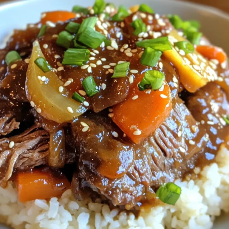 - 3-4 lbs chuck roast - 1/4 cup soy sauce - 1/4 cup gochujang - 2 tablespoons sesame oil - 2 tablespoons brown sugar The chuck roast is the star of this dish. It’s tender and full of flavor. Soy sauce adds depth, while gochujang brings heat. Sesame oil gives a nutty note, and brown sugar balances everything with sweetness. - 1 tablespoon minced ginger - 4 cloves garlic, finely minced - 1 large onion, thinly sliced - 2 carrots, chopped into bite-sized pieces - 2 cups beef broth Ginger and garlic add warmth and spice. The onion brings sweetness as it cooks. Carrots add color and texture, while beef broth provides a rich base for the sauce. - 1 tablespoon cornstarch for thickening - Sliced green onions and sesame seeds for garnishing Cornstarch helps thicken the sauce if you want it richer. Green onions and sesame seeds are great for garnishing. They add a fresh look and a bit of crunch. {{ingredient_image_2}} - Preheat the oven: Start by preheating your oven to 350°F (175°C). This heat helps slow-roast the beef well. - Combine marinade ingredients: In a large bowl, mix soy sauce, gochujang, sesame oil, brown sugar, minced ginger, and garlic. Whisk until smooth. - Rub marinade on the roast: Generously rub the marinade all over the chuck roast. Make sure it coats every side. - Let it marinate: Allow the roast to marinate at room temperature for at least 30 minutes. For more flavor, marinate overnight in the fridge. - Sear the roast: Heat sesame oil in a large Dutch oven over medium-high heat. Sear the roast for 3-4 minutes on each side. This browning seals in juices. - Sauté the vegetables: Remove the roast and set it aside. In the same pot, add sliced onions. Sauté for about 3 minutes until they soften. - Combine and roast in the oven: Add chopped carrots and beef broth to the pot. Return the roast to the pot, nestling it among the veggies. Cover the pot and place it in the oven. Roast for 3-4 hours until fork-tender. - Thicken the sauce if desired: If you like a thicker sauce, mix cornstarch with cold water to make a slurry. Heat the pot juices and stir in the slurry until it thickens. - Slice and serve: After resting the roast for 15 minutes, slice it against the grain into thick pieces. Serve with the rich sauce drizzled on top. Enjoy! For the best taste, marinate the roast for at least 30 minutes. If you can, let it sit overnight in the refrigerator. This lets the flavors seep deep into the meat. If you are in a rush, room temperature marinating works too but will not be as rich. Searing is a crucial step. It locks in juices and adds a deep flavor. Heat a Dutch oven over medium-high heat. Use sesame oil to coat the bottom. Sear each side of the roast for about 3-4 minutes. This creates a nice crust that enhances the dish. Korean pot roast pairs well with rice or hearty noodles. Serve the roast over a bed of fluffy rice for a comforting meal. Add a sprinkle of sliced green onions and sesame seeds on top. This not only boosts flavor but also makes the dish look beautiful. Pro Tips Marination Matters: Allow the chuck roast to marinate overnight for the best flavor infusion. The longer it sits, the more the flavors will penetrate the meat. Perfect Searing: Ensure your Dutch oven is adequately heated before adding the roast. A good sear locks in juices and enhances the overall flavor profile. Check for Tenderness: Use a fork to test the roast's tenderness towards the end of the cooking time. It should easily shred apart when done, indicating it's perfectly cooked. Enhance the Sauce: For an extra layer of flavor, consider adding a splash of rice vinegar or a touch of honey to the sauce after thickening for balance. {{image_4}} You can easily change the heat and sweetness of your Korean pot roast. If you like it spicy, add more gochujang. This Korean chili paste brings a nice kick. Start with one extra tablespoon and taste. If you want it sweeter, add more brown sugar. Adjust it by one or two tablespoons to your liking. Balancing these flavors makes the dish your own. You can cook this pot roast in different ways. A slow cooker works great for a hands-off meal. Just follow the same steps for marinating and searing. Then, place everything in the slow cooker. Set it on low for 8 hours or high for 4 hours. An Instant Pot is another option. After searing the meat, add the vegetables and broth. Lock the lid and cook on high pressure for about 60 minutes. Both methods still give you a tender, flavorful roast. Feel free to swap ingredients to fit your diet. For a gluten-free option, use tamari instead of soy sauce. You can also replace the chuck roast with brisket or pork shoulder. If you have veggie lovers, add mushrooms or bell peppers. They add great flavor and color. Adjust the cooking time as needed. This allows you to enjoy this dish no matter your dietary needs. To keep your Korean pot roast fresh, cool it quickly. You can let it sit at room temperature for about 30 minutes. After that, transfer it to the fridge. Use airtight containers to store the leftovers. This helps keep the flavors strong. If you have a lot, divide it into smaller portions. This makes it easy to reheat later. When it's time to enjoy your leftovers, the best way to reheat is in the oven. Preheat your oven to 300°F (150°C). Place the pot roast in a baking dish and cover it with foil. This keeps the meat moist. Heat for about 20-30 minutes. You can also reheat in the microwave. Use a microwave-safe dish and cover it. Heat in intervals of 1 minute, stirring in between. This helps maintain flavor and texture. You can freeze your Korean pot roast for later use. Let the roast cool completely before freezing. Wrap it tightly in plastic wrap and then in foil. This helps prevent freezer burn. Label it with the date. To thaw, place it in the fridge overnight. You can also use the microwave for quicker thawing. Just be careful not to cook it while thawing. Can I use a different cut of meat? Yes, you can choose other cuts. Brisket or round can work well too. Just remember, tougher cuts give better flavor after slow cooking. They also become tender and juicy. How do I know when the roast is done? The roast is done when it is fork-tender. You should be able to shred it easily with a fork. It usually takes about 3-4 hours in the oven at 350°F. Use a meat thermometer if you're unsure; it should reach 195°F to 205°F for best results. What if I don’t have gochujang? If you don’t have gochujang, you can use a mix of miso and chili paste. This gives a similar heat and depth. Another option is to mix red pepper flakes with a bit of honey. It won't be exactly the same, but it will still add great flavor. What if I have a smaller or larger roast? If your roast is smaller, reduce cooking time by about 30 minutes. For larger roasts, increase cooking time by about 30 minutes to an hour. Always check tenderness to know when it's ready. Cooking times can differ based on your oven and meat size. In this article, we covered the key ingredients for Korean pot roast, like chuck roast and gochujang. I shared step-by-step instructions, including marinating and searing techniques. We discussed tips for flavor, serving suggestions, and variations to suit your taste. Korean pot roast is flexible and fun to make. With practice, you can adjust it to your liking. Enjoy the cooking journey and make it your own!