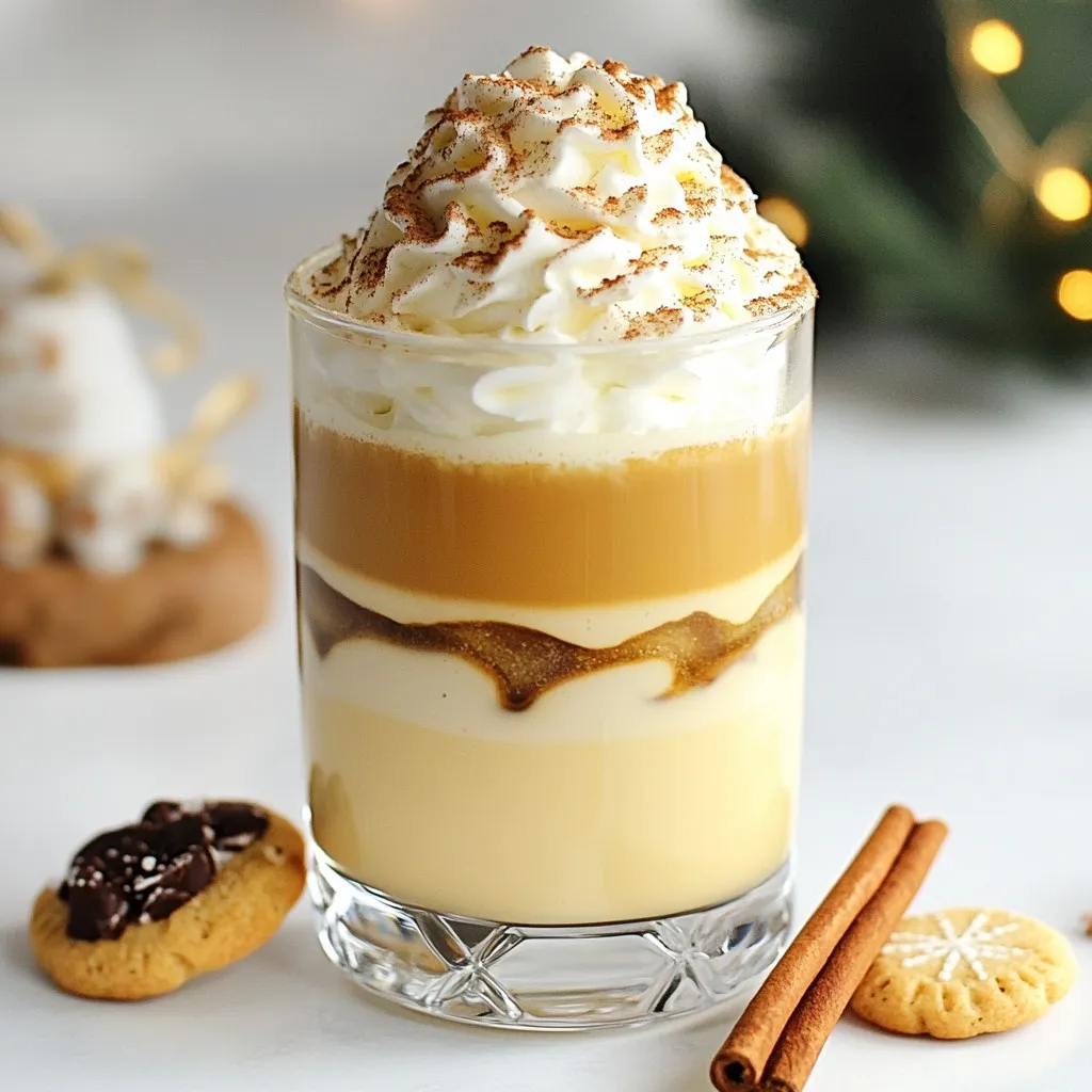 - 1 cup eggnog (homemade or store-bought) - 1 shot of freshly brewed espresso - 1 tablespoon vanilla syrup - 1 tablespoon cinnamon syrup (adjust to taste) - 1/4 teaspoon ground nutmeg (plus extra for garnish) - Ice cubes - Whipped cream (for topping) - Chocolate shavings or cocoa powder (for garnish) - Ground nutmeg - Fresh mint sprig - Cinnamon stick The Eggnog Espresso Martini needs simple yet rich ingredients. Eggnog, whether homemade or store-bought, is your base. It adds creaminess and holiday cheer. Freshly brewed espresso gives that strong coffee punch. I recommend brewing it just before mixing for the best flavor. Vanilla syrup adds sweetness and depth. Cinnamon syrup brings warmth; you can adjust it to your taste. Ground nutmeg is key for that festive aroma. Don't forget the ice cubes! They make your drink nice and cold. Top your cocktail with whipped cream for a dreamy finish. Chocolate shavings or cocoa powder make it extra special, adding visual appeal and flavor. Optional garnishes like ground nutmeg, a fresh mint sprig, or a cinnamon stick can elevate your drink. They look beautiful and add extra flavor. Enjoy creating this festive treat! {{ingredient_image_2}} To start, brew a fresh shot of espresso. I recommend using a good quality espresso machine for the best flavor. Once brewed, let the espresso cool at room temperature for a few minutes. This step is key. If you add hot espresso to the mix, it can curdle the eggnog. Now, grab your cocktail shaker. Carefully combine 1 cup of eggnog, the cooled espresso, 1 tablespoon of vanilla syrup, and 1 tablespoon of cinnamon syrup. Adjust the cinnamon syrup for your taste. Then, add 1/4 teaspoon of ground nutmeg. Mix everything well. This helps the flavors blend perfectly. Next, fill your shaker with ice cubes all the way to the rim. Secure the lid tightly. Shake vigorously for about 15-20 seconds. You want the drink to chill and get frothy. After shaking, strain the mixture into a chilled martini glass. Make sure there’s no ice in your drink. For a finishing touch, add a generous dollop of whipped cream on top. Let it overflow just a bit for a nice look. Finally, sprinkle some ground nutmeg and add chocolate shavings or cocoa powder for garnish. This not only looks great but adds extra flavor too. - Adjusting syrup quantities: Start with one tablespoon of each syrup. You can add more or less based on your taste. If you like it sweeter, add more vanilla syrup. For a spicier kick, increase the cinnamon syrup. - Choosing the right eggnog: Use quality eggnog for the best taste. If you make it at home, it can be fresher. Store-bought options can be great too. Look for brands with real ingredients. - Recommendations for shaking: Shake your cocktail for 15-20 seconds. This helps chill the drink and mix flavors well. Make sure to cover the shaker tightly to avoid spills. - Tips for a frothy finish: To get a frothy top, shake with plenty of ice. It helps create bubbles in the drink. Pour it slowly to keep the froth on top. - Creative serving ideas: Serve your Eggnog Espresso Martini with a festive cookie on the side. A cinnamon stick can be a fun stirrer. You can even add a mint sprig for color. - Best types of glasses for cocktails: Use a chilled martini glass for a classic look. You can also use a coupe glass for a stylish twist. Both options show off the drink beautifully. Pro Tips Chill Your Glass: Pre-chill your martini glass in the freezer for a few minutes before serving. This will keep your Eggnog Espresso Delight colder for longer and enhance the drinking experience. Espresso Temperature: Ensure your espresso is slightly cooled before mixing with eggnog to prevent curdling. Aim for a temperature around room temperature for the best results. Customize Sweetness: Adjust the amount of vanilla and cinnamon syrup according to your taste preference. Start with less and add more as needed to achieve the perfect balance. Garnish Creatively: Experiment with different garnishes such as crushed candy canes or a drizzle of chocolate sauce to add a festive touch and elevate the visual appeal of your drink. {{image_4}} You can easily switch up the flavor of your Eggnog Espresso Martini. One fun option is to add peppermint extract. Just a drop or two can give your drink a festive twist. This works great for holiday gatherings. You can also try using flavored syrups like hazelnut or caramel. These add unique sweetness and depth. Adjust the amount to fit your taste. If you want to mix things up, consider using different spirits. Instead of vodka, try rum or bourbon for a richer taste. Each spirit brings its own character to the drink. If you prefer a non-alcoholic version, just skip the spirits. Replace them with extra eggnog or a splash of brewed coffee. This way, everyone can enjoy a festive treat! To keep your Eggnog Espresso Martini fresh, store any leftovers in the fridge. Use an airtight container to prevent odors from other foods. It’s best to finish your cocktail within two days, as the flavors can fade. The eggnog will stay fresh for about 5-7 days if unopened. Once opened, use it within 3-5 days. Espresso should be consumed quickly for the best taste. Leftover eggnog can be used in many creative ways. Try it in pancakes or French toast for a festive twist. You can also blend it into smoothies for a rich flavor. If you have extra espresso, consider making iced coffee or coffee-flavored desserts. Mixing cocktails is another fun option. Use the eggnog with rum or bourbon for a cozy drink. An Eggnog Espresso Martini is a festive cocktail that mixes eggnog with espresso. It has a rich, creamy texture and a delightful coffee flavor. The drink includes vanilla and cinnamon for added sweetness and warmth. Topped with whipped cream and chocolate shavings, it’s perfect for holiday gatherings. Yes, you can prepare some parts in advance. Brew the espresso and cool it before mixing. You can also combine the eggnog, syrups, and spices ahead of time. Store the mixture in the fridge. Just shake it with ice when you’re ready to serve. If you don’t have espresso, you can use strong brewed coffee. Cold brew works well too. Instant coffee is another option; just mix it with hot water for a quick fix. The key is to keep the coffee strong for the best flavor. Absolutely! Use non-dairy eggnog made from almond, soy, or oat milk. You can find these at most stores. For extra creaminess, try adding coconut cream. This way, you can enjoy the flavors without dairy. In this article, I shared how to make a delicious Eggnog Espresso Martini. You learned the key ingredients, from eggnog to whipped cream. The step-by-step guide helps you prepare and serve this festive drink. Plus, I offered tips to enhance flavor and presentation. Remember, you can customize your cocktail with different syrups or spirits. Enjoy experimenting with flavors, and don't forget to share it with friends. With these ideas, your gatherings will be even more special.