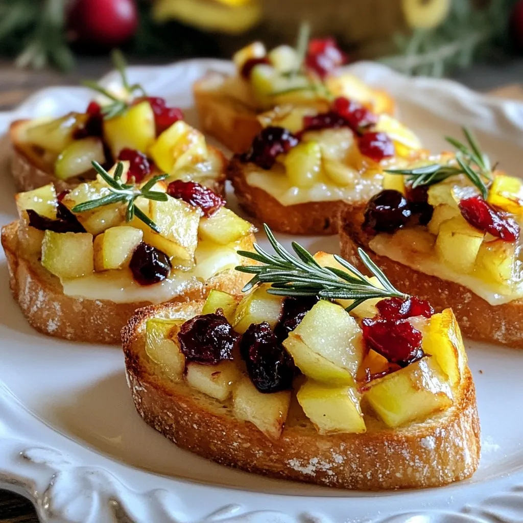 - 1 baguette, sliced into ½-inch thick pieces - 200g Brie cheese, sliced into thin rounds - 1 cup fresh cranberries, rinsed - 1 medium tart apple, peeled, cored, and diced (preferably Granny Smith) - ½ cup granulated sugar - ¼ cup water - 1 tablespoon fresh lemon juice - 1 tablespoon fresh rosemary, finely chopped (plus extra for garnish) - Olive oil, for drizzling - Salt and black pepper, to taste - Baking sheet - Medium saucepan - Knife and cutting board - Spoon for stirring - Measuring cups and spoons Each crostini contains approximately: - Calories: 120 - Protein: 4g - Fat: 7g - Carbohydrates: 12g - Fiber: 1g - Sugar: 3g These crostini offer a mix of flavors and textures. The creamy Brie pairs well with tart cranberries and sweet apples. Each bite is a burst of joy! Enjoy sharing this dish at your next gathering. {{ingredient_image_2}} First, you need to preheat your oven to 375°F (190°C). This step is key for toasting your crostini perfectly. A hot oven helps the bread turn golden and crisp. Next, grab your sliced baguette. Lay the pieces flat on a large baking sheet. Drizzle each slice with olive oil. Add a pinch of salt and black pepper for taste. Bake them in the oven for 10-12 minutes. Watch for them to turn golden brown and crispy. Now, let’s make the compote. In a medium saucepan, combine the rinsed cranberries, granulated sugar, water, and fresh lemon juice. Stir it occasionally over medium heat. Let it simmer for about 5-7 minutes. You want the cranberries to burst and thicken into a syrup. Once done, remove it from heat and mix in the diced apple and chopped rosemary. Let this cool a bit. Take your toasted crostini from the oven. Place a slice of Brie cheese on each piece. Pop the baking sheet back into the oven. Bake for another 3-5 minutes. Watch closely; you want the Brie to melt but not run off completely. Once the Brie melts, take the crostini out of the oven. Spoon the warm cranberry apple mixture over each piece of Brie. Let some of it spill over the sides for a nice look. To finish, sprinkle some extra chopped rosemary on top of each crostini. Serve them warm for a tasty, vibrant treat. These bites are sure to impress your guests with their flavor and color! To get the best crostini, start with a fresh baguette. Slice it into ½-inch thick pieces. This thickness ensures they get crispy but stay sturdy. Drizzle olive oil on each slice. Add a pinch of salt and black pepper. Toast them at 375°F for 10-12 minutes until golden brown. Keep an eye on them to avoid burning. A perfect crostini is crunchy on the outside and soft inside. You can mix things up by adding more herbs. Try thyme or sage for an earthy flavor. Just chop them finely and mix them into the cranberry apple compote. This adds depth and freshness. You can also sprinkle herbs on top of the finished crostini for extra color and flavor. Rosemary is a great choice since it pairs well with both Brie and apples. Pair these crostini with a nice white wine. A crisp Sauvignon Blanc works well. The acidity balances the rich Brie and sweet compote. If you prefer red wine, a light Pinot Noir is a good match. It complements the tartness of cranberries. Serve the wine chilled to enhance the flavors of your snack. Pro Tips Use Fresh Ingredients: Opt for the freshest cranberries and apples to enhance the flavors of your crostini. Fresh produce contributes to a brighter taste and better texture. Adjust Sweetness: Taste the cranberry apple compote before assembling. If you prefer a sweeter flavor, feel free to add more sugar gradually until it reaches your desired sweetness. Perfectly Melted Brie: Keep an eye on the Brie while it melts. You want it to be soft and slightly gooey, but not completely melted, to maintain structure on the crostini. Garnish for Flair: Enhance presentation by using additional rosemary or even some candied pecans on top. This not only adds visual appeal but also provides extra texture and flavor. {{image_4}} You can switch up the cheese for a new flavor. Try goat cheese for a tangy kick. Cream cheese gives a smooth texture, while sharp cheddar adds a nice bite. Each cheese brings its own charm to the crostini. Nuts or seeds can add crunch to your crostini. Chopped walnuts or pecans work well. Sunflower seeds or pumpkin seeds are great for a nut-free option. Just sprinkle them on top of the cranberry apple mix for extra texture. You can change the fruit with the seasons. In summer, use fresh peaches or strawberries. In fall, pears can add a sweet twist. Each fruit gives a different taste and keeps the crostini exciting throughout the year. To store leftover crostini, place them in an airtight container. Make sure they cool down first. Keep them in the fridge for up to three days. The bread may lose some crispness, but the flavors will still shine. If you want to keep the toppings separate, store the compote in a different container. This helps maintain the texture of the crostini. You can freeze the crostini for later use. First, let them cool completely. Then, place them in a single layer on a baking sheet. Freeze for about an hour until firm. Next, put the frozen crostini in a freezer bag or airtight container. They can last for up to three months. To enjoy, just reheat them in the oven. When you are ready to eat your crostini, preheat your oven to 350°F (175°C). Place the crostini on a baking sheet. Heat them for about 5-7 minutes until warm and crispy. If you stored the compote, warm it in a small pot over low heat. Once everything is hot, assemble your crostini again, adding the compote on top. Enjoy the delicious flavors all over again! Yes, you can make the compote ahead of time. Store it in an airtight container in the fridge for up to a week. This saves you time when preparing for your gathering. Just reheat it gently before serving. You can use Camembert or cream cheese as a substitute for Brie. These cheeses melt well and offer a creamy texture. If you want a stronger flavor, try goat cheese. Each option will add a unique taste to your crostini. Yes, you can use vegan cheese or cashew cheese as a substitute for Brie. Look for a brand that melts well. You can also make a cashew cream by blending soaked cashews with a bit of nutritional yeast for a cheesy flavor. To make this dish gluten-free, use gluten-free baguette slices. Many stores offer gluten-free bread options. Ensure that all other ingredients, like sugar and spices, are certified gluten-free to keep your dish safe for everyone. This blog covered all you need for tasty crostini. You learned about key ingredients, tools, and nutrition. I provided clear steps for making your dish, from preheating the oven to garnishing. Tips helped you perfect texture and flavor. Variations offered fun ideas to change things up. Finally, I shared helpful storage info and answered common questions. Enjoy making this dish! With these tips, you’ll impress any guest.