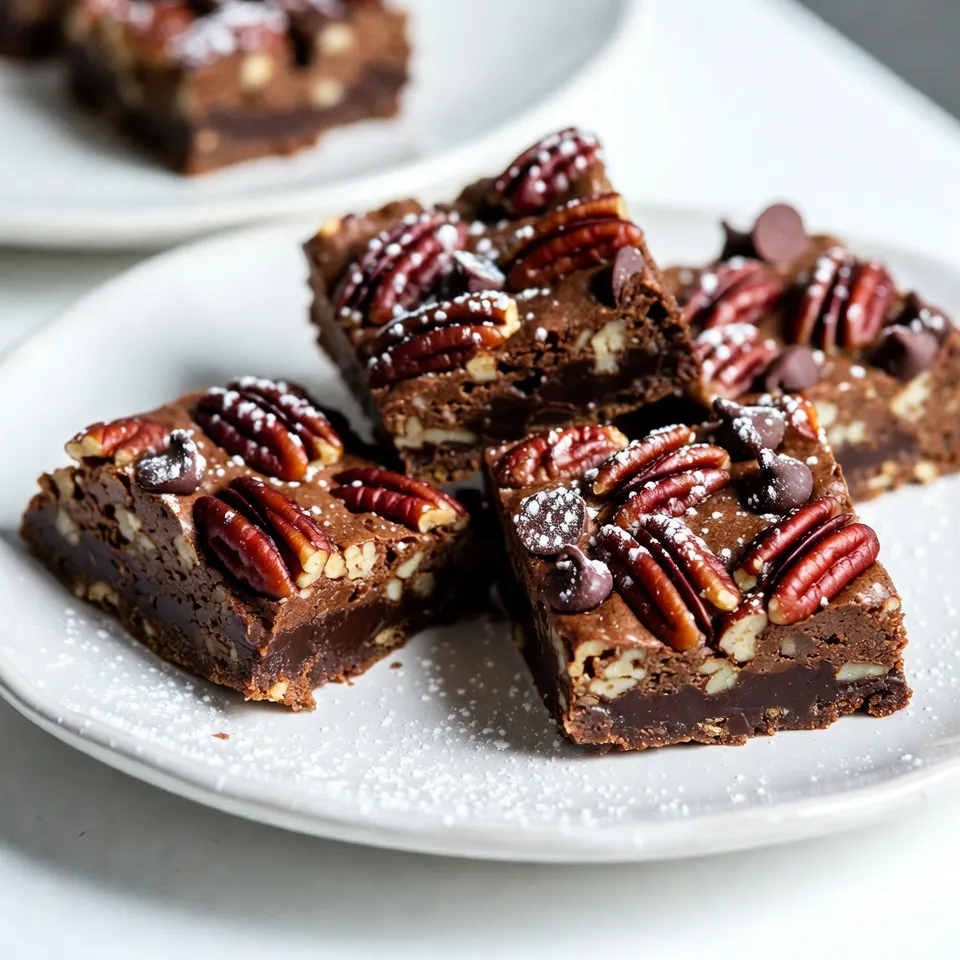 - 1 cup all-purpose flour - 1/2 cup unsweetened cocoa powder - 1/2 cup packed brown sugar - 1/4 teaspoon salt - 1/2 cup unsalted butter, softened - 1 cup pecans, coarsely chopped - 1 cup chocolate chips (semi-sweet or dark) - 3 large eggs - 3/4 cup corn syrup - 1/2 cup granulated sugar - 1 teaspoon pure vanilla extract - 1/4 teaspoon ground cinnamon To create these bars, I focus on quality and balance. The all-purpose flour gives the crust its structure. The unsweetened cocoa powder adds a rich chocolate flavor. I use both brown sugar and granulated sugar for a nice blend of sweetness. Corn syrup adds that classic sticky texture we love in pecan pie. The eggs help bind everything together, making the filling creamy and rich. - Pecan types (English, Southern) - Chocolate chips preferences (semi-sweet or dark) - Flavor enhancers (vanilla extract, ground cinnamon) For the pecans, I recommend using either English or Southern types. English pecans are softer, while Southern ones provide a crunchier bite. When it comes to chocolate chips, semi-sweet or dark can change the flavor profile. Use what you like best! Adding a splash of vanilla extract enhances the flavor. A sprinkle of ground cinnamon can bring warmth and depth. These optional ingredients let you personalize your bars for your taste. {{ingredient_image_2}} Preheat your oven to 350°F (175°C). This step is key to a great crust. In a medium bowl, mix together: - 1 cup all-purpose flour - 1/2 cup unsweetened cocoa powder - 1/2 cup packed brown sugar - 1/4 teaspoon salt Use a whisk to blend these dry ingredients well. Next, add in 1/2 cup of softened unsalted butter. Mix it with a fork or pastry cutter until it looks like coarse crumbs. Press this mixture evenly into the bottom of a greased 9x9-inch baking dish. Bake this crust for 15 minutes, then remove it and let it cool slightly. In a large bowl, crack 3 large eggs. Add in: - 3/4 cup corn syrup - 1/2 cup granulated sugar - 1 teaspoon pure vanilla extract - 1/4 teaspoon ground cinnamon Whisk these ingredients together until the mixture is smooth and well combined. This creates a rich base for your filling. Next, gently fold in: - 1 cup pecans, coarsely chopped - 1 cup chocolate chips Make sure the nuts and chocolate are evenly mixed in. This adds a delightful crunch and sweetness. Once your crust is ready, pour the filling over the warm crust. Use a spatula to spread it evenly. This ensures every bite has a perfect balance of flavors. Return the baking dish to the oven and bake for about 25-30 minutes. You know it's done when the filling is set and puffs slightly. A toothpick inserted in the center should come out with a few moist crumbs, not liquid batter. After baking, allow the bars to cool completely in the pan on a wire rack for about 1 hour. This cooling time is important. It helps the bars set and makes cutting easier. Once cooled, use a sharp knife to cut into squares or bars. Clean the knife between cuts for neat edges. Enjoy your delicious creation! To get a great texture, focus on the crust first. Make sure the butter is soft. Mix your dry ingredients well before adding butter. You want a crumbly mix, not a paste. Press the mixture firmly into your baking dish. This helps the crust hold together. Bake it for just 15 minutes. This gives it a nice base for the filling. Now, for the filling, whisk the eggs until smooth. Mix in the corn syrup and sugars. This will ensure an even blend. When you fold in the pecans and chocolate, be gentle. You want them spread out, not mashed. After baking, let the bars cool completely. If you cut them too soon, they may crumble. To make your bars look fancy, dust them with powdered sugar. This simple touch makes a big difference. You can also serve them with vanilla ice cream. The creaminess balances the sweet and rich flavors. Pair these bars with a warm cup of coffee. The bitterness of coffee complements the sweetness of the pie. If you prefer something sweeter, try dessert wine. This pairing makes for a delightful treat. Pro Tips Chill the Dough: If your dough is too soft to press into the pan, chill it in the refrigerator for about 15-20 minutes. This will make it easier to handle and help it hold its shape while baking. Use Quality Chocolate: Choose high-quality chocolate chips for the best flavor. Dark chocolate can add a rich depth to the bars, while semi-sweet offers a nice balance of sweetness. Don’t Overbake: Keep an eye on the bars while baking. Overbaking can lead to a dry filling. The edges should be set, but the center can have a slight jiggle when you take them out of the oven. Store Properly: To keep your bars fresh, store them in an airtight container at room temperature for up to a week. You can also freeze them for longer storage—just make sure to wrap them well! {{image_4}} You can have fun with different nuts in your Chocolate Bourbon Pecan Pie Bars. Try using walnuts or hazelnuts instead of pecans. Each nut adds its own unique flavor and texture. Walnuts give a slightly bitter taste, while hazelnuts add a sweet, nutty flavor. You can mix and match to find your favorite nut combo! Another way to change the flavor is by adding different liqueurs. While bourbon is the classic choice, you can use rum or even brandy. Each liqueur brings a new depth to the bars. Just be careful not to add too much; a little goes a long way! If you want to make these bars gluten-free, you can swap the all-purpose flour for a gluten-free blend. Many brands offer blends that work well in baked goods. This change keeps the texture and taste similar to the original recipe. For those watching their sugar, you can use a sugar substitute. Options like stevia or erythritol can reduce sugar without losing sweetness. Always check the package for the right amount to use since these substitutes can vary in sweetness. Enjoy your delicious treat while sticking to your dietary goals! To keep your Chocolate Bourbon Pecan Pie Bars fresh, use airtight containers. Glass or plastic containers work well. Make sure they seal tightly. If you plan to keep them at room temperature, place them in a cool, dry spot. Avoid sunlight to prevent melting chocolate. For longer storage, refrigeration is best. Place the bars in the fridge for added freshness. Just remember to let them sit at room temperature for a few minutes before serving. Chocolate Bourbon Pecan Pie Bars can stay fresh for up to one week when stored properly. If you want to keep them longer, freezing is a great option. Wrap the bars in plastic wrap and then in aluminum foil. This helps prevent freezer burn. You can freeze them for up to three months. When you're ready to enjoy, thaw them in the fridge overnight. Then, let them sit out for about 30 minutes before serving. This way, they regain their delicious texture and flavor. Can I make these bars ahead of time? Yes, you can make these bars ahead of time. They taste even better after a day in the fridge. Just store them in an airtight container. This keeps them fresh and moist. What’s the best way to reheat leftovers? To reheat leftovers, set your oven to 350°F (175°C). Place the bars on a baking sheet. Heat them for about 10 minutes. This warms them up without making them dry. You can also use the microwave for a quick heat-up. Just heat for about 15-20 seconds. Can I make these without bourbon? You can definitely make these without bourbon. Just leave it out and add a bit more vanilla extract. This will keep the flavor rich and sweet. You won’t miss the bourbon at all! Now you know how to make Chocolate Bourbon Pecan Pie Bars. We covered all the great ingredients, easy steps, and fun tips. You learned about crust, filling, and variations to try. Don’t forget storage tips for freshness. Each bar is a blend of flavors you can share and enjoy. Explore your creativity in the kitchen. With this recipe, you can impress friends and family. Enjoy your baking adventure and savor every bite!