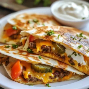 - 1 lb ground beef - 1 teaspoon garlic powder - 1 teaspoon onion powder - 1 teaspoon smoked paprika - Salt and pepper to taste - 4 large flour tortillas - 2 cups shredded cheddar cheese - 1 cup shredded lettuce - 1 medium tomato, diced - 1/2 cup diced pickles - 1/2 cup sour cream (for serving) - 1 tablespoon vegetable oil The main ingredients for smashburger quesadillas create a tasty treat. Ground beef serves as the base. I love the blend of garlic powder, onion powder, and smoked paprika for flavor. The flour tortillas hold everything together. Shredded cheddar cheese melts beautifully and adds creaminess. Fresh lettuce, diced tomatoes, and pickles add crunch and zest. Sour cream on the side makes each bite even better. Each serving of smashburger quesadillas contains around 500 calories. The protein comes from the beef and cheese, making up about 25 grams. The fats largely come from cheese and beef, totaling about 30 grams. Carbohydrates come mainly from tortillas and veggies, adding around 40 grams. This balance offers a filling meal that satisfies hunger. Be aware of potential allergens in this recipe. The flour tortillas contain gluten, so they are not suitable for those with gluten sensitivity. The cheese and sour cream contain dairy, which may affect people with lactose intolerance. Always check labels if you have allergies. {{ingredient_image_2}} To start, mix the ground beef with seasonings. In a bowl, add 1 teaspoon each of garlic powder, onion powder, and smoked paprika. Season with salt and pepper to taste. Use your hands to blend the spices evenly into the beef. This ensures every bite is full of flavor. Next, form the beef into four equal balls. This step helps you cook them evenly. Each ball should be about the size of a golf ball. Now, heat a skillet over medium-high heat. Add 1 tablespoon of vegetable oil and let it warm up. When the oil shimmers, it&rsquo;s ready. Place the beef balls in the skillet. Use a spatula to smash each ball down into a flat patty. This is where the name &ldquo;smashburger&rdquo; comes from! Sear the patties for 2-3 minutes. You want a golden-brown crust. Flip them and cook for another 2-3 minutes until fully cooked. This ensures they are juicy and flavorful. Remove the patties and set them on a plate. In the same skillet, lower the heat to medium. Take a large flour tortilla and place it in the skillet. On one half of the tortilla, sprinkle a generous layer of shredded cheddar cheese. Then, place one cooked beef patty on top. Add layers of shredded lettuce, diced tomatoes, and pickles. For extra flavor, add more cheese on top. Carefully fold the tortilla in half over the filling. This will help keep all the tasty ingredients inside. Let the quesadilla cook for about 3-4 minutes. Check the bottom side; it should be golden brown. The cheese should start melting, which is a good sign! Now, use a spatula to flip the quesadilla gently. Cook for another 2-3 minutes, until both sides are crispy and golden. When done, remove the quesadilla from the skillet. Let it cool for a minute before slicing it into wedges. This cooling step helps keep the cheese from oozing out. Serve each quesadilla warm. I love to pair them with a side of sour cream for dipping. You can also add some chopped fresh herbs for color. Cilantro works great! Arrange the quesadilla wedges on a platter for a fun presentation. This makes it easy for everyone to grab a piece and enjoy! To make the meat tasty, season it well. Use garlic powder, onion powder, and smoked paprika. Mix them evenly into the ground beef. This makes each bite full of flavor. Smashing the meat is key. After you heat your skillet and add oil, form beef balls. Place them in the skillet and smash down with a spatula. This creates a nice crust. Cook for about 2-3 minutes per side. This technique seals in the juices. For the best melt, use cheddar cheese. It gets gooey and delicious when heated. You can also try pepper jack for a spicy kick. Avoid soggy quesadillas by not adding too much filling. Too much moisture can make the tortillas limp. Stick to a good amount of cheese and just a few toppings. This keeps the quesadillas crispy. Cutting quesadillas is easy. Use a sharp knife to slice them into wedges. This makes them easy to grab and eat. For plating, arrange the wedges on a nice platter. You can add fresh herbs on top for color. Serve with a small bowl of sour cream in the center. This not only looks good but also adds a tasty dip. Pro Tips Use Fresh Ingredients: Fresh produce and quality ground beef will enhance the flavor of your quesadillas, making them more enjoyable. Don&rsquo;t Overfill: While it might be tempting to add lots of fillings, overfilling can make it difficult to cook the quesadilla evenly and can lead to spills. Let the Quesadillas Rest: After cooking, let the quesadillas sit for a minute before slicing. This helps the cheese set and makes for cleaner cuts. Experiment with Cheese: While cheddar is delicious, try mixing different cheeses like Monterey Jack or Pepper Jack for added flavor and creaminess. {{image_4}} You can switch up the meat in your quesadillas. Ground turkey or chicken makes a great option. Both are leaner than beef but still pack a punch. You can season them just like the beef. For a meat-free meal, try using beans or lentils instead. They add fiber and protein. You can also use plant-based ground meat for a vegan version. This way, you still get that hearty bite. Cheese is a key part of quesadillas. While cheddar is classic, you can try other types. Pepper jack adds a spicy kick. Monterey Jack melts smoothly, giving a creamy texture. For a bold flavor, try blue cheese or feta. Mixing different cheeses can create a rich taste. You can combine sharp and mild cheeses for depth. Want to make your quesadillas even better? Add extra toppings! Diced bell peppers and onions give a sweet crunch. Spicy jalape&ntilde;os can heat things up. Avocado slices add creaminess. You can also drizzle ranch or hot sauce for extra flavor. Don&rsquo;t forget fresh herbs like cilantro. They brighten up every bite. To keep your leftover quesadillas fresh, store them in the fridge. Wrap each quesadilla tightly in plastic wrap. You can also place them in an airtight container. This helps prevent them from getting dry or soggy. For longer storage, you can freeze the quesadillas. Just wrap them well in plastic wrap, then put them in a freezer bag. They can last in the freezer for up to three months. When it's time to eat your leftovers, you have two great options: the oven or the microwave. - Oven: Preheat your oven to 350&deg;F (175&deg;C). Place the quesadillas on a baking sheet. Heat them for about 10-15 minutes. This keeps them crispy. - Microwave: If you're in a hurry, use the microwave. Place the quesadilla on a microwave-safe plate. Heat for about 1-2 minutes. This method is quick but may make them a bit soft. Leftover quesadillas last about 3-4 days in the fridge. Make sure to check for any signs of spoilage before you eat them. If they look or smell off, it&rsquo;s best to throw them away. To make quesadillas crispy, use a hot skillet and enough oil. Start by preheating your skillet over medium-high heat. Add a tablespoon of vegetable oil and let it get hot. Use large flour tortillas for a better crunch. When you assemble the quesadilla, don&rsquo;t overload it with fillings. This helps keep the tortilla crisp. Cook the quesadilla for about 3-4 minutes on one side. Flip it and cook for another 2-3 minutes. This gives you that golden-brown finish. Yes, you can easily make this recipe gluten-free. Look for gluten-free tortillas made from rice or corn. Many brands offer tasty options that hold up well. Check labels to ensure they are certified gluten-free. These tortillas work just like regular ones. You can still enjoy all the flavors in Smashburger Quesadillas. You can serve Smashburger Quesadillas with various tasty sides. Try a fresh salad with lettuce, tomatoes, and cucumbers for a light touch. Guacamole or salsa adds great flavor, too. Sour cream is a classic dip that pairs perfectly. You might also enjoy some tortilla chips on the side for extra crunch. These sides enhance the overall meal experience. Yes, you can make quesadillas in advance. Prepare the beef filling and assemble the quesadillas. Place them on a baking sheet and cover them with plastic wrap. Store them in the fridge for up to a day. When you&rsquo;re ready to eat, heat a skillet and cook as usual. You can also freeze assembled quesadillas. Just make sure to separate them with parchment paper. They will last in the freezer for about three months. You learned how to make delicious quesadillas. We covered all the key steps, from the right ingredients to cooking tips. Remember, the ground beef needs good seasoning, and melting the cheese is key. Don&rsquo;t forget to try different toppings or proteins for fun variations. With proper storage and reheating, you can enjoy these again. Now, gather your ingredients, follow the steps, and create your own tasty meal! Enjoy your cooking adventure with these quesadillas!