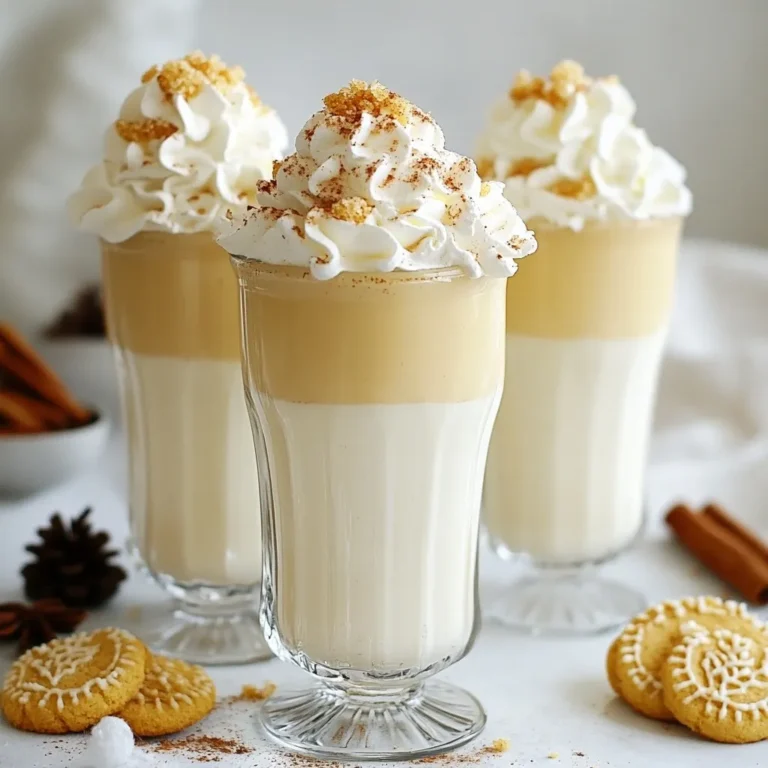 To create the Sugar Cookie Eggnog Cocktail, you need a mix of delightful ingredients. Each one adds flavor and fun to the drink. - 2 cups rich eggnog - 1/2 cup creamy vanilla almond milk - 1/4 cup granulated sugar - 1 teaspoon ground cinnamon - 1 teaspoon freshly grated nutmeg - 1 teaspoon pure vanilla extract - 1/2 teaspoon almond extract - Whipped cream for luxurious garnish - Crushed sugar cookies for a delightful topping Each ingredient contributes to a festive experience. The rich eggnog brings warmth while the almond milk gives a creamy touch. Sugar and spices enhance the sweetness and flavor. Freshly grated nutmeg adds a unique touch. The whipped cream and crushed cookies top off the drink perfectly. {{ingredient_image_2}} Start with a large mixing bowl. Pour in 2 cups of rich eggnog and 1/2 cup of creamy vanilla almond milk. Use a whisk to mix them well until smooth. This makes a great base for your cocktail. Next, add 1/4 cup of granulated sugar, 1 teaspoon of ground cinnamon, and 1 teaspoon of freshly grated nutmeg. Include 1 teaspoon of pure vanilla extract and 1/2 teaspoon of almond extract. Whisk again until all the ingredients blend perfectly. This step is key to getting the right sweetness and spice. Chilling your mixture is important. It helps the flavors mix and become richer. Cover the bowl with plastic wrap. Place it in the refrigerator for about 30 minutes. This short wait makes your drink more refreshing and tasty. Once chilled, take the mixture out of the fridge. Carefully pour it into frosted glasses or festive mugs. This step adds a nice touch to your drink. Now, generously top each glass with a dollop of whipped cream. Let it flow over the edges for a beautiful look. Finally, sprinkle crushed sugar cookies on the whipped cream. This adds a delicious crunch and makes it extra special. For a final touch, you can dust a bit of ground cinnamon or freshly grated nutmeg on top. Enjoy your festive drink! You can adjust the sweetness and spice levels of your Sugar Cookie Eggnog Cocktail. If you like it sweeter, add more granulated sugar. For a spicier drink, increase the ground cinnamon or nutmeg. Taste it as you go to find your perfect mix. For garnishes, you can switch things up! Try adding crushed peppermint for a minty twist. Or, use colored sprinkles for a fun look. Get creative with what you have at home. Choosing the right glass or mug can boost your drink’s appeal. Frosted glasses work well, as they keep the drink cool and look festive. You can also use cute holiday mugs to add warmth to the presentation. For extra flair, consider decorative toppings. A drizzle of caramel or chocolate syrup can add sweetness and style. A sprinkle of extra spices on top can also make your drink pop visually. One common mistake is over-mixing the ingredients. Mix just until combined to keep the texture light and smooth. If you mix too much, it can affect the drink's final texture. Another mistake is skipping the chilling step. This step enhances the flavors and makes the drink refreshing. Make sure to chill the mixture for at least 30 minutes before serving. Pro Tips Chill Your Ingredients: For an extra refreshing drink, chill your eggnog and almond milk before mixing. This will enhance the overall flavor and make it more enjoyable. Customize Your Spices: Feel free to adjust the amount of cinnamon and nutmeg according to your taste. If you love a spicier profile, add a pinch more for a delightful kick! Presentation Matters: Serve your drink in frosted glasses or festive mugs to create a stunning visual appeal. This small touch can elevate the entire experience. Make It Ahead: Prepare the mixture a few hours in advance and let it chill longer for even better flavor infusion. This makes it perfect for parties or gatherings. {{image_4}} For a fun non-alcoholic treat, swap out any spirits. Use extra vanilla almond milk for a creamy base. You can also add a splash of coconut milk for a tropical twist. This keeps the flavor rich and festive. Want to spice it up? Add spirits like rum, bourbon, or vodka. For a smooth taste, use 1.5 ounces of your choice. This amount balances the rich flavors of the eggnog. Adjust based on your taste for a stronger drink. Incorporate seasonal flavors for a unique touch. Try adding peppermint extract for a minty kick. Or, stir in some pumpkin spice to highlight fall vibes. You can also use gingerbread cookies instead of sugar cookies for a holiday twist. Get creative and make it festive! To keep your Sugar Cookie Eggnog Cocktail fresh, place leftovers in a covered container. Store the container in the fridge. It's best to enjoy it within three days. Chilling helps keep the drink cool and tasty. If you want to save the cocktail longer, you can freeze it. Pour the drink into a freezer-safe container, leaving some space at the top. This allows for expansion. When you want to enjoy it, take it out and let it thaw in the fridge overnight. Avoid using a microwave, as this can change the texture. Don't waste leftover eggnog or cookies! Use extra eggnog in a breakfast smoothie or a coffee drink. Crushed sugar cookies make a fun topping on ice cream. You can also bake cookie bars or a festive trifle using any remaining cookies. These ideas keep your kitchen creative while minimizing waste. Yes, you can use store-bought eggnog. Brands like Silk, Horizon, and Organic Valley make great options. Look for eggnog that is rich and creamy. This will help you get the best flavor for your Sugar Cookie Eggnog Cocktail. The Sugar Cookie Eggnog Cocktail lasts about 3 days in the fridge. Keep it in a sealed container to maintain freshness. After 3 days, the flavors may fade, so drink it while it’s still tasty. You can make this cocktail ahead of time. Prepare the mixture and chill it in the fridge. Just wait to add the whipped cream and crushed cookies until serving. This keeps the toppings fresh and crunchy. You can use regular milk, oat milk, or coconut milk instead of almond milk. Each will change the flavor a bit. Regular milk is creamy, oat milk is sweet, and coconut milk adds a tropical twist. Choose what you like best! This blog covered how to make a delightful Sugar Cookie Eggnog Cocktail. We mixed rich eggnog with creamy almond milk, sugar, and spices to create a tasty base. I shared tips on chilling for the best flavor and serving ideas with whipped cream and cookies. Remember, you can customize the sweetness and avoid common mistakes like over-mixing. Enjoy this festive drink, whether you stick to the classic recipe or try fun variations. It’s perfect for holiday gatherings or cozy nights at home. Now, you’re ready to impress your guests or treat yourself!