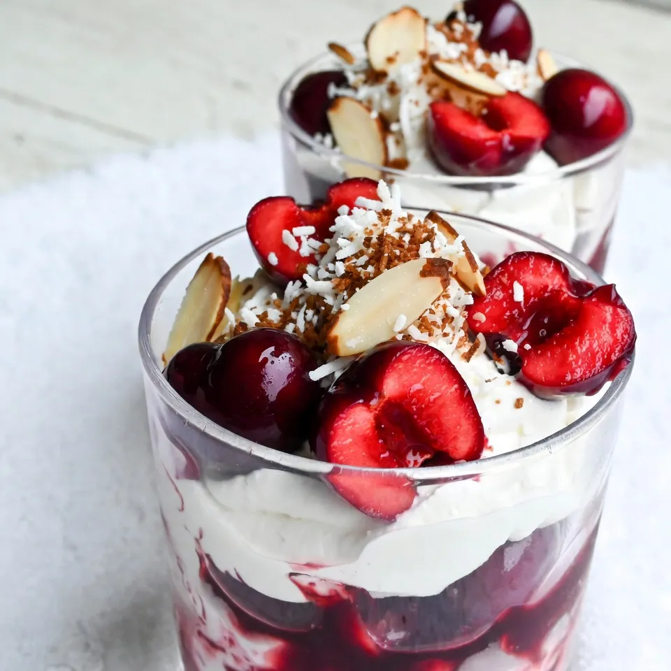 You can use either fresh or frozen cherries for this dessert. If you choose fresh cherries, make sure they are ripe and sweet. You will need 2 cups of cherries, pitted and halved. Frozen cherries are a great option too. They are easy to use and save time. If you pick frozen, allow extra time to heat them through. For sweetness, we add 1/2 cup of granulated sugar. This sugar helps the cherries create a lovely syrup. To enhance the flavor, add 1 tablespoon of freshly squeezed lemon juice and 1 teaspoon of pure vanilla extract. The lemon adds a nice zing, while the vanilla gives warmth to the dish. You will need 1 cup of heavy whipping cream. This cream is key to making the dessert light and fluffy. Whip it until it holds stiff peaks. For added sweetness, mix in 1/2 cup of powdered sugar and 1 teaspoon of almond extract. To finish, top each serving with 1/4 cup of toasted slivered almonds and a sprinkle of fluffy shredded coconut. These garnishes not only taste great but also look beautiful, mimicking snow on cherries. {{ingredient_image_2}} Start by pitting and halving your cherries. You can use fresh or frozen cherries. In a medium saucepan, mix the cherries, granulated sugar, lemon juice, and vanilla extract. Heat it on medium. Stir this mix often. Cook until the cherries soften and the mix thickens, about 8-10 minutes. If you use frozen cherries, it may take longer. Once it thickens, remove it from heat. Let it cool to room temperature. This cooling time helps the flavors blend. While the cherry mix cools, take a large mixing bowl. Pour in the heavy whipping cream. Use an electric mixer to whip the cream. Beat it until you see soft peaks form. Slowly add the powdered sugar and almond extract. Keep whipping until the cream is thick and holds its shape. This whipped cream will add a light, fluffy texture to your dessert. Grab some clear serving glasses or bowls. To start, spoon a layer of the cherry mixture into the bottom of each glass. Next, add a generous layer of whipped cream. Repeat these layers until you use all the cherry mix and cream. Make sure the top layer is whipped cream. To finish, sprinkle each dessert with toasted slivered almonds and some fluffy shredded coconut. This will make it look like snow on cherries. Finally, chill the desserts in the fridge for at least one hour. This time allows the flavors to mix well and helps the dessert firm up. To make the best whipped cream, start with cold heavy cream. Cold cream whips better. Use a clean bowl and beaters. This helps the cream whip fast. Whip until soft peaks form, then add powdered sugar and almond extract. Keep whipping until you see stiff peaks. Stiff peaks hold their shape well. This cream will top your dessert perfectly. You can boost the flavor of your cherries. Try adding a splash of orange juice for bright notes. A pinch of cinnamon can add a warm touch. If you like a bit of spice, a dash of nutmeg works well too. For a more complex flavor, consider adding a splash of cherry liqueur. This makes the dessert even more special and festive. Presentation makes a difference. Use clear glass cups to show off the layers. This makes it look beautiful. Top with slivered almonds and a sprinkle of coconut. This adds texture and a snowy look. A sprig of mint can brighten the dish. It adds color and a fresh scent. The right presentation makes your dessert shine. Pro Tips Use Fresh Cherries: For the best flavor and texture, opt for fresh cherries when in season. They will enhance the overall taste of the dessert significantly. Chill the Cream: Ensure your heavy whipping cream is very cold before whipping. This helps achieve the best volume and stiffness for your whipped cream. Layering Technique: When layering the dessert, start with cherries and finish with whipped cream to create a visually appealing presentation. Garnish Ideas: Experiment with different garnishes like crushed pistachios or a drizzle of chocolate sauce for a unique twist on the classic presentation. {{image_4}} You can switch out cherries for other fruits. Strawberries add a sweet touch. Peaches bring a nice summer flavor. Blueberries add a pop of color and taste great, too. You can even mix different fruits for a fun twist. Think about your favorite fruits and try them in this dessert. While heavy cream makes this dessert rich, you can try other creams. Coconut cream offers a dairy-free option. It adds a lovely tropical taste. Greek yogurt gives a tangy flavor and adds protein. You can also use whipped topping for a lighter version. Just ensure it holds its shape well. Serve Cherries in the Snow in clear cups to show off the layers. A sprig of mint on top adds color and freshness. You can also pair this dessert with shortbread cookies for extra crunch. Another idea is to serve it alongside vanilla ice cream for a creamy contrast. Each serving can be a bit different based on your choices! To keep your Cherries in the Snow fresh, store leftovers in an airtight container. Place it in the fridge. This helps the dessert stay cool and tasty. Make sure to consume the dessert within three days for the best flavor. If the whipped cream starts to weep, it may not taste as good. You don’t need to reheat this dessert. Cherries in the Snow is best served cold. If you want to enjoy it warm, you can gently heat the cherry mixture on the stove. Just warm it up slowly on low heat. Stir it often, so it doesn’t burn. Serve the warm cherry mix over the chilled whipped cream if you like a warm twist. Fresh cherries last about a week in the fridge. If you use frozen cherries, they can stay good for months in the freezer. Heavy cream lasts about a week after opening. Always check the date on the container. If any ingredient looks or smells off, it’s best to throw it away. Keeping an eye on your ingredients ensures that your dessert tastes its best! Yes, you can use frozen cherries. They work well and provide great flavor. Just remember to cook them a bit longer. This allows them to become tender and warm. Follow the same steps as with fresh cherries. The key is to ensure they heat through and create a nice syrup. You can store Cherries in the Snow for about three days in the fridge. Just keep it covered to prevent drying out. The flavors get better as it sits, but the whipped cream may lose some texture. If you want the best taste, serve it fresh. If you need a substitute for heavy cream, you can use coconut cream or whipped coconut milk. Both options add a rich taste. They also work well in recipes for a dairy-free option. Just make sure to whip it until you get the right consistency. In this blog post, I covered how to make a delicious cherry dessert. You learned about fresh and frozen cherries, best sweeteners, and how to whip cream. I also shared tips for perfect presentation and flavor tweaks. You can even try different fruits or creams. Remember to store leftovers properly for the best taste later. Enjoy making this treat! It’s fun, easy, and sure to impress.
