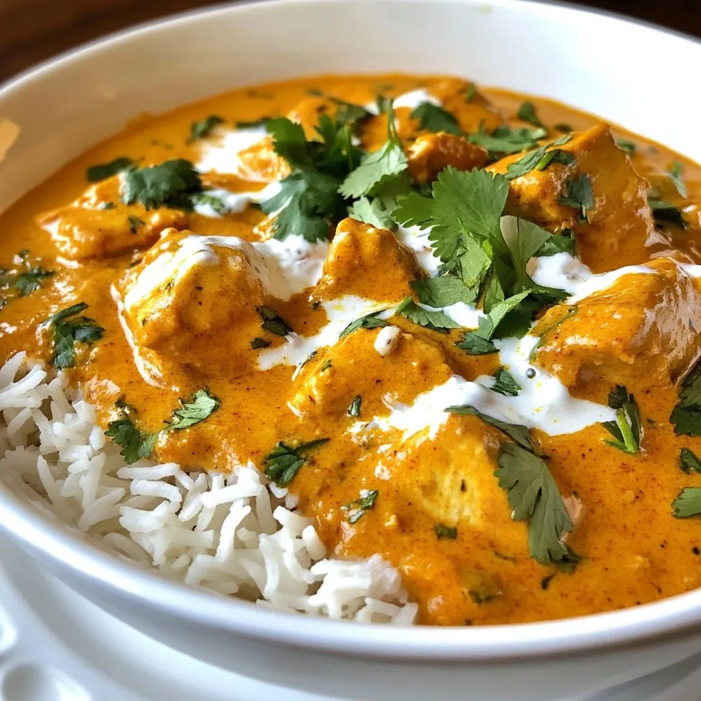 To make Easy Butter Chicken, you need the following main ingredients: - 500g chicken breast, cut into bite-sized pieces - 1 cup plain yogurt - 2 tablespoons ginger-garlic paste - 2 teaspoons garam masala - 1 teaspoon turmeric powder - 1 teaspoon chili powder - 2 tablespoons ghee (or butter) - 1 large onion, finely chopped - 1 can (400g) crushed tomatoes - 1 cup heavy cream - 1 tablespoon sugar - Salt to taste - Fresh cilantro, finely chopped, for garnish These ingredients combine to create a rich, creamy sauce that clings to the chicken, making every bite delicious. You will need a few tools to make this dish easier: - A medium bowl for marinating the chicken - A large skillet or pan for cooking - A sharp knife for chopping - A cutting board - Measuring cups and spoons - A spatula or wooden spoon for stirring Having these tools ready will help you cook smoothly and efficiently. Using fresh ingredients can elevate your dish. Here are some tips: - Chicken: Fresh chicken is often more tender and flavorful. If you use frozen, thaw it fully before cooking. - Yogurt: Choose plain yogurt without added sugars for the best taste. - Spices: Fresh spices have stronger flavors than older ones. Check your spice cabinet for freshness. - Onions and Tomatoes: Fresh onions and canned tomatoes work well. Fresh tomatoes add brightness, while canned ones save time. These choices can make your butter chicken even better! {{ingredient_image_2}} To start, you need to marinate the chicken. In a medium bowl, mix the chicken pieces with plain yogurt, ginger-garlic paste, garam masala, turmeric, and chili powder. Make sure every piece is covered well. Cover the bowl and let it sit. For the best taste, leave it in the fridge for at least 30 minutes, or up to 2 hours. Next, it’s time to sauté the onions. Take a large skillet and heat the ghee over medium heat. Once it melts, add the finely chopped onion. Stir the onions for 5 to 7 minutes. You want them soft and golden brown. This step builds a nice base flavor for your dish. Now, add the marinated chicken and its marinade to the skillet. Cook it for about 8 to 10 minutes. Stir often so all the chicken cooks evenly. You want it to be fully cooked and not pink in the center. After that, add the crushed tomatoes. Stir well and let it simmer for around 10 minutes. This helps all the flavors mix and thickens the sauce. Once the sauce has thickened, reduce the heat to low. Carefully pour in the heavy cream and sugar. Stir everything together until well combined. Let it cook for another 5 minutes. This will warm up the dish but avoid boiling. Now taste your sauce and add salt as needed. You can also tweak spices to fit your taste. Finally, remove the skillet from heat. Garnish your butter chicken with freshly chopped cilantro. For a lovely presentation, serve it in a large bowl. A drizzle of heavy cream on top looks great too. Pair this dish with fluffy basmati rice or warm naan bread for a complete meal. Enjoy! To make the best butter chicken, ensure you marinate the chicken well. A longer marination time gives more flavor. Aim for at least 30 minutes, but 2 hours is ideal. Use ghee for a rich taste, but butter works too. Sauté the onions until golden brown; this adds depth to your dish. Always taste your sauce before serving. Adjust the salt and spices as needed. One common mistake is not marinating the chicken long enough. This can lead to bland meat. Another mistake is cooking the onions too quickly. They should be soft and sweet, not burnt. Avoid boiling the cream; it can curdle. Instead, let it warm gently. Lastly, don’t skip the sugar. It balances the acidity of the tomatoes. To control spice levels, start with less chili powder. You can always add more later. If the dish is too spicy, add a bit more cream. This will tone down the heat. For a milder taste, use less garam masala in the marinade. If you want extra flavor without heat, try adding more ground cumin or coriander. Pro Tips Marination Magic: The longer you marinate the chicken, the more flavorful and tender it will be. Aim for at least 2 hours in the refrigerator for best results. Spice Adjustment: Feel free to adjust the amount of chili powder to suit your heat preference. Start with less and add more if you like it spicy! Ghee vs. Butter: Ghee provides a rich, nutty flavor that enhances the dish, but if you don't have it, high-quality unsalted butter is a great substitute. Perfect Pairings: This butter chicken pairs beautifully with fluffy basmati rice or warm naan bread, creating a comforting and satisfying meal. {{image_4}} You can easily make butter chicken vegetarian or vegan. For a vegetarian dish, swap chicken for paneer or tofu. Use the same marinade with yogurt for paneer. For tofu, use firm tofu and press it to remove water. If you want a vegan option, replace yogurt with coconut yogurt and use vegetable ghee. You can also try chickpeas for protein. The cooking steps stay the same. Want to jazz up your butter chicken? Here are some ideas: - Cumin: Add a teaspoon for a warm, earthy taste. - Cardamom: One or two pods can add a sweet note. - Fenugreek Leaves: A pinch adds a lovely aroma. - Lemon Juice: A splash at the end brightens the dish. Experiment with different spices to find your favorite mix. You can also add veggies like spinach or bell peppers for extra flavor and nutrition. Butter chicken pairs well with many sides. Here are my favorites: - Basmati Rice: Fluffy rice soaks up the sauce perfectly. - Naan Bread: Warm naan is great for scooping. - Raita: This yogurt dip cools the spice. - Salad: A light salad balances the meal. Serve your butter chicken with one or more of these options for a complete feast. Enjoy each bite! To keep your butter chicken fresh, place it in an airtight container. Make sure it cools down first. You can store it in the fridge for up to three days. If you want to keep it longer, freezing is a great option. When you’re ready to eat your leftovers, take them out of the fridge. You can reheat butter chicken in a pan over medium heat. Stir it often to avoid sticking. You can also use the microwave. Heat in short bursts, stirring in between, until hot. Add a splash of water or cream if it seems thick. For long-term storage, freeze the butter chicken in a freezer-safe container. It can last for up to three months. Label the container with the date. When you want to enjoy it again, thaw it in the fridge overnight. Reheat as mentioned above. Butter chicken is a creamy dish from India. It uses chicken cooked in a rich, spiced tomato sauce. The sauce has yogurt and cream, making it very tasty and smooth. This dish is popular for its blend of spices, which gives it a warm flavor. You can serve it with rice or naan. Yes, you can make butter chicken in advance. I suggest cooking it all and letting it cool. Then, store it in an airtight container. It can last in the fridge for up to three days. You can also freeze it for up to three months. When ready to eat, just reheat it on the stove or in the microwave. To make butter chicken spicier, add more chili powder. You can also use fresh green chilies for extra heat. Another option is to add a pinch of cayenne pepper. Start with a little, then taste and adjust. This way, you can find the perfect spice level for you. If you don’t have ghee, you can use unsalted butter. Olive oil is also a good choice. Both options will work well in the recipe. They will still give your dish a rich flavor. You learned about the key ingredients and tools for easy butter chicken. I shared step-by-step instructions to make it right. You also found tips to avoid common mistakes and explore tasty variations. Lastly, I covered how to store leftovers and answered frequently asked questions. Now, you can impress friends and family with your butter chicken. Enjoy making this dish in your kitchen. Happy cooking!